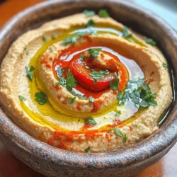 To make a tasty roasted red pepper hummus, you need simple ingredients. Gather the following: - 1 cup canned chickpeas, drained and rinsed - 1 red bell pepper, roasted (store-bought or homemade) - 3 tablespoons tahini - 2 tablespoons olive oil - 1 clove garlic, minced - Juice of 1 lemon - 1/2 teaspoon ground cumin - Salt and pepper to taste - Water, as needed for desired consistency - Optional: Paprika and parsley for garnish These ingredients blend together to create a smooth, creamy dip. The roasted red pepper adds a sweet and smoky flavor. The chickpeas give it a nice base, while tahini adds richness. Olive oil enhances the taste and helps with texture. Garlic and lemon give it a fresh kick. Ground cumin adds a warm spice note. This hummus makes a great snack or appetizer. For the full recipe, refer to the earlier section. To start, you need to roast the red bell pepper. If you choose to do it at home, preheat your oven to 450°F (230°C). Place the whole bell pepper on a baking sheet. Roast it for about 25-30 minutes. Turn the pepper a few times. This helps the skin char evenly. Once it's done, take it out of the oven. Place it in a bowl and cover it with plastic wrap for 10 minutes. This steams the pepper and makes peeling easy. After it cools, peel off the charred skin. Remove the seeds and set the pepper aside. Next, it’s time to blend the ingredients. In a food processor, combine the drained chickpeas, the roasted red pepper, tahini, olive oil, minced garlic, lemon juice, ground cumin, salt, and pepper. Blend this mixture until it’s smooth. You may need to scrape down the sides of the bowl as you blend. If the hummus is too thick, add water, one tablespoon at a time. Keep blending until you reach your desired texture. Now comes the fun part: tasting and adjusting flavors. Use a spoon to taste the hummus. If it needs more salt, pepper, or lemon juice, add it now. Once it’s just right, transfer the hummus to a serving bowl. Create a small well in the center. Drizzle some extra olive oil in the well. For a lovely touch, sprinkle paprika and parsley on top for garnish. For the full recipe, check the earlier section. How to adjust thickness If your hummus is too thick, add water. Start with one tablespoon at a time. Blend well after each addition. This makes it creamy and smooth. You can stop when it feels just right. Enhancing flavors with additional spices To make your hummus pop, try adding spices. Smoked paprika gives a nice kick. You can also use a pinch of cayenne for heat. Fresh herbs like basil or cilantro can add a bright taste. Experiment and find your favorite mix. Serving suggestions with pita bread or fresh vegetables Roasted red pepper hummus pairs well with pita bread. Cut the bread into triangles for easy dipping. Fresh veggies like carrots, cucumbers, and bell peppers also work great. Their crunch adds texture. Garnishing for visual appeal Make your dip look fancy! Drizzle with olive oil in the center. Sprinkle paprika and chopped parsley on top for color. This adds a nice touch to your serving dish. It makes the hummus even more inviting. Check out the Full Recipe for step-by-step guidance on making this delicious dip! {{image_2}} You can change the taste of roasted red pepper hummus in fun ways. One simple method is to add fresh herbs. Try basil or cilantro for a fresh twist. These herbs can lift the flavor and aroma. Use about a tablespoon of chopped herbs to start. Blend them into the hummus for an extra burst of freshness. Another way to change the flavor is by adding spices. Smoked paprika gives a warm, smoky taste. Cumin adds depth and earthiness. Just half a teaspoon of each can transform your dip. Mix and match spices to find your favorite blend. Roasted red pepper hummus fits many diets. It is vegan and gluten-free by default. You don’t need to change a thing to enjoy it. This makes it a great choice for gatherings. If you have nut allergies, you may need to skip tahini. Instead, you can use sunflower seed butter. It gives a similar creamy texture without nuts. You can also leave out the tahini entirely. The hummus will still taste great with chickpeas and peppers. For the full recipe, check the provided link. To keep your roasted red pepper hummus fresh, use airtight containers. This helps seal in flavor and moisture. After making the hummus, scoop it into the container and press plastic wrap directly on the surface. This step reduces air exposure and keeps it creamy. Always store the container in the refrigerator. In the fridge, your hummus lasts about five to seven days. If you want to store it longer, freezing is a great option. Place the hummus in freezer-safe containers or bags. Make sure to leave space for expansion, as it will freeze. When you want to enjoy it again, thaw it overnight in the fridge. Stir well before serving. For the full recipe, check the main section above. Homemade roasted red pepper hummus stays fresh for about 4 to 7 days in the fridge. Store it in an airtight container to keep it tasty. If you want to keep it longer, you can freeze it. Just thaw it in the fridge before using. Yes, you can use dried chickpeas! You need to soak them overnight in water. After soaking, cook them in boiling water for about 1 to 2 hours. Make sure they are soft before you blend them. This method may take more time, but it gives great flavor to the hummus. You can serve roasted red pepper hummus with many tasty items. Here are some great ideas: - Pita bread or pita chips - Fresh vegetables like carrots, cucumbers, and bell peppers - Crackers or breadsticks - Spread it on sandwiches or wraps - Pair it with olives or feta cheese for a Mediterranean touch Feel free to explore and find your favorite pairings! For the full recipe, check the earlier section. This blog post covered how to make delicious Roasted Red Pepper Hummus. We discussed ingredients, preparation, flavor adjustments, and storage tips. To enjoy this dish, serve it with pita or fresh veggies. You can also customize the flavors based on your taste. Follow these steps, and you’ll create a tasty, healthy snack that everyone will love. Experiment with variations to find your favorite spin on this classic dish. Enjoy your hummus-making journey!