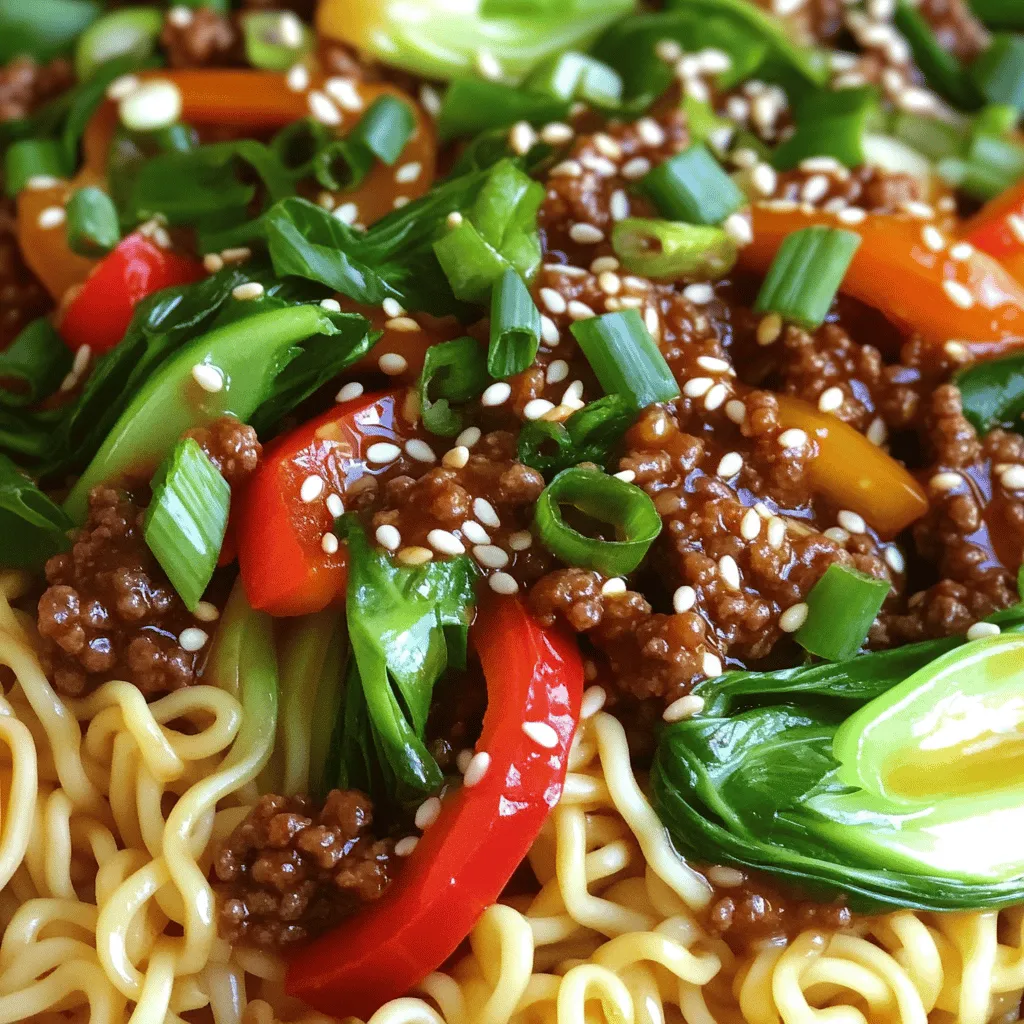 - Ground beef - Egg noodles - Vegetable oil - Aromatics (onion, garlic, ginger) - Vegetables (red bell pepper, bok choy) - Sauces (soy sauce, oyster sauce, hoisin sauce, brown sugar) - Garnishes (green onions, sesame seeds, salt, and pepper) Mongolian Ground Beef Noodles are not only tasty but also easy to make. You only need a few key ingredients to create this dish. First, you start with ground beef. This is the main protein and adds hearty flavor. The egg noodles serve as the base and soak up all the delicious sauces. Next, you need vegetable oil for cooking. It helps to sauté the aromatics. Speaking of which, you'll want onion, garlic, and ginger. These three add depth and warmth to the dish. For color and nutrition, red bell pepper and bok choy work great. They not only taste good, but they also keep the dish vibrant. To give your noodles that rich flavor, you’ll need soy sauce, oyster sauce, hoisin sauce, and brown sugar. These sauces create a sweet and savory balance. Finally, finish off with garnishes like green onions and sesame seeds. They add a nice crunch and look beautiful on the plate. For the full recipe, check out the details above. Start by boiling a large pot of water. Add the egg noodles once it reaches a rolling boil. Cook the noodles until they are al dente, which usually takes about 5-7 minutes. After cooking, drain the noodles in a colander and set them aside. This step is key. You want your noodles to have the right bite! Next, heat one tablespoon of vegetable oil in a large skillet or wok over medium heat. Add the sliced onion and cook for 2-3 minutes until it is soft. This makes your kitchen smell great! Then, toss in the minced garlic and grated ginger. Cook them for another 1-2 minutes until they become fragrant. These aromatics add depth to your dish. Now, increase the heat to medium-high. Add one pound of ground beef to the pan. Use a spatula to break it up and cook it for about 5-7 minutes, or until it’s browned and cooked through. Make sure to drain any excess fat. This keeps your dish from getting greasy. It’s time to add color! Add the sliced red bell pepper and chopped bok choy to the skillet. Stir-fry these for about 3-4 minutes. You want them tender but still vibrant. This step adds crunch and freshness to your meal. In a small bowl, whisk together three tablespoons of soy sauce, one tablespoon of oyster sauce, one tablespoon of hoisin sauce, one tablespoon of brown sugar, and chili flakes if you like heat. Pour this mixture over the beef and vegetables. Mix well to coat everything evenly. The sauce brings all the flavors together. Finally, add the drained noodles to the skillet. Toss everything together until the noodles are evenly coated with the sauce. Heat through for about 2 minutes. Taste and adjust the seasoning with salt and pepper as needed. This is where you make it your own! Serve hot, garnished with chopped green onions and sesame seeds for a beautiful finish. For the full recipe, check out the complete instructions to recreate this delicious dish! Cooking the noodles al dente is key. This means they should be firm to the bite. Overcooked noodles can turn mushy in your dish. To avoid stickiness, rinse the noodles with cold water after draining them. This cools them down and stops the cooking process. Toss them with a little vegetable oil to keep them separate. To boost flavor, consider adding spices like garlic powder, ginger powder, or five-spice powder. Fresh herbs can add depth, but dried herbs work well too. If using fresh herbs, add them at the end of cooking for the best flavor. Dried herbs should go in earlier to release their taste. Garnishing makes your dish look appealing. Use chopped green onions and sesame seeds for a pop of color. Serve the noodles in deep bowls to keep the sauce contained. A sprinkle of sesame seeds adds texture and crunch. This simple touch elevates your meal and impresses your guests. {{image_2}} You can easily swap out the ground beef in this dish. Ground turkey or chicken works great. Both options give you a leaner meal without losing flavor. If you want a vegetarian choice, try using tofu or tempeh. These options soak up the sauce well and add a nice texture. Feel free to change the vegetables. Carrots and snap peas add a nice crunch. You can also use seasonal ingredients based on what you find fresh. Try adding zucchini or bell peppers for extra color and flavor. If you need a low-sodium version, use low-sodium soy sauce. This keeps the taste while reducing salt. For gluten-free needs, look for gluten-free soy sauce and oyster sauce. These swaps still keep your dish tasty without the gluten. For the complete recipe, check out the Full Recipe section. To keep your Mongolian ground beef noodles fresh, refrigerate them right away. Place leftovers in airtight containers. This helps prevent drying out and keeps flavors strong. Use small containers for single servings. This makes it easy to grab a meal later. When reheating, you have two great options: the microwave or the stovetop. For the microwave, place noodles in a bowl and cover it with a damp paper towel. Heat in 30-second bursts, stirring in between. If you use the stovetop, add a splash of water to a pan. Heat on low, stirring gently. This helps avoid soggy noodles. To freeze your dish, let it cool completely first. Then, place it in a freezer-safe container. Make sure there's little air inside to prevent freezer burn. For thawing, move it to the fridge overnight. When ready to eat, reheat as mentioned above. This keeps your noodles tasting fresh and delicious. Check out the Full Recipe for more tips! Mongolian Ground Beef Noodles is a tasty dish with roots in Asian cuisine. It is not from Mongolia but is inspired by Mongolian flavors. This dish features ground beef, egg noodles, and fresh vegetables. It mixes sweet and savory flavors, making it popular worldwide. The blend of sauces adds depth and richness to each bite. Its quick cooking time makes it perfect for busy weeknights. You can prepare this dish in advance! Cook the beef and veggies, then store them in the fridge. Keep the noodles separate to prevent them from getting mushy. When ready to eat, reheat everything together. This method keeps your meal fresh and flavorful. You can also pack it for lunch or serve it at a dinner party. Pair this dish with simple sides. A fresh green salad adds crunch and color. You can also serve it with steamed rice for added texture. For drinks, I suggest green tea or a light soda. If you like spice, chili oil can complement the meal nicely. These options balance the flavors and enhance your dining experience. Yes, this recipe is very easy to change! You can swap ground beef for turkey or chicken. If you want a vegetarian version, use tofu or tempeh instead. For veggies, try carrots, snap peas, or bell peppers based on your mood. You can also adjust the sauces for more sweetness or heat. Make it your own! For the complete recipe for Mongolian Ground Beef Noodles, check out the detailed instructions above. Mongolian Ground Beef Noodles is a simple yet tasty dish. We covered the key ingredients, step-by-step cooking methods, and helpful tips. You can easily alter this recipe to fit your taste or diet. Store leftovers properly for a quick meal later. Remember, this dish is fun to make and share. With a few tweaks, you can impress anyone at your table. Dive into the world of flavors and make it your own!