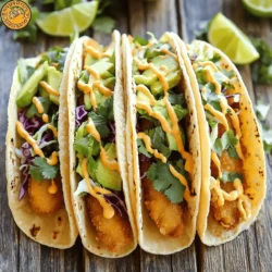 - 1 lb white fish fillets (cod or tilapia) - 1 cup all-purpose flour - 1 cup cornmeal - 2 teaspoons baking powder - 1 teaspoon garlic powder - 1 teaspoon paprika - 1 teaspoon cumin - Salt and pepper, to taste - 2 eggs, beaten - 1 cup buttermilk - Vegetable oil for frying - 8 small corn tortillas - 1 cup shredded cabbage - 1 avocado, sliced - 1 lime, cut into wedges - ½ cup fresh cilantro, chopped - Spicy mayo (1/2 cup mayonnaise mixed with 1 tablespoon sriracha) When making crispy fish tacos, first gather all the ingredients. You need fresh white fish fillets like cod or tilapia. Fresh fish gives the best taste. The batter needs flour, cornmeal, and baking powder for a crispy crunch. Next, season your batter. Garlic powder, paprika, and cumin add great flavor. Don't forget salt and pepper! For the extra toppings, grab some eggs and buttermilk. These help the batter stick. You will also need vegetable oil for frying and corn tortillas to hold the fish. Finally, prepare your toppings. Shredded cabbage adds crunch. Sliced avocado brings creaminess. Fresh lime and cilantro brighten the tacos. You can also whip up spicy mayo for a flavor kick. These ingredients come together for a tasty meal. With the full recipe, you'll create crispy fish tacos that impress everyone! First, rinse the fish fillets under cold water. This helps remove any unwanted bits. After rinsing, pat the fish dry with paper towels. Dry fish gives a better crust. Next, cut the fish into strips or small pieces. This size makes them easy to eat in tacos. In a medium bowl, mix the dry ingredients. Combine flour, cornmeal, baking powder, garlic powder, paprika, cumin, and a pinch of salt and pepper. This blend gives the fish great flavor. In another bowl, whisk the beaten eggs and buttermilk. The wet mixture keeps the batter sticky. Now, dip each piece of fish in the wet mixture. Allow the excess to drip off. Then coat it thoroughly in the dry batter. Make sure to cover every side. Set the coated fish pieces on a plate. This step prepares them for frying. Heat about 1 inch of vegetable oil in a large skillet. The oil should be hot but not smoking. Carefully add the fish pieces in batches. Fry them for 3-4 minutes on each side. Look for a golden brown color and crisp texture. Once cooked, transfer them to a paper towel-lined plate to drain excess oil. In another skillet or directly over an open flame, warm the corn tortillas. Heat them for about 30 seconds on each side. This softens the tortillas and makes them easy to fold. Warming adds flavor and makes the tacos more enjoyable. Now it’s time to put everything together. Place crispy fish on each tortilla. Top with shredded cabbage, avocado slices, and cilantro. For added taste, drizzle spicy mayo over the fish. Squeeze a lime wedge over the top for a fresh kick. Enjoy this delicious dish with the full recipe. To get that perfect crunch, use cold buttermilk. It helps the batter stick well and creates a great texture. Another important tip is to avoid overcrowding the frying pan. If you add too many pieces at once, they will steam instead of fry. Fry in small batches for the best results. I prefer shallow frying for these tacos. It uses less oil and makes it easier to control the heat. Deep frying can work but often makes the fish too oily. If you want a healthier option, try oven-baking the fish. Just coat it lightly with oil and bake it until golden. These tacos go well with fresh sides. Try serving them with a simple salad or rice. For drinks, I suggest a light beer or a fresh limeade. Both pair nicely with the flavors in the tacos. You can also serve them with some extra lime wedges for a zesty kick. For the full experience, check out the Full Recipe for more details! {{image_2}} You can use many types of fish for these tacos. Cod and tilapia are great choices. They fry up crispy and taste mild. Salmon offers a richer flavor, while mahi-mahi has a firmer texture. For each fish type, adjust cooking time. - Cod or Tilapia: Fry for 3-4 minutes on each side. - Salmon: Cook for about 5 minutes per side. - Mahi-Mahi: Fry for 4-5 minutes on each side. Adding special seasonings can make your fish pop. I suggest using a mix of cumin, garlic powder, and paprika. You can also try lime zest for a fresh kick. If you like heat, add jalapeños or hot sauce. - Seasoning Mixes: - Cumin - Garlic powder - Paprika - Spicy Additions: - Jalapeños - Hot sauce While corn tortillas are classic, you can switch it up. Flour tortillas are soft and tasty. If you need gluten-free options, look for corn or rice tortillas. They work well and are easy to find. - Flour Tortillas: Soft and chewy. - Gluten-Free Options: Corn or rice tortillas. For the full recipe, check the section above. To store leftover fish tacos, place them in an airtight container. This keeps them fresh and prevents odors. Make sure to separate the fish from the tortillas and toppings. Fish tacos taste best if eaten within two days. Store them in the refrigerator for no longer than this. You can freeze cooked fish and tortillas. Wrap the fish in plastic wrap, then place it in a freezer bag. For tortillas, stack them with parchment paper in between. This helps them stay separate. They can last up to three months in the freezer. To reheat frozen tacos, let them thaw in the fridge overnight. Then, warm them in a skillet over medium heat. This helps maintain their flavor. To reheat crispy fish, use the oven or a skillet. Preheat the oven to 375°F (190°C). Place the fish on a baking sheet and heat for 10-15 minutes. For the skillet, add a little oil and warm the fish on medium heat. This method keeps the fish crispy. Avoid using the microwave, as it makes them soggy. Enjoy your crispy fish tacos fresh and flavorful! For the full recipe, check out the details above. You can add heat in several ways. First, sprinkle cayenne pepper into the batter. This gives the fish a nice kick. You can also use hot sauce in the spicy mayo. Mix in more sriracha to make it hotter. Another option is to add diced jalapeños on top. Fresh cilantro and lime juice can also brighten the flavors without losing heat. Yes, you can use frozen fish for your tacos. Just make sure to thaw it first. You can do this overnight in the fridge. If you’re short on time, use the microwave to defrost. Be careful not to cook the fish in the microwave. After thawing, follow the same steps as with fresh fish. The tacos will still turn out great! Here are some tasty toppings to try: - Shredded cabbage - Sliced avocado - Fresh cilantro - Diced tomatoes - Pickled red onions - Jalapeños - Spicy mayo - Lime wedges These toppings add crunch and flavor to your tacos. Mix and match to find your favorite combo! Making fish tacos in an air fryer is easy. Start by preparing the fish just like in the full recipe. Coat the fish pieces in the batter. Preheat the air fryer to 400°F (200°C). Place the fish in a single layer in the basket. Cook for about 10-12 minutes, flipping halfway through. Check for a crispy texture. Serve in warm tortillas with your favorite toppings! This blog post covered how to make delicious fish tacos from scratch. We discussed key ingredients like white fish, cornmeal, and tasty seasonings. The step-by-step guide helps you easily prepare and fry the fish. I shared tips for crispiness and variations to try with different fish types. Remember to store leftovers properly to enjoy later. Fish tacos are fun to make and are sure to please everyone. Dive into this recipe, and enjoy a tasty meal today!