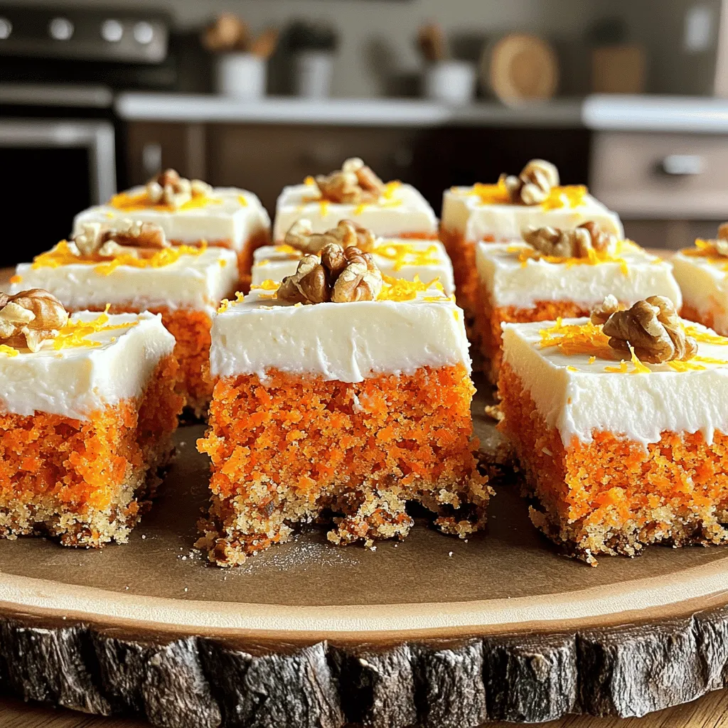 To make these tasty carrot cake bars, you will need: - 2 cups grated carrots (about 4 medium carrots) - 1 cup all-purpose flour - 1 cup brown sugar - 1/2 cup granulated sugar - 1/2 cup vegetable oil - 3 large eggs - 1 teaspoon vanilla extract - 1 teaspoon baking soda - 1 teaspoon ground cinnamon - 1/2 teaspoon ground nutmeg - 1/2 teaspoon salt - 1/2 cup crushed pineapple, drained - 1/2 cup chopped walnuts or pecans (optional) - 1/2 cup raisins (optional) - 1 cup cream cheese, softened - 1/4 cup powdered sugar - Zest of 1 orange (for frosting) You can customize your carrot cake bars with a few fun add-ins: - Chopped nuts: Use walnuts or pecans for crunch. - Dried fruits: Add raisins or chopped dates for sweetness. - Fresh ginger: Grate some fresh ginger for a warm kick. - Coconut flakes: Add unsweetened coconut for extra flavor. If you want to make swaps, here are some ideas: - Gluten-free flour: Use a gluten-free mix instead of all-purpose flour. - Applesauce: Swap half the oil with applesauce for a lighter version. - Non-dairy cream cheese: Use this for a dairy-free frosting. Choosing the right ingredients can boost your bars: - Carrots: Fresh, juicy carrots give the best flavor. - Brown sugar: This adds moisture and a rich taste. - Eggs: Use large eggs for best results. - Pineapple: Drain well to keep the batter from getting too wet. Make sure to sift your dry ingredients. This helps to mix them evenly. When mixing, don’t overdo it! Stir just until combined to keep your bars light. 1. Preheat your oven to 350°F (175°C). 2. Grease and line an 8x8-inch baking pan with parchment paper. 3. In a large bowl, mix vegetable oil, brown sugar, and granulated sugar. 4. Add eggs one by one, mixing well after each. Stir in vanilla extract. 5. In another bowl, sift flour, baking soda, cinnamon, nutmeg, and salt. 6. Gradually add dry ingredients to the wet mixture. Stir gently until mixed. 7. Fold in grated carrots, crushed pineapple, walnuts, and raisins if you like. 1. Pour the batter into your prepared pan. Smooth the top with a spatula. 2. Bake for 30-35 minutes. Check with a toothpick; it should come out clean. 1. Let the bars cool in the pan for 10 minutes. Use parchment to lift them out. 2. Cool completely on a wire rack. 3. For frosting, beat cream cheese and powdered sugar until smooth. 4. Stir in orange zest for a fresh taste. 5. Spread the frosting over the cooled bars. Cut into squares or rectangles. For the full recipe, refer to the ingredients section earlier in this article. Enjoy your delicious carrot cake bars! To bake the perfect carrot cake bars, follow these tips: - Use fresh ingredients: Fresh carrots give the best flavor. - Don't overmix: Mix the batter gently. Overmixing can make the bars tough. - Check for doneness: Insert a toothpick in the center. If it comes out clean, they are done. - Cool before frosting: Let the bars cool completely for the best frosting results. For a tasty frosting, consider these ideas: - Room temperature cream cheese: Make sure your cream cheese is soft. This helps it mix smoothly. - Add zest: Adding orange zest brightens the flavor of the frosting. - Taste and adjust: After mixing the frosting, taste it. Add more sugar if you like it sweeter. Avoid these pitfalls for better carrot cake bars: - Skipping the parchment paper: It helps you lift the bars out of the pan easily. - Using too much flour: Measure flour accurately. Too much can result in dry bars. - Not letting them cool: Frosting warm bars can melt the frosting and ruin the look. For the full recipe, check out the detailed steps above. {{image_2}} You can make gluten-free carrot cake bars by swapping the all-purpose flour. Use a gluten-free flour blend that measures cup-for-cup. Brands like Bob's Red Mill or King Arthur Flour work well. Keep the other ingredients the same. The bars will still taste great, and you'll enjoy the same moist texture. To make these bars vegan, replace the eggs with flax eggs. Mix one tablespoon of ground flaxseed with three tablespoons of water. Let it sit for five minutes until it thickens. For the cream cheese frosting, use a vegan cream cheese or a coconut whipped cream. This keeps the flavor rich while being animal-friendly. You can add fun flavors and textures to your carrot cake bars. Try mixing in some shredded coconut for a tropical twist. You can also add spices like ginger or cardamom for extra warmth. For a nutty crunch, include chopped pecans or walnuts. Dried fruit, like cranberries or chopped apricots, can add a burst of sweetness. The options are endless! For the full recipe, check out the detailed instructions above. To keep your carrot cake bars fresh, store them in an airtight container. Place parchment paper between layers to avoid sticking. They can stay at room temperature for up to three days. If you want them to last longer, refrigerate them. They will stay fresh for about one week in the fridge. If you want to freeze your carrot cake bars, wrap them well in plastic wrap. Then put them in a freezer-safe bag or container. This will protect them from freezer burn. They can last up to three months in the freezer. To enjoy, just thaw them in the fridge overnight before serving. To reheat your carrot cake bars, place them in the microwave for about 15-20 seconds. This warms them up without drying them out. You can also heat them in the oven at 350°F (175°C) for about 5-10 minutes. Enjoy your delicious bars warm, making them even more tempting! To make carrot cake bars from scratch, start with fresh ingredients. You need grated carrots, flour, sugar, eggs, and spices. Mix your wet and dry ingredients separately. Then combine them and fold in carrots and any extras like nuts or raisins. Bake in a greased pan at 350°F for about 30-35 minutes. Let them cool before frosting. This method gives you rich flavors and soft texture. Yes, you can substitute ingredients in this recipe. If you want a lighter option, use applesauce instead of oil. You can swap all-purpose flour with a gluten-free blend. For sweetness, you can use honey or maple syrup. Nuts and raisins are optional, so feel free to leave them out if you prefer. Just keep in mind that substitutions may alter the taste and texture slightly. Carrot cake bars last about 4-5 days at room temperature if stored in an airtight container. If you want them to last longer, you can refrigerate them for up to a week. For even longer storage, freeze the bars wrapped tightly in plastic. They can stay fresh for about three months in the freezer. Just remember to thaw them in the fridge before serving. This blog post covered carrot cake bars from start to finish. You learned about the key ingredients, tips for baking, and helpful variations. I shared important advice on storage and reheating. Making these bars can be simple and fun. As you create your own version, remember to play with flavors and ingredients. Enjoy the process and make this treat your own. Happy baking!