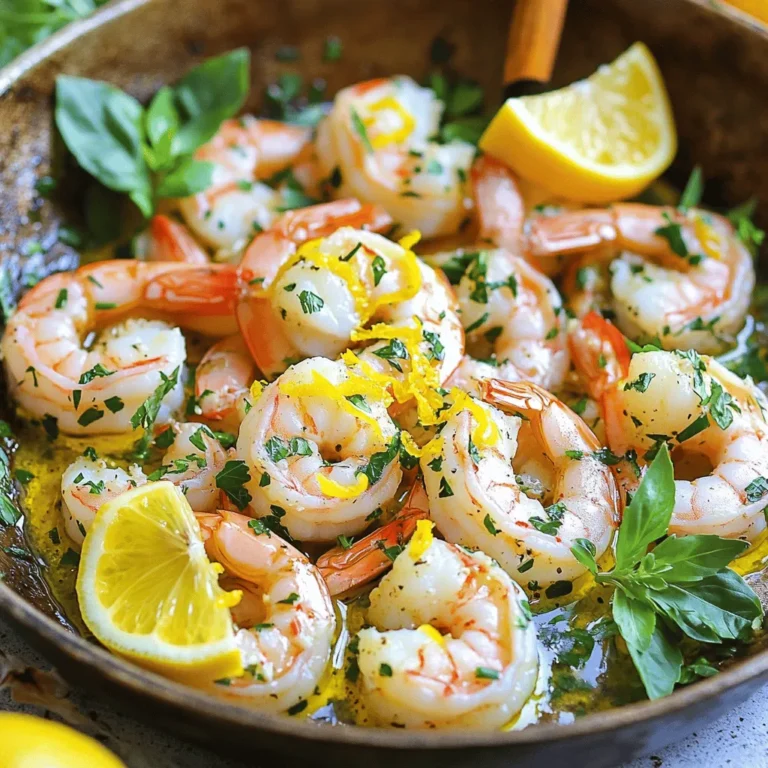 When making Lemon Garlic Herb Shrimp, you need fresh and simple ingredients. Here’s what you will need: - 1 pound large shrimp, peeled and deveined - 4 cloves garlic, minced - 2 tablespoons fresh parsley, chopped - 1 tablespoon fresh basil, chopped - 1 tablespoon fresh oregano, chopped - Zest and juice of 1 lemon - 3 tablespoons olive oil - Salt and black pepper to taste - 1/4 teaspoon red pepper flakes (optional) - Lemon slices for garnish - Additional herbs for garnish (if desired) These ingredients create a fresh and zesty flavor. The garlic and herbs bring out the best in the shrimp. The lemon juice adds a bright taste. You can adjust the herbs based on your preference. This recipe is easy to follow and quick to prepare. You can find the full recipe for step-by-step instructions. Using fresh shrimp is key to a great dish. Pay attention to the quality of your ingredients. Fresh herbs make a big difference in flavor. If you can, use organic lemon for the zest and juice. This will enhance the dish even more. First, gather all your ingredients. You need: - 1 pound large shrimp, peeled and deveined - 4 cloves of garlic, minced - 2 tablespoons fresh parsley, chopped - 1 tablespoon fresh basil, chopped - 1 tablespoon fresh oregano, chopped - Zest and juice of 1 lemon - 3 tablespoons olive oil - Salt and black pepper to taste - 1/4 teaspoon red pepper flakes (optional) - Lemon slices for garnish Make sure to wash the herbs and the lemon. Mince the garlic finely. You want good flavor from every bite. Next, it's time to marinate the shrimp. In a large bowl, mix the minced garlic, lemon zest, lemon juice, and olive oil. Then, add the chopped parsley, basil, oregano, salt, black pepper, and red pepper flakes if you like spice. Toss in the shrimp and coat them well with the marinade. Let them sit for at least 15 minutes. This step is key for great taste. Now, heat a large skillet over medium-high heat. Once it's hot, add the marinated shrimp in a single layer. Don’t overcrowd them; give them space to cook evenly. Cook the shrimp for 2-3 minutes on each side. They should turn pink and opaque. Be careful not to overcook them. Overcooked shrimp can become rubbery. After cooking, remove the skillet from heat. Let the shrimp rest for a minute. For a nice touch, garnish with lemon slices and extra herbs. This will make your dish look great! For the full recipe, check out the details above. To keep shrimp tender, watch the cooking time. Cook them just until they turn pink. This usually takes about 2-3 minutes per side. If you cook them too long, they get rubbery and tough. A quick tip is to remove them from heat as soon as they are opaque. Practice makes perfect, so don’t rush! If you want to kick up the taste, try adding more herbs. Fresh dill or cilantro can add a nice twist. You can also mix in a splash of white wine for richness. For a spicy kick, add more red pepper flakes or a dash of hot sauce. Feel free to experiment with different flavors to suit your taste. Using a large skillet works best for cooking shrimp. A non-stick skillet prevents sticking and makes cleanup easy. If you prefer grilling, a grill pan can also work great. Always use a spatula to flip the shrimp gently. This keeps them whole and beautiful. You can find detailed guidance in the Full Recipe for more tips. {{image_2}} You can add colorful veggies to your lemon garlic herb shrimp. Bell peppers, zucchini, and asparagus work well. Chop the veggies into bite-sized pieces. Toss them into the marinade with the shrimp. Cook the shrimp and veggies together in the skillet. This adds texture and flavor to your dish. If you like heat, try a spicy twist. Increase the red pepper flakes to 1/2 teaspoon. You can also add sliced jalapeños to the marinade. This will give your shrimp a nice kick. Just remember, balance is key. The heat should complement the lemon and garlic, not overpower them. You can grill or bake the shrimp for a different flavor. For grilling, preheat the grill to medium-high heat. Skewer the shrimp for easy cooking. Grill them for 2-3 minutes on each side until they are pink and cooked through. For baking, preheat the oven to 400°F. Place your marinated shrimp on a baking sheet. Bake for about 8-10 minutes. Both methods keep the shrimp tender and juicy. These alternatives add variety to your meal. You can try them all with the full recipe! To keep your lemon garlic herb shrimp fresh, store it in an airtight container. Make sure to cool the shrimp first. This helps to avoid moisture buildup, which can lead to spoilage. If you want to keep the shrimp for later, store it in the fridge if you plan to eat it soon. Cooked shrimp can last in the fridge for 3 to 4 days. If you want to enjoy your shrimp longer, freeze it. Always check for any off smells or changes in color before eating. This can help you avoid any food safety issues. When freezing shrimp, place it in a freezer-safe bag. Remove as much air as possible before sealing. This helps to prevent freezer burn. You can freeze the shrimp for up to 3 months. To use it later, thaw it in the fridge overnight or run it under cold water. Enjoy your lemon garlic herb shrimp anytime! For the full recipe, check out [Full Recipe]. You can serve Lemon Garlic Herb Shrimp with many tasty sides. Here are a few ideas: - Rice: White or brown rice soaks up the sauce well. - Pasta: Toss with spaghetti or linguine for a filling meal. - Salad: A fresh green salad adds crunch and color. - Grilled Veggies: Grilled zucchini or bell peppers pair nicely. Each of these sides complements the shrimp's bright flavors. Yes, you can use frozen shrimp! Just make sure to thaw them first. Place them in the fridge overnight or run them under cold water. After thawing, pat them dry to remove excess water before marinating. This helps the shrimp soak up the lemon and garlic flavors better. Shrimp cook quickly. They turn pink and opaque when done. Usually, this takes about 2-3 minutes per side. You can also check their shape. Cooked shrimp curl into a "C" shape, while overcooked shrimp form an "O." Keep an eye on them to avoid rubbery shrimp. You can prepare the marinade ahead of time. Just mix the garlic, lemon, and herbs, then store in the fridge. However, it's best to marinate the shrimp for no more than 2 hours. If you marinate too long, the shrimp can become mushy. Cook them right before serving. Shrimp are low in calories and high in protein. They are also rich in vitamins and minerals. Some key benefits include: - Low in Fat: Great for low-fat diets. - High in Protein: Perfect for muscle building. - Rich in Selenium: Supports immune health. - Contains Omega-3 Fatty Acids: Good for heart health. Including shrimp in your meals can be a healthy choice! For the full recipe, check out the link above. This blog post covered a delicious Lemon Garlic Herb Shrimp recipe. We looked at key ingredients and shared easy step-by-step cooking instructions. I also provided tips to keep shrimp tender and ideas for tasty variations. Proper storage ensures your dish stays fresh. In the end, this shrimp dish is quick, flavorful, and can please many palates. Enjoy making it, and feel free to get creative with different herbs and spices!