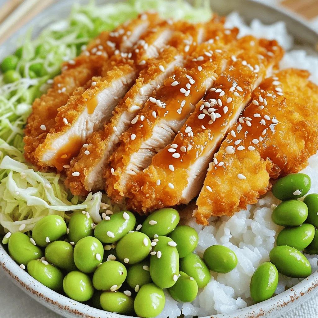- Chicken or Pork Options - You can use boneless chicken thighs or pork loin. Both give great flavor and texture. I often prefer chicken for its juiciness. - Key Seasonings - Use salt and pepper for basic seasoning. They enhance the meat's natural taste. Miso paste adds a deep, umami flavor to the sauce. - Components for Miso Sauce - The sauce needs miso paste, soy sauce, water, sesame oil, honey, and rice vinegar. Each ingredient works together to create a balanced taste. - Recommended Kitchen Tools - You will need a frying pan, three bowls for breading, and a whisk for the sauce. A thermometer helps check oil temperature. - Best Oils for Frying - I recommend vegetable oil for frying. It has a high smoke point and a neutral flavor, which is perfect for crispy katsu. Seasoning the Meat Start by seasoning your chicken thighs. Use salt and pepper to bring out the flavor. This simple step makes a big difference. Make sure to coat both sides evenly. Setting Up the Breading Station Next, prepare your breading station. You will need three bowls. Put flour in the first bowl. In the second bowl, beat one large egg. Finally, fill the third bowl with panko breadcrumbs. This setup helps you coat the meat easily. Best Practices for Frying When it’s time to fry, heat about half an inch of vegetable oil in a pan. Aim for 350°F or 175°C. This temperature is key for crispy katsu. Use a thermometer if you have one. It helps ensure perfect frying. How to Achieve a Perfect Crunch To get that crunch, carefully place the breaded chicken in the hot oil. Fry for about 4-5 minutes on each side. Look for a golden brown color. Once done, drain the chicken on paper towels to remove excess oil. Layering Ingredients Now it’s time to build your katsu bowls. Start with a scoop of cooked white rice in each bowl. Then, top it with sliced crispy katsu. Add a handful of shredded cabbage and some edamame for crunch. Drizzling Miso Sauce Finally, drizzle the miso sauce over the katsu. This sauce adds a rich flavor. For the best taste, don’t be shy with the sauce. Garnish with sesame seeds to finish. Enjoy this delicious meal! For the full recipe, see the above section. - Achieving Extra Crunchiness For a super crunchy katsu, use panko breadcrumbs. They are lighter and crispier than traditional breadcrumbs. Press the panko firmly onto the meat before frying. You can also double bread your katsu. Dredge it in flour, dip in egg, then coat again in panko. This adds more layers for crunch. - Cooking Times for Different Proteins Chicken thighs take about 4-5 minutes per side to cook. Pork loin also cooks in the same time. If you use chicken breasts, they may need a minute more due to their thickness. Always check that the meat is cooked to an internal temperature of 165°F. - Prepping in Advance You can prep katsu ahead of time. Bread the meat and store it in the fridge for up to 2 hours. This helps the coating stick better when you fry it. You can also make the miso sauce a day before. Keep it in a sealed container in the fridge until you’re ready to use it. - Reheating Techniques To reheat leftover katsu, use an oven. Preheat it to 350°F. Place the katsu on a baking sheet for 10-15 minutes until hot. This keeps the breading crispy. You can also use an air fryer. Set it to 350°F for about 5-7 minutes. This method revives the crunch nicely. {{image_2}} Flavor Differences Chicken katsu has a mild taste. It absorbs flavor well. Pork katsu offers a richer, savory profile. The fat in pork gives it a juicy bite. Each option brings a unique twist to your bowl. Cooking Time Adjustments Chicken usually cooks faster than pork. Fry chicken for about 4-5 minutes per side. Pork takes a little longer, around 6-7 minutes per side. Always check for doneness with a meat thermometer. Chicken should reach 165°F, while pork is best at 145°F. Tofu Katsu Recipe For a tasty tofu katsu, use firm tofu. Press it to remove extra water. Cut it into thick slices. Follow the same breading steps as chicken or pork. Fry until golden brown and crispy. Other Plant-Based Alternatives You can also try eggplant or tempeh. Eggplant gives a nice texture. Tempeh adds protein and a nutty taste. Both options work well as katsu in your bowl. Spicy Miso Enhancements For a spicy kick, add chili paste or sriracha to your miso sauce. Start with a small amount. Adjust to your heat preference. This twist adds depth to your dish. Alternative Sauces to Try You can use tonkatsu sauce for a sweet and tangy flavor. Or try a sesame dressing for a nutty taste. Experiment with these sauces to find your favorite combination. Check the [Full Recipe](#) for more details on making your katsu bowls! To keep your katsu bowls fresh, store them properly. First, let the katsu cool down. Place it in an airtight container. You can keep the rice and toppings in separate containers. This way, the katsu stays crispy, and the rice does not get soggy. Refrigerate your leftovers within two hours of cooking. They will last for about three days. For best flavor, eat them within the first two days. Want to save your katsu bowls for later? Freezing them is a great choice. First, make sure the katsu is completely cool. Wrap each piece tightly in plastic wrap. Then, place the wrapped katsu in a freezer-safe bag or container. You can also freeze the rice separately. When you are ready to eat, remove the katsu from the freezer. Thaw it in the fridge overnight. To keep the texture nice, reheat the katsu in the oven. Set it to 375°F (190°C) for about 10-15 minutes. This helps keep the crunch! If you microwave it, the katsu may turn soggy. Enjoy your meal with the miso sauce once it’s heated through. Katsu originated in Japan during the late 19th century. It comes from the French dish, "côtelette," a breaded meat cutlet. The Japanese adapted this idea, creating a crispy and tender dish. Katsu became popular as a quick meal and comfort food. You can find it in many Japanese homes and restaurants today. Yes, you can use gluten-free breadcrumbs for Katsu Bowls. They work well as a substitute. Look for brands made from rice flour or cornmeal. This option helps those with gluten allergies enjoy Katsu without worry. Just ensure the rest of your ingredients are also gluten-free. Serve Katsu Bowls with simple garnishes. Shredded cabbage adds crunch and freshness. Edamame gives a pop of color and nutrition. You can also sprinkle sesame seeds for a nutty flavor. A drizzle of miso sauce ties all the flavors together nicely. Enjoy it warm for the best taste! For authentic Katsu Bowls, seek out Japanese restaurants in your area. Look for places with a good reputation for traditional cuisine. Many cities have spots known for their Katsu. Ask locals for their favorite recommendations. You might discover hidden gems that serve excellent Katsu Bowls. Check out the full recipe for Crispy Katsu Bowls with Miso Zing [here](#). It includes all the steps you need for a delicious meal! In this guide, we've explored the essential ingredients and tools for making katsu bowls. You learned how to properly prepare your protein, achieve the perfect crunch, and assemble delicious bowls. I shared tips for making ahead and offered variations for everyone, including vegetarian options. Remember, katsu bowls are versatile and can be enjoyed in many ways. With these steps and tips, you'll impress anyone who tries your katsu bowl masterpiece. Enjoy cooking and let your creativity shine!