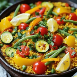 - Bomba rice: 1 ½ cups of this short-grain rice holds flavor well. - Vegetable broth: 3 cups add depth and richness. - Common vegetables: Use 1 medium onion, 2 cloves garlic, 1 red bell pepper, 1 yellow bell pepper, 1 medium zucchini, 1 cup green beans, and 1 cup cherry tomatoes. - Spices and seasonings needed: You will need 1 teaspoon smoked paprika and ½ teaspoon saffron threads (optional). - Olive oil: 1 tablespoon for sautéing. - Salt and pepper: To taste for flavor. - Optional garnishes: Fresh parsley, chopped, and lemon wedges for serving. These ingredients come together to create a colorful, flavorful Vegetable Paella. The variety of veggies not only adds color but also makes it nourishing. Using Bomba rice is key, as it absorbs the broth well and gives a great texture. The spices bring warmth and depth, making each bite a delight. For the best taste, always use fresh vegetables. You can check the Full Recipe to see the cooking steps and get the most out of these ingredients. Start by preparing your onion and garlic. Dice one medium onion and mince two cloves of garlic. Heat one tablespoon of olive oil in a large skillet or paella pan over medium heat. Add the onion and sauté for about three to four minutes until it is translucent. Next, stir in the minced garlic and cook for another minute until it smells great. Now, it’s time to sauté the peppers and zucchini. Dice one red bell pepper and one yellow bell pepper. Chop one medium zucchini into bite-sized pieces. Add these to the pan and cook for five more minutes. You want them to soften but still keep some crunch. Now, we add spices and rice. Sprinkle in one teaspoon of smoked paprika and, if you like, half a teaspoon of saffron threads for color and flavor. Stir well to coat the veggies with the spices. Pour in one and a half cups of Bomba rice, stirring for about two minutes. This helps the rice soak up the flavors. Next, pour in three cups of vegetable broth and bring the mix to a gentle boil. Don’t forget to season with salt and pepper. Once it boils, reduce the heat to low. Cover your pan with a lid or aluminum foil, letting it simmer for 15 to 20 minutes. This cooks the rice and absorbs the broth. In the last five minutes of cooking, it’s time for final touches. Add one cup of green beans, trimmed and cut into one-inch pieces, and one cup of halved cherry tomatoes on top of the rice. This steams the veggies lightly. Once the rice is tender and most of the liquid is gone, remove the pan from heat. Let it sit covered for five more minutes. Then, fluff the paella gently with a fork. Garnish with fresh chopped parsley and serve with lemon wedges on the side for a bright finish. For a complete guide, refer to the Full Recipe. To make great paella, choose the right rice. Bomba rice is best. It absorbs liquid well and stays firm. Other short-grain rice also works but may not give the same result. The cooking time and heat are key too. Keep the heat steady, so the rice cooks evenly. Too high, and the rice may burn. Too low, and it may turn mushy. Saffron and smoked paprika are a must. Saffron gives a rich color and unique taste. Use it sparingly, as a little goes a long way. Smoked paprika adds depth and warmth. Mix it in while cooking the veggies. You can also add garlic powder or a splash of lemon juice. These boost flavor and make your dish pop. Serve paella straight from the pan for a rustic feel. Use a large spoon for easy serving. For garnishes, fresh parsley is a great choice. It adds color and freshness. Lemon wedges on the side are also nice. They give a zesty kick when squeezed over the dish. Your paella will look as good as it tastes! For the full recipe, check the details above. {{image_2}} You can play with the vegetables in your paella. The best ones to use are vibrant and fresh. I love using: - Bell peppers - Zucchini - Green beans - Cherry tomatoes For seasonal alternatives, think about what’s fresh near you. In summer, add corn or peas. In fall, try squash or kale. Each choice brings a new taste and color to your dish. Want to add protein while keeping it vegetarian? Here are some ideas: - Chickpeas - Tofu - Tempeh You can use homemade options for a fresh touch. If you're in a rush, store-bought tofu or tempeh works great. Just make sure to season them well before adding them to the paella. Paella has many styles across Spain. For example, seafood paella includes shrimp and mussels. Meat paella often has chicken or rabbit. Each type tells a story of its region. Traditional Spanish flavors include saffron and smoked paprika. They add warmth and depth to your dish. Exploring these flavors can inspire your own unique vegetable paella. For a complete guide on making it, check out the Full Recipe. To keep your vegetable paella fresh, let it cool first. Place it in an airtight container. This helps to lock in flavor and prevent drying. You can store it in the fridge for up to three days. If you want to keep it longer, consider freezing it. When reheating, use a skillet for the best texture. Heat it over medium-low, adding a splash of broth or water. Stir gently until warmed through. You can also use the microwave. Just be sure to cover it to keep moisture in. If you freeze it, thaw overnight in the fridge before reheating. You can get creative with leftovers. Try making a paella-stuffed bell pepper. Just hollow out a bell pepper, fill it with paella, and bake. Pair it with a fresh salad or crusty bread for a complete meal. Enjoy your delicious vegetable paella in new ways! For the full recipe, check out the detailed instructions above. Vegetable paella is made with a mix of fresh veggies and rice. The main ingredients are: - 1 ½ cups Bomba rice (or any short-grain rice) - 3 cups vegetable broth - 1 medium onion, diced - 2 cloves garlic, minced - 1 red bell pepper, diced - 1 yellow bell pepper, diced - 1 medium zucchini, chopped - 1 cup green beans, trimmed and cut into 1-inch pieces - 1 cup cherry tomatoes, halved - 1 teaspoon smoked paprika - ½ teaspoon saffron threads (optional) - 1 tablespoon olive oil - Salt and pepper to taste - Fresh parsley, chopped (for garnish) - Lemon wedges (for serving) This dish brings together colors and flavors for a hearty meal. Yes, you can make paella in advance. Just cook it and let it cool. Then, store it in an airtight container in the fridge. It tastes great for up to three days. When you are ready to eat, reheat it gently. Add a splash of broth to keep it moist. Saffron adds a unique flavor and bright color to paella. However, it is not necessary. You can skip it if you want. You can also use turmeric as a substitute for color. Your paella will still taste delicious without saffron. Bomba rice is the best choice for paella. It absorbs flavors well and stays firm. If you can't find it, use any short-grain rice. This helps keep the dish tasty and fluffy. Avoid long-grain rice, as it doesn’t give the right texture. To make paella spicier, add some chili powder or red pepper flakes. You can also include diced jalapeños or hot sauce. Start with a little, then taste and adjust. This way, you can find the right heat level for you. For more recipes, check the Full Recipe for ideas! In this post, we explored how to make delicious vegetable paella. We covered key ingredients, step-by-step cooking instructions, and tips for perfect texture and flavor. We also discussed ideas for variations and storage options. Now, you can create a tasty, colorful dish that brings joy. Enjoy experimenting with flavors and ingredients. With practice, you’ll master the art of paella!