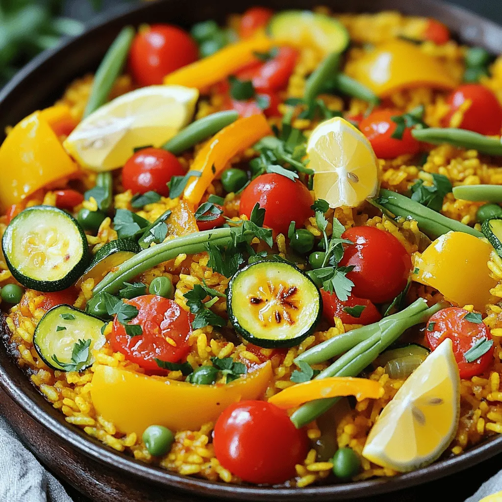 - Bomba rice: 1 ½ cups of this short-grain rice holds flavor well. - Vegetable broth: 3 cups add depth and richness. - Common vegetables: Use 1 medium onion, 2 cloves garlic, 1 red bell pepper, 1 yellow bell pepper, 1 medium zucchini, 1 cup green beans, and 1 cup cherry tomatoes. - Spices and seasonings needed: You will need 1 teaspoon smoked paprika and ½ teaspoon saffron threads (optional). - Olive oil: 1 tablespoon for sautéing. - Salt and pepper: To taste for flavor. - Optional garnishes: Fresh parsley, chopped, and lemon wedges for serving. These ingredients come together to create a colorful, flavorful Vegetable Paella. The variety of veggies not only adds color but also makes it nourishing. Using Bomba rice is key, as it absorbs the broth well and gives a great texture. The spices bring warmth and depth, making each bite a delight. For the best taste, always use fresh vegetables. You can check the Full Recipe to see the cooking steps and get the most out of these ingredients. Start by preparing your onion and garlic. Dice one medium onion and mince two cloves of garlic. Heat one tablespoon of olive oil in a large skillet or paella pan over medium heat. Add the onion and sauté for about three to four minutes until it is translucent. Next, stir in the minced garlic and cook for another minute until it smells great. Now, it’s time to sauté the peppers and zucchini. Dice one red bell pepper and one yellow bell pepper. Chop one medium zucchini into bite-sized pieces. Add these to the pan and cook for five more minutes. You want them to soften but still keep some crunch. Now, we add spices and rice. Sprinkle in one teaspoon of smoked paprika and, if you like, half a teaspoon of saffron threads for color and flavor. Stir well to coat the veggies with the spices. Pour in one and a half cups of Bomba rice, stirring for about two minutes. This helps the rice soak up the flavors. Next, pour in three cups of vegetable broth and bring the mix to a gentle boil. Don’t forget to season with salt and pepper. Once it boils, reduce the heat to low. Cover your pan with a lid or aluminum foil, letting it simmer for 15 to 20 minutes. This cooks the rice and absorbs the broth. In the last five minutes of cooking, it’s time for final touches. Add one cup of green beans, trimmed and cut into one-inch pieces, and one cup of halved cherry tomatoes on top of the rice. This steams the veggies lightly. Once the rice is tender and most of the liquid is gone, remove the pan from heat. Let it sit covered for five more minutes. Then, fluff the paella gently with a fork. Garnish with fresh chopped parsley and serve with lemon wedges on the side for a bright finish. For a complete guide, refer to the Full Recipe. To make great paella, choose the right rice. Bomba rice is best. It absorbs liquid well and stays firm. Other short-grain rice also works but may not give the same result. The cooking time and heat are key too. Keep the heat steady, so the rice cooks evenly. Too high, and the rice may burn. Too low, and it may turn mushy. Saffron and smoked paprika are a must. Saffron gives a rich color and unique taste. Use it sparingly, as a little goes a long way. Smoked paprika adds depth and warmth. Mix it in while cooking the veggies. You can also add garlic powder or a splash of lemon juice. These boost flavor and make your dish pop. Serve paella straight from the pan for a rustic feel. Use a large spoon for easy serving. For garnishes, fresh parsley is a great choice. It adds color and freshness. Lemon wedges on the side are also nice. They give a zesty kick when squeezed over the dish. Your paella will look as good as it tastes! For the full recipe, check the details above. {{image_2}} You can play with the vegetables in your paella. The best ones to use are vibrant and fresh. I love using: - Bell peppers - Zucchini - Green beans - Cherry tomatoes For seasonal alternatives, think about what’s fresh near you. In summer, add corn or peas. In fall, try squash or kale. Each choice brings a new taste and color to your dish. Want to add protein while keeping it vegetarian? Here are some ideas: - Chickpeas - Tofu - Tempeh You can use homemade options for a fresh touch. If you're in a rush, store-bought tofu or tempeh works great. Just make sure to season them well before adding them to the paella. Paella has many styles across Spain. For example, seafood paella includes shrimp and mussels. Meat paella often has chicken or rabbit. Each type tells a story of its region. Traditional Spanish flavors include saffron and smoked paprika. They add warmth and depth to your dish. Exploring these flavors can inspire your own unique vegetable paella. For a complete guide on making it, check out the Full Recipe. To keep your vegetable paella fresh, let it cool first. Place it in an airtight container. This helps to lock in flavor and prevent drying. You can store it in the fridge for up to three days. If you want to keep it longer, consider freezing it. When reheating, use a skillet for the best texture. Heat it over medium-low, adding a splash of broth or water. Stir gently until warmed through. You can also use the microwave. Just be sure to cover it to keep moisture in. If you freeze it, thaw overnight in the fridge before reheating. You can get creative with leftovers. Try making a paella-stuffed bell pepper. Just hollow out a bell pepper, fill it with paella, and bake. Pair it with a fresh salad or crusty bread for a complete meal. Enjoy your delicious vegetable paella in new ways! For the full recipe, check out the detailed instructions above. Vegetable paella is made with a mix of fresh veggies and rice. The main ingredients are: - 1 ½ cups Bomba rice (or any short-grain rice) - 3 cups vegetable broth - 1 medium onion, diced - 2 cloves garlic, minced - 1 red bell pepper, diced - 1 yellow bell pepper, diced - 1 medium zucchini, chopped - 1 cup green beans, trimmed and cut into 1-inch pieces - 1 cup cherry tomatoes, halved - 1 teaspoon smoked paprika - ½ teaspoon saffron threads (optional) - 1 tablespoon olive oil - Salt and pepper to taste - Fresh parsley, chopped (for garnish) - Lemon wedges (for serving) This dish brings together colors and flavors for a hearty meal. Yes, you can make paella in advance. Just cook it and let it cool. Then, store it in an airtight container in the fridge. It tastes great for up to three days. When you are ready to eat, reheat it gently. Add a splash of broth to keep it moist. Saffron adds a unique flavor and bright color to paella. However, it is not necessary. You can skip it if you want. You can also use turmeric as a substitute for color. Your paella will still taste delicious without saffron. Bomba rice is the best choice for paella. It absorbs flavors well and stays firm. If you can't find it, use any short-grain rice. This helps keep the dish tasty and fluffy. Avoid long-grain rice, as it doesn’t give the right texture. To make paella spicier, add some chili powder or red pepper flakes. You can also include diced jalapeños or hot sauce. Start with a little, then taste and adjust. This way, you can find the right heat level for you. For more recipes, check the Full Recipe for ideas! In this post, we explored how to make delicious vegetable paella. We covered key ingredients, step-by-step cooking instructions, and tips for perfect texture and flavor. We also discussed ideas for variations and storage options. Now, you can create a tasty, colorful dish that brings joy. Enjoy experimenting with flavors and ingredients. With practice, you’ll master the art of paella!
