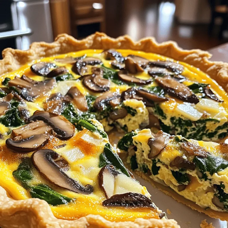 - Pre-made pie crust (store-bought or homemade) - Fresh spinach, roughly chopped - Sliced mushrooms (cremini or button) - Finely chopped onion - 3 large eggs - 1 cup heavy cream - 1 cup shredded Swiss cheese - 1 teaspoon garlic powder - 1/2 teaspoon nutmeg - Salt and pepper to taste - 1 tablespoon olive oil When you measure your ingredients, keep these tips in mind: - Volume and weight conversions: For example, 1 cup of chopped spinach weighs about 30 grams. A cup of sliced mushrooms is roughly 70 grams. - Selecting fresh produce: Look for bright, vibrant spinach. Choose mushrooms that are firm and dry. Avoid any that feel slimy or look dark. This quiche serves six and has about 300 calories per slice. Here’s a quick breakdown of the nutrients per serving: - Fat: 22 grams - Protein: 10 grams - Carbohydrates: 15 grams Using fresh ingredients makes a big difference in taste and health. You’ll enjoy a hearty meal that satisfies without guilt. For the full recipe, check out the detailed instructions above. 1. Preheat the oven and prepare the skillet First, set your oven to 375°F (190°C). This is the perfect temperature for baking. While it heats, grab a large skillet. 2. Sautéing onions and mushrooms Pour 1 tablespoon of olive oil into the skillet over medium heat. Once hot, add the finely chopped onion. Cook it until it looks clear, about 3-4 minutes. Then, toss in 1 cup of sliced mushrooms. Stir them until they are soft and brown, taking about 5 minutes. 1. Combining the eggs and cream In a mixing bowl, crack 3 large eggs. Pour in 1 cup of heavy cream. Whisk these together until mixed well. Add a pinch of salt and pepper for flavor. 2. How to layer the quiche Spread the sautéed onion and mushroom mix evenly over the pie crust. Then, sprinkle 2 cups of roughly chopped spinach on top. Next, pour the egg and cream mix over everything. Finally, add 1 cup of shredded Swiss cheese on top for a nice finish. 1. Ideal temperature and baking time Place the quiche in your preheated oven. Bake for 30-35 minutes. 2. Signs that the quiche is done Look for a golden brown top and a set filling. You can check if it’s done by gently shaking the pan. If it jiggles a little, it needs more time. Let it cool for 10 minutes before slicing. For more detailed instructions, check the Full Recipe. To avoid a soggy bottom, use a pre-baked crust. Blind bake it for 10 minutes at 375°F before adding your filling. This step helps to firm up the crust. Remember to let the filling cool a bit before pouring it in. To ensure the filling sets properly, whisk your eggs and cream well. Mix until you see no streaks. Pour this mixture evenly over the vegetables. This helps the quiche cook evenly and hold its shape. For the best accompaniments, pair your quiche with a light salad. A simple green salad with lemon vinaigrette works best. Fresh fruit can also add a nice touch. Presentation is key! Serve slices of quiche on a colorful plate. Garnish with fresh herbs, like parsley or chives. This adds color and flavor, impressing your guests. To amplify flavor, consider adding herbs. Fresh thyme or basil can elevate the taste. You can also sprinkle in some red pepper flakes for a bit of heat. If you want cheese alternatives, try feta or goat cheese. These cheeses add a distinct taste and pair well with mushrooms and spinach. They can make your quiche unique and delicious. For the complete cooking process, check out the Full Recipe. {{image_2}} For a gluten-free quiche, you can use a gluten-free pie crust. Many stores sell these. Alternatively, you can make a crust using ground almonds or oats. Just blend the ingredients and press them into a pie dish. If you need a dairy-free option, swap heavy cream for a plant-based cream. You can also replace Swiss cheese with a vegan cheese. Nutritional yeast can add a cheesy flavor without dairy. You can get creative with your fillings. Bell peppers add a nice crunch. Zucchini brings a soft texture that blends well with spinach. Try adding different veggies based on what you love. For protein, think about crispy bacon or savory tofu. Both will add great taste and make it heartier. Bacon brings a salty kick, while tofu offers a mild flavor that soaks up other tastes. Explore different flavors to make your quiche unique. A Mediterranean twist could include olives and feta. For an Italian touch, add sun-dried tomatoes and basil. You can also play with sweet and savory options. A sweet quiche might use caramelized onions with a hint of maple syrup. Savory versions shine with herbs and spices, like thyme or rosemary. Check the Full Recipe for more tips on crafting your perfect quiche. To store leftover quiche, let it cool down first. Wrap it tightly in plastic wrap or foil. You can also place it in an airtight container. The quiche stays fresh in the fridge for up to four days. This way, you can enjoy it for breakfast, lunch, or dinner. If you want to keep your quiche longer, freezing is a great option. First, let the baked quiche cool completely. Then, wrap it tightly in plastic wrap, followed by aluminum foil. This helps prevent freezer burn. You can freeze it for up to two months. When you are ready to eat it, thaw the quiche in the fridge overnight. To reheat, bake it in a 350°F (175°C) oven for about 25 minutes. Check your quiche for signs that it has gone bad. Look for off smells, mold, or a soggy crust. If you see any of these, it’s best to throw it away. Store your quiche in glass or plastic containers with tight lids. These containers help keep it fresh and safe to eat. For best results, always label your containers with the date. Can I make this quiche ahead of time? Yes, you can make this quiche ahead of time. Prepare it up to the baking step. Cover it and store it in the fridge for up to 24 hours. When you are ready, bake it as usual. This saves time and helps flavors marry. What is the best crust for a quiche? The best crust for a quiche is a flaky pie crust. You can use a pre-made crust for ease. If you prefer, make your own for a fresh taste. A whole wheat crust adds a nice nutty flavor too. Why is my quiche too watery? A watery quiche often happens if the vegetables are not cooked enough. Make sure to sauté the mushrooms and spinach until most moisture is gone. Also, you can drain excess liquid before adding them to the crust. How to fix overcooked quiche? If your quiche is overcooked, the best fix is to add moisture. Serve it with a dollop of sour cream or yogurt. You can also pair it with a fresh salad to balance flavors. What variations can I try for a vegetarian quiche? For a vegetarian quiche, you can mix in different veggies. Try bell peppers, zucchini, or broccoli. You can also add herbs like dill or basil for a flavor boost. How can I enhance the flavor of my quiche? To enhance the flavor, add spices like cayenne or smoked paprika. Fresh herbs like thyme or rosemary work well too. A hint of cheese, like feta or goat cheese, can elevate the taste. Check the Full Recipe for more ideas. You now have all the tools to make a delicious quiche. We covered the ingredients, preparation steps, and tips to ensure success. You learned about storage methods and variations to suit your taste. Remember, only the freshest ingredients elevate your dish. Use the measurements and cooking guidance for perfect results. With practice, you can impress everyone with homemade quiche. Enjoy experimenting with flavors and share your creations. Your culinary journey is just beginning!