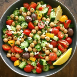 - 1 can (15 oz) chickpeas, drained and rinsed - 1 cup cherry tomatoes, halved - 1 cucumber, diced - 1/2 red onion, finely chopped - 1 bell pepper (red or yellow), diced - 1/2 cup Kalamata olives, pitted and halved - 1/3 cup feta cheese, crumbled - 1/4 cup fresh parsley, chopped Chickpeas are the star of this salad. They give it a nice protein boost. Rinsing them well helps remove the canning liquid. Cherry tomatoes add a burst of sweetness, while cucumbers bring in a refreshing crunch. Red onion gives a sharp taste, so finely chop it for even flavor. Pick your favorite bell pepper for some color and extra crunch. Kalamata olives add a briny kick, and feta cheese adds creaminess. Parsley brightens everything up with its fresh taste. - Juice of 1 lemon - 3 tablespoons olive oil - 1 teaspoon dried oregano - Salt and pepper to taste The dressing is simple yet flavorful. Fresh lemon juice gives a zesty tang. Olive oil adds richness and smoothness. Dried oregano brings in that Mediterranean flair. Adjust salt and pepper to your liking for the best taste. - Estimated serving: 4 - Presentation tips for the salad This salad serves four and looks great on any table. Serve it in a large bowl. Garnish with extra parsley and a lemon wedge. This adds color and invites everyone to dig in. For the full recipe, check below to make this delicious dish! 1. Start with rinsing and draining the chickpeas. This step removes excess salt and makes them fresh. 2. Next, chop your vegetables for the salad. Cut cherry tomatoes in half, dice the cucumber, finely chop the red onion, and dice the bell pepper. Each veggie adds a unique crunch and flavor. 1. In a large mixing bowl, combine all the prepared ingredients. Add the chickpeas, tomatoes, cucumber, onion, and bell pepper together. 2. Toss in the Kalamata olives, crumbled feta cheese, and chopped parsley. These ingredients bring rich tastes and colors that brighten up your dish. 1. Now, pour the prepared dressing over your salad. This dressing is made from lemon juice, olive oil, dried oregano, salt, and pepper. 2. Gently toss everything to coat the ingredients well. This ensures each bite bursts with flavor. 3. Allow the salad to rest for about 15 minutes. This waiting time helps the flavors meld together beautifully. The Full Recipe guides you through these steps in detail. To make the best Mediterranean chickpea salad, let it sit for a bit before serving. This resting time helps the flavors blend well. Taste the salad after it sits. You might want to adjust the seasoning. A pinch of salt or a squeeze of lemon can make a big difference. Fresh herbs and spices can lift the salad’s taste. Try adding fresh basil or mint. They add a bright note. A drizzle of balsamic glaze brings extra sweetness and depth. Just a small amount will do. This makes your salad even more special. For serving, use bright and colorful bowls. This adds fun to the table. Garnish the salad with lemon wedges and fresh parsley. It makes the dish look fresh and inviting. A beautiful presentation can make all the difference in how your meal is enjoyed. For more details on making this salad, check the Full Recipe. {{image_2}} You can easily adjust this salad to fit your needs. If you want a vegan option, just skip the feta cheese or use a plant-based cheese instead. This way, you keep all the flavors while making it dairy-free. The salad is naturally gluten-free, so you don’t need to worry about that. Feel free to get creative with the legumes. If you want to switch things up, try black beans or lentils instead of chickpeas. Both options bring a unique taste and texture. You can also add different vegetables. Spinach, arugula, or bell peppers work well for extra color and crunch. This makes your salad even more fun! To enhance the salad's taste, think about adding some fresh herbs. Basil, mint, or dill can give it a lovely Mediterranean vibe. If you want to add protein, grilled chicken or shrimp complements the flavors beautifully. These adjustments will take your salad to the next level. For the full recipe, refer to the earlier section. To keep your Mediterranean chickpea salad tasty, store it in an airtight container. This helps to keep the salad fresh. You can place it in the fridge. It lasts for about 3 to 5 days. After that, the veggies may lose their crunch. If you notice any off smells or colors, it’s best to toss it. You don't need to reheat this salad. It tastes great cold. If you prefer it warm, gently heat it on the stove. But be careful not to overcook the veggies. For the best flavor, eat leftovers within two days. This way, you enjoy the fresh taste. You can prepare some ingredients in advance. Chop the vegetables and store them in separate containers. Mix the dressing and keep it in a jar. On meal prep day, combine everything just before eating. This salad is great for weekly meal planning. Use it as a light lunch or a side dish at dinner. Enjoy it with grilled meats or pita bread for a full meal. For the full recipe, check out the earlier section. What are the benefits of chickpeas in this salad? Chickpeas are full of protein, fiber, and vitamins. They help you feel full longer. They also support digestion and heart health. Plus, they add a nice texture to the salad. Can I make Mediterranean Chickpea Salad ahead of time? Yes, you can! This salad tastes even better after sitting for a while. Just store it in the fridge. The flavors will blend beautifully. Aim to make it a few hours ahead for the best taste. Is this salad suitable for meal prep? Absolutely! Mediterranean Chickpea Salad is perfect for meal prep. Make a big batch and divide it into containers. It stays fresh in the fridge for a few days. Enjoy it for lunch or dinner all week! What pairs well with Mediterranean Chickpea Salad? This salad goes great with grilled chicken or fish. You can also serve it with pita bread or hummus. A side of tzatziki adds a cool touch too. How to serve it at gatherings or potlucks Serve this salad in a large bowl for sharing. Garnish it with extra parsley and lemon wedges for flair. It looks colorful and inviting. Everyone will want to try it! Health benefits of the ingredients used The salad is packed with nutrients. Fresh veggies provide vitamins and minerals. Olive oil offers healthy fats. Feta cheese adds calcium and protein. This combo supports overall health and well-being. Caloric breakdown per serving Each serving has about 250 calories. Most calories come from healthy fats and protein. This makes it a filling option without overdoing it on calories. Enjoy every bite guilt-free! This Mediterranean Chickpea Salad combines fresh ingredients with simple steps. You learned how to mix flavors and colors for a tasty dish. Remember, letting the salad rest boosts its taste. Experiment with your favorite veggies and herbs for unique twists. Store it well to enjoy leftovers later. This salad fits easily into meal prep, making healthy eating fun! Enjoy this quick and healthy dish any time. Let the flavors inspire your creativity in the kitchen.