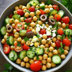 - 1 can (15 oz) chickpeas, drained and rinsed - 1 cucumber, diced - 1 cup cherry tomatoes, halved - 1 red bell pepper, diced - 1/4 red onion, finely chopped - 1/2 cup Kalamata olives, pitted and sliced - 1/4 cup feta cheese, crumbled - 1/4 cup fresh parsley, chopped - 2 tablespoons olive oil - 1 tablespoon lemon juice - 1 teaspoon dried oregano - Salt and pepper to taste When I make Mediterranean Chickpea Salad, I love using fresh, high-quality ingredients. The chickpeas are the star, bringing protein and a creamy texture. Rinsing them well makes all the difference. The cucumber adds crunch and coolness, while cherry tomatoes bring sweetness. Red bell pepper provides color and a hint of spice. Each bite bursts with flavor. For extra depth, I add finely chopped red onion. It gives a nice sharpness. Kalamata olives introduce a briny taste, making the salad feel more authentic. Crumbled feta cheese adds creaminess and tang, which I adore. The fresh parsley brightens everything up, making each forkful vibrant. To dress this salad, I simply whisk together olive oil, lemon juice, dried oregano, salt, and pepper. This mix ties everything together. The lemon juice adds a fresh zing that balances the richness of the feta. I often let the salad sit for a bit. This way, all the flavors meld together beautifully. If you want to make it even more special, check the [Full Recipe] for tips on preparation and serving. Enjoy this fresh and colorful dish! To start, gather your ingredients. You will need chickpeas, cucumber, tomatoes, bell pepper, and onion. Combine them in a large bowl. This mix gives the salad a fresh crunch. Next, add olives and feta cheese to the mixture. The olives add a salty bite, while the feta gives a creamy touch. Now, let’s make a simple dressing. In a small bowl, whisk together olive oil, lemon juice, oregano, salt, and pepper. This dressing is the heart of the salad. It brings all the flavors together. The lemon juice adds brightness, while the oregano adds that classic Mediterranean taste. Finally, pour the dressing over your mixture. Toss gently to coat everything evenly. Be careful not to mash the chickpeas. After tossing, fold in the fresh parsley. This adds a pop of green and freshness. You can now taste the salad and adjust the seasoning if needed. Let it sit for 15 minutes. This allows all the flavors to meld perfectly. For the full recipe, check the instructions above. For a lovely presentation, serve the salad in a large shallow bowl. Sprinkle extra parsley on top for a fresh look. You can add whole Kalamata olives as a colorful touch. This dish pairs well with warm pita bread or grilled chicken. You can also serve it alongside a light soup for a delightful meal. To deepen the flavors, let the salad marinate for at least 15 minutes. This resting time allows the ingredients to mix well. You can adjust the seasoning for your taste. If you like it zesty, add more lemon juice. For a saltier kick, sprinkle in more feta cheese or olives. To save time, chop all your veggies before mixing. You can prepare the salad dressing while you cut the vegetables. For batch preparation, double the recipe and keep extra in the fridge. The salad will stay fresh for up to three days. Just remember to add the parsley right before serving for the best taste. {{image_2}} You can swap chickpeas for other beans if you want. Black beans or white beans work well. If you need a nut-free option, try using cooked quinoa instead of chickpeas. This keeps the texture nice while changing the flavor. Adding more veggies boosts nutrition and taste. Think about adding carrots, spinach, or even zucchini. These veggies blend well with the salad and add color. You can also use avocados for a creamy touch and healthy fats. A good dressing makes the salad shine. Try a balsamic vinaigrette for a sweet twist. You can also use tahini for a nutty flavor. Blend in garlic for a bold kick. Spice levels can change your salad's vibe. Add chili flakes for heat or herbs for freshness. Fresh basil or mint can bring a lovely aroma. Experimenting with spices keeps it exciting and fun! This salad is already vegan and gluten-free! To keep it vegan, skip the feta cheese or use a plant-based alternative. For added protein, toss in some nuts or seeds. Want to add superfoods? Chia seeds or hemp seeds are great options. They boost nutrition without altering the flavor too much. This makes your salad even healthier and more satisfying. To keep your Mediterranean Chickpea Salad fresh, store it in an airtight container. This helps keep out air and moisture. Glass containers work best, but plastic ones are fine too. Place the salad in the fridge right after serving. This slows down spoilage and keeps the flavors intact. You can serve the salad cold or at room temperature. If it’s been in the fridge, let it sit for about 10 minutes before serving. This helps the flavors blend again. You may want to add a splash of olive oil or lemon juice after storage. This can revive the taste and texture. The salad stays fresh for about three days in the fridge. After this time, it may lose its crispness. Check for signs of spoilage. If it smells sour or looks slimy, it’s best to toss it. Trust your senses; they guide you well in the kitchen. For more details on making this dish, check out the Full Recipe. Can I use dried chickpeas instead of canned? Yes, you can use dried chickpeas. Just soak them overnight and cook them until soft. This takes more time but adds a fresh taste. How long can I make this salad in advance? You can make this salad a day ahead. It stays fresh for about three days in the fridge. Just keep the dressing separate until serving. What can I substitute for feta cheese? If you can't eat feta, try using goat cheese or a dairy-free cheese. Both options will keep the salad tasty. What are the health benefits of chickpeas? Chickpeas are great for health! They provide fiber, iron, and folate. These nutrients help with digestion and keep your heart strong. Is Mediterranean Chickpea Salad a good source of protein? Yes, this salad is a good source of protein. Chickpeas offer plant-based protein, making it a filling meal option. How can I make this salad more filling? To make this salad more filling, add quinoa or cooked grains. You can also include diced avocado or grilled chicken for added protein. Can I omit any ingredients and still keep the flavor? Yes, you can leave out some ingredients. If you skip the feta, use extra olives. This will keep the flavor rich and delicious. You now have a tasty Mediterranean Chickpea Salad recipe. This salad combines fresh veggies, chickpeas, and a zesty dressing. Remember, you can customize it to fit your taste. Try different dressings or swap ingredients for variety. Proper storage keeps it fresh longer, making it easy to enjoy anytime. Overall, this salad is not only healthy but also fun to make. Enjoy your cooking and exploring different flavors!