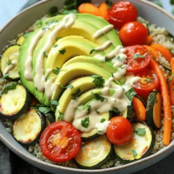 - 1 cup quinoa, rinsed - 2 cups vegetable broth - 1 large zucchini, diced - 1 red bell pepper, diced - 1 cup cherry tomatoes, halved - 1 cup carrots, sliced - 1 red onion, diced - 3 tablespoons olive oil - 1 teaspoon smoked paprika - 1 teaspoon garlic powder - Salt and pepper to taste - 1 avocado, sliced - 1/4 cup tahini - 2 tablespoons lemon juice - Fresh parsley for garnish This grain bowl is not just tasty; it’s also healthy. It provides a good balance of protein, fiber, and healthy fats. Quinoa is a complete protein. It gives you all nine essential amino acids. The vegetables add vitamins, minerals, and antioxidants. For each serving, you get around: - Calories: 350 - Protein: 12g - Carbs: 45g - Fiber: 10g - Fat: 15g To make this roasted vegetable grain bowl, you need a few basic kitchen tools: - A large baking sheet - A pot for the quinoa - A mixing bowl for the veggies - A whisk for the dressing - A sharp knife and cutting board for chopping These tools help you prepare everything quickly and easily. Enjoy the process of making this colorful and healthy meal! Start by washing all your vegetables. I like to use fresh ones for the best taste. Dice the zucchini, red bell pepper, and red onion into small pieces. Slice the carrots thinly, and cut the cherry tomatoes in half. Place all the chopped veggies in a large bowl. This mix gives a nice rainbow of colors and flavors. In a pot, pour in two cups of vegetable broth. Bring it to a boil. Rinse one cup of quinoa under cold water. Once the broth is boiling, add the quinoa. Lower the heat to a simmer and cover the pot. Cook for about 15 minutes. The quinoa will absorb all the liquid and become fluffy. Preheat your oven to 425°F (220°C). While the oven heats, drizzle three tablespoons of olive oil over the veggies in the bowl. Add one teaspoon of smoked paprika, one teaspoon of garlic powder, salt, and pepper to taste. Toss everything well until the vegetables are fully coated. Spread them out on a baking sheet lined with parchment paper. Roast for 25-30 minutes. They should be caramelized and tender when done. This simple method brings out the best flavors in your roasted vegetables. You can now assemble your bowl with the cooked quinoa and roasted veggies from the Full Recipe. Enjoy! Roasting vegetables brings out their natural sweetness and flavor. Here are my tips: - Choose fresh vegetables. Fresh veggies taste better. - Cut them evenly. This helps them cook at the same rate. - Use enough oil. A light coat of oil helps with browning. - Don't crowd the pan. Give them space to caramelize. - Stir halfway through. This ensures even cooking and browning. Roast your veggies at 425°F for a nice char. They should be golden brown and tender. Keep an eye on them. They can go from perfect to burnt quickly! Quinoa is a great grain for your bowl. Here are some common mistakes: - Not rinsing quinoa. Rinsing removes bitter saponins. Always rinse your quinoa before cooking. - Wrong water ratio. Use two cups of broth for every cup of quinoa. This gives it flavor. - Skipping the simmer. Let it simmer on low heat for 15 minutes. This helps it cook evenly. - Not fluffing it. After cooking, let it sit for five minutes, then fluff with a fork. These tips ensure your quinoa is light and fluffy. A good dressing can elevate your grain bowl. Here’s how to make it shine: - Start with a base. Use tahini, yogurt, or a vinaigrette. - Add acidity. Lemon juice or vinegar brightens the flavors. - Season well. A pinch of salt and pepper goes a long way. - Experiment with herbs. Fresh herbs add freshness and depth. - Adjust thickness. Add water to thin or more tahini to thicken. Always taste as you go. A little tweak can make a big difference. These tips will help you create a delicious dressing every time. For a full guide on creating this bowl, check the Full Recipe. {{image_2}} This grain bowl is naturally vegan! You get great flavors from the roasted veggies and tahini. If you want more protein, add chickpeas or black beans. They make it hearty and filling. You can also swap the tahini for almond butter or sunflower seed butter. Both options work well and keep it plant-based. Quinoa is a great choice, but you can mix it up! Try brown rice for a chewy texture. Farro adds a nutty flavor, while bulgur is quick to cook. Each grain brings its own taste and texture. You can also use gluten-free grains like millet or sorghum if needed. Choose what you love best! Seasonal veggies can change your grain bowl game! Use asparagus in spring or squash in fall. Sweet potatoes add sweetness in cooler months, while fresh peas brighten the dish in summer. You can also toss in leafy greens like kale or spinach for added nutrients. This keeps your bowl fresh and exciting all year long. For the complete recipe, check out the Full Recipe. Store your roasted vegetable grain bowl in airtight containers. This keeps the food fresh. Let the bowl cool down before sealing. You can keep it in the fridge for up to four days. If you want to store it longer, consider freezing. Just make sure to separate the dressing. Meal prepping this bowl can save you time. Cook a big batch of quinoa and roast extra veggies. Once cooled, divide them into meal prep containers. You can mix and match different veggies each week. This keeps your meals fun and exciting. When you want to eat your leftovers, reheat them gently. You can use the microwave for quick heat. Place the bowl in for about one to two minutes. Stir halfway through to warm evenly. If you prefer the oven, heat at 350°F (175°C) for ten minutes. Enjoy your tasty meal! For the full recipe, you can find it [here](#). To make the grain bowl gluten-free, simply swap the quinoa with a gluten-free grain. You can use brown rice, millet, or even buckwheat. These options are tasty and keep the meal light. Always check the labels to ensure they are gluten-free. This change does not alter the delicious flavors you crave. You can use many veggies in this grain bowl. Broccoli, sweet potatoes, or asparagus work great. Try adding cauliflower or Brussels sprouts for a crunchy texture. Feel free to mix and match based on what you have. Seasonal vegetables add fresh flavors and colors. Just remember to roast them until tender. Yes! You can prep the grain bowl ahead. Roast the veggies and cook the quinoa in advance. Store them in separate containers in the fridge. When you're ready to eat, just combine them. Drizzle on the tahini dressing before serving. This is a great way to save time during busy days. For the full recipe, check out the Rainbow Roasted Vegetable Grain Bowl. This blog post gave you all you need to create tasty grain bowls. We covered key ingredients, easy steps, and useful tips. You learned about roasting vegetables and cooking quinoa just right. You can also explore fun variations and tips for storage. Grain bowls are flexible, so get creative! Use what you have on hand. Enjoy tasty, healthy meals that fit your style. Now, get cooking and enjoy every bite!