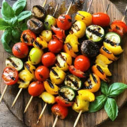 For grilled vegetable skewers, I love using a mix of colorful veggies. Here’s my go-to list: - 1 red bell pepper, cut into 1-inch pieces - 1 yellow bell pepper, cut into 1-inch pieces - 1 zucchini, sliced into thick rounds - 1 red onion, cut into wedges - 1 cup cherry tomatoes - 1 cup mushrooms, halved When picking vegetables, choose fresh, firm ones. The colors should be bright and vibrant. Look for bell peppers with smooth skin and avoid any that feel soft or have blemishes. For zucchini, select ones that are small to medium-sized. Mushrooms should be dry and firm. The fresher the veggies, the better your skewers will taste. The marinade brings out the best flavors in your vegetables. Here’s what you need: - 3 tablespoons olive oil - 2 tablespoons balsamic vinegar - 1 teaspoon garlic powder - 1 teaspoon paprika - Salt and pepper to taste Each ingredient plays a key role. Olive oil adds richness and helps with grilling. Balsamic vinegar gives a nice tang. Garlic powder adds depth and a savory touch, while paprika gives a subtle smokiness. Salt and pepper enhance all these flavors and tie everything together. To make your skewers even tastier, consider these options: - Optional spices: cumin, chili powder, or Italian seasoning - Fresh herbs: basil, parsley, or thyme for garnish Spices can add heat or earthiness depending on your choice. Fresh herbs not only add flavor but also taste fresh. They also look great on the plate, making your skewers pop with color. Try mixing and matching to find your favorite flavor combo. For the complete recipe, check out the [Full Recipe]. To make the marinade, gather these ingredients: olive oil, balsamic vinegar, garlic powder, paprika, salt, and pepper. In a large bowl, mix the olive oil and balsamic vinegar. Add the garlic powder and paprika. Season with salt and pepper. Whisk until smooth. This marinade adds depth and flavor to our vegetables. For the best taste, let the marinade sit for a few minutes. This allows the flavors to blend. Toss the vegetables in the marinade gently. Make sure each piece gets coated well. This step is key for juicy, tasty skewers. Now it's time to thread the vegetables onto skewers. Use metal or soaked wooden skewers. Start with a bell pepper, then add zucchini, onion, and tomatoes. Keep adding until the skewer is filled. Make sure to alternate colors and types of vegetables. This creates a vibrant look that is appealing. A mix of colors not only looks good but also enhances the taste. Try to pack the veggies close, but not too tight. This allows even cooking. Preheat your grill to medium-high heat, about 400°F (200°C). Place the skewers on the grill, leaving space between them. Cook for 10-12 minutes. Turn them every few minutes for even grilling. To check if they are done, look for tender veggies with nice grill marks. If they feel soft and look charred, they are ready. Once cooked, let the skewers cool for a minute. Serve them on a platter, garnished with fresh basil for a pop of color. For the full recipe, check the details above. To grill vegetables well, you need the right heat. Aim for medium-high heat, around 400°F (200°C). This temperature helps to sear the veggies quickly, locking in their juices. Here are some grilling times for common vegetables: - Red bell pepper: 8-10 minutes - Zucchini: 6-8 minutes - Red onion: 10-12 minutes - Mushrooms: 6-8 minutes - Cherry tomatoes: 4-6 minutes Rotate the skewers often. This step helps ensure even cooking and nice grill marks. One common mistake is not preheating the grill. If the grill is not hot enough, the vegetables may stick or cook unevenly. Always preheat your grill to the right temperature. Another pitfall is overcrowding the skewers. If you pack them too tight, the veggies won't cook evenly. Leave some space between each piece. If you find your veggies are burning, lower the heat or move them to a cooler part of the grill. If they’re undercooked, give them more time on the grill while checking frequently. Marinades boost flavor and tenderness. You can try different mixes to find what you love. One great option is an olive oil and balsamic vinegar mix, with added garlic powder and paprika. For the best flavor, marinate the veggies for at least 30 minutes. You can even marinate them overnight for a deeper taste. Experiment with herbs like thyme or rosemary, or add a splash of soy sauce for a savory twist. Ready to make these skewers? Check out the Full Recipe for all the details! {{image_2}} You can mix and match many vegetables for your skewers. Here are some great options: - Eggplant, cut into cubes - Bell peppers in various colors - Asparagus, trimmed and cut - Sweet corn on the cob, cut into rounds - Cherry tomatoes for sweetness Using seasonal ingredients can add fresh flavors. In summer, think of zucchini and tomatoes. In fall, add butternut squash for a warm touch. Experiment with what you find at the market. To make your skewers heartier, add protein. Here are simple ideas: - Cubes of firm tofu, marinated for flavor - Chicken breast, cut into bite-sized pieces - Shrimp, peeled and deveined If you add meat, adjust cooking times. Chicken needs about 15-20 minutes on the grill. Tofu and shrimp cook faster, around 5-7 minutes. Always check that meat is cooked through for safety. You can give your skewers a global twist. Here are some ideas: - For a Mediterranean vibe, use olive oil, lemon juice, and herbs like oregano. - For Asian flair, try soy sauce, sesame oil, and ginger in your marinade. - Mexican inspired? Use lime juice, chili powder, and cumin. Each of these flavor profiles can bring something new to your skewers. Try different marinades to discover your favorite. For a full recipe, check out the Grilled Rainbow Vegetable Skewers. To keep leftover skewers fresh, place them in an airtight container. You can also wrap them tightly in plastic wrap. This method prevents air from getting in. Store them in the fridge for up to three days. After that, the quality may drop. For reheating, use a grill or oven. Preheat your grill to medium heat. Place the skewers on the grill for about 5 minutes. Turn them halfway to warm them evenly. If using an oven, set it to 350°F (175°C). Bake for 10-15 minutes. This keeps the flavor and texture intact. Yes, you can freeze grilled vegetable skewers. First, let them cool completely. Then, place them in a freezer bag. Remove as much air as possible before sealing. They can be stored for up to three months. When ready to eat, thaw them overnight in the fridge before reheating. Soak wooden skewers for 30 minutes before grilling. This step helps prevent burning. If the skewers burn, your food may catch fire too. Soaking also keeps the skewers moist and helps them hold heat better. Yes, you can cook skewers in the oven. Preheat your oven to 400°F (200°C). Use a baking sheet lined with foil or parchment. Place skewers on the sheet, and cook for 15-20 minutes. Turn them halfway through for even cooking. The best grill temperature for vegetables is medium-high, around 400°F (200°C). This heat cooks vegetables evenly and brings out their natural sweetness. You can test the heat by holding your hand above the grill. If you can hold it there for 4-5 seconds, it's ready. To prevent sticking, oil the grill grates before cooking. You can use a paper towel dipped in oil and tongs to apply it. Also, make sure your vegetables are dry before grilling. This helps them release easily when cooking. Grilling vegetable skewers is fun and simple. We explored essential vegetables, marinades, and seasonings that boost flavor. I shared step-by-step instructions for preparing, assembling, and grilling the skewers. Don’t forget the helpful tips to avoid common mistakes and enhance your dish with international flavors. Whether you enjoy leftovers or want to explore different combinations, you now have the tools to create perfect skewers every time. Enjoy your tasty creations and impress everyone at your next barbecue!