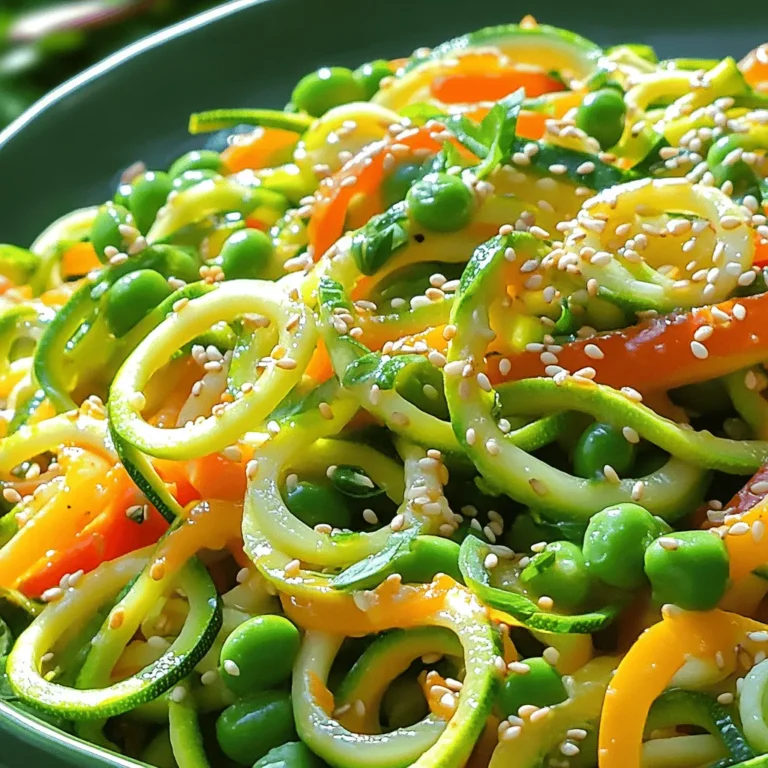 - 3 medium zucchinis, spiralized into noodles - 1 bell pepper (red or yellow), sliced - 1 cup snap peas, trimmed - 1 small carrot, julienned - 2 green onions, chopped - 2 cloves garlic, minced - 1 tablespoon ginger, grated - 3 tablespoons soy sauce (or tamari for gluten-free) - 1 tablespoon sesame oil - 1 teaspoon chili flakes (optional) - 1 tablespoon sesame seeds (for garnish) If you can't find zucchinis, use yellow squash. It works well and tastes good. For soy sauce, try coconut aminos for a sweeter touch. If you want a crunch, add chopped bell peppers. They add color and flavor. You can swap sesame oil for olive oil if needed. This recipe is flexible and allows for your own touch. First, wash your zucchinis well. Then, use a spiralizer to turn them into noodles. You can also use a peeler for flat noodles. After spiralizing, set the noodles aside. This fresh base gives your dish a light and fun twist. Heat a large skillet or wok over medium-high heat. Add the sesame oil and let it warm up. Next, add minced garlic and grated ginger to the hot oil. Sauté them for about 30 seconds until they smell great. Now, toss in sliced bell pepper, snap peas, and julienned carrots. Stir-fry these for 3-4 minutes. You want them to be soft but still crunchy. Now, add the zucchini noodles and soy sauce to the skillet. Mix everything well. Stir-fry for another 3-4 minutes until the noodles are warm. If you like heat, sprinkle in some chili flakes. Stir once more to combine. Remove the stir-fry from the heat. Add chopped green onions and mix them in. This adds a nice fresh flavor. Now, serve your dish right away. For a final touch, sprinkle sesame seeds on top. Enjoy your colorful and tasty zucchini noodle stir fry! You can find the full recipe under Zesty Zucchini Noodle Stir Fry. To boost the taste of your zucchini noodle stir fry, mix fresh herbs. Basil and cilantro add a nice twist. You can also add lime juice for brightness. If you want more flavor, try adding a splash of rice vinegar. This creates a tangy kick. Keep your stir-fry quick to avoid soggy noodles. Cook over high heat for the best results. Stir often to ensure even cooking. You want the veggies to stay crisp and the zucchini noodles to heat through, not cook down. A quick sauté keeps everything crunchy and vibrant. Use a good spiralizer to make your zucchini noodles. It makes the process easy and fun. A non-stick skillet or wok works best for stir-frying. These tools help prevent sticking and make cleaning easier. For cutting veggies, a sharp knife saves time and keeps things safe. If you want to follow the full recipe, check the link. {{image_2}} You can add more nutrition to your zucchini noodle stir fry. Try adding leafy greens like spinach or kale. They wilt nicely and boost vitamins. You can also toss in broccoli florets for extra crunch. Nuts, like cashews or almonds, add protein and healthy fats. Chopped bell peppers bring color and flavor. These additions make the dish even better. Adding protein makes your meal more filling. Chicken is a great choice. Slice it thin and stir-fry it with the veggies. Tofu is a fantastic option too. Choose firm tofu and cube it before cooking. For a seafood twist, try shrimp or scallops. Each protein option gives a new taste and texture to your dish. Try different sauces to mix things up. Instead of soy sauce, use teriyaki for a sweet twist. You can also try a spicy chili paste for heat. Peanut sauce adds creaminess and flavor. For a fresh taste, drizzle lime juice on top before serving. Each sauce changes the dish and keeps it exciting. After you make your zesty zucchini noodle stir fry, store any leftovers in an airtight container. Keep the container in the fridge. Use your leftovers within two to three days. This keeps them fresh and tasty. Avoid adding sesame seeds until you serve. They can lose their crunch if stored. If you want to save your stir fry for later, you can freeze it. Place it in a freezer-safe container. Make sure to leave some space at the top for expansion. You can store it for up to three months. When you’re ready to eat, just thaw it in the fridge overnight. To reheat your stir fry, use a skillet on medium heat. Add a splash of water or a bit of oil to prevent sticking. Stir it often until it’s hot. This should take about 5 to 7 minutes. You can also use the microwave. Heat it in 30-second intervals, stirring in between. Enjoy your quick and healthy meal again! Zucchini noodles, or zoodles, are low in calories and carbs. They provide a fresh taste with a nice crunch. Zoodles are rich in vitamins A and C. They also have fiber, which helps digestion. Eating zucchini noodles can aid in weight control. They are gluten-free and perfect for many diets. You can enjoy them without guilt. Yes, you can make this recipe ahead of time. Prepare the vegetables and store them in the fridge. You can spiralize the zucchinis a day in advance. Just keep them in a sealed container. When you're ready to cook, heat the pan and add the veggies. Cook them fresh for the best taste. To avoid soggy zucchini noodles, use firm zucchinis. Spiralize them just before cooking. Cook the stir fry quickly over high heat. Don’t overcook the noodles; 3-4 minutes is enough. Drain any excess water from the zucchini if needed. This helps keep them crunchy and bright. Enjoy the texture in every bite! This blog showed you how to make a tasty zucchini noodle stir fry. We covered fresh ingredients, pantry staples, and substitutes to fit your needs. I shared easy step-by-step instructions for prepping and cooking. You learned helpful tips for great flavor and texture. I also gave you variations to customize your dish and storage tips to keep it fresh. Zucchini noodles are a fun, healthy choice. I hope you feel ready to try this recipe today!