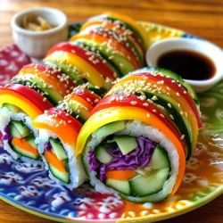 - 2 cups sushi rice - 2 1/2 cups water - 3 tablespoons rice vinegar - 1 tablespoon sugar - 1 teaspoon salt - 4 sheets of nori (seaweed) - 1 small cucumber, julienned - 1 red bell pepper, thinly sliced - 1 yellow bell pepper, thinly sliced - 1 small carrot, julienned - 1 avocado, sliced - 1 cup purple cabbage, finely shredded - Soy sauce, for dipping - Pickled ginger, for serving (optional) - Sesame seeds, for garnish (optional) To make rainbow veggie sushi rolls, gather these fresh ingredients. The sushi rice is the base. Rinse it well to remove excess starch. This will help the rice become sticky. You need to season the rice with vinegar, sugar, and salt. This adds flavor and balances the dish. Next, pick colorful vegetables. The cucumber adds crunch. Red and yellow bell peppers give sweetness and color. The carrot brings a nice snap, while avocado adds creaminess. Finally, the purple cabbage provides a lovely contrast. Don't forget the nori! This seaweed holds everything together. You can serve the rolls with soy sauce and pickled ginger for extra taste. If you like, sprinkle sesame seeds on top for a nice touch. For the full recipe, refer to the section at the end. Enjoy making these tasty and vibrant rolls! 1. Rinsing the rice: First, rinse the sushi rice in cold water. Do this until the water runs clear. This step removes the extra starch. It helps the rice cook better and keeps it from getting too sticky. 2. Cooking the rice and seasoning it: In a medium pot, add your rinsed rice and 2 1/2 cups of water. Bring it to a boil. Once it boils, reduce the heat to low. Cover the pot and let it simmer for about 20 minutes. After that, turn off the heat and let it steam for another 10 minutes. For seasoning, mix 3 tablespoons of rice vinegar, 1 tablespoon of sugar, and 1 teaspoon of salt in a small bowl. Stir until dissolved. Gently fold this mix into the cooked rice. Be careful not to mash the grains. Let the rice cool to room temperature. 1. Preparing the sushi mat: Place a bamboo sushi mat on a clean surface. This mat will help you roll the sushi easily. 2. Spreading the rice: Lay a sheet of nori on the mat, shiny side down. Wet your hands with water to stop the rice from sticking. Take about 1/2 cup of sushi rice and spread it over the nori. Leave about 1 inch at the top edge. 3. Layering the vegetables: Now it’s time for the fun part! Arrange a line of colorful veggies on the rice. Use your cucumber, red bell pepper, yellow bell pepper, carrot, avocado, and purple cabbage. Spread them out nicely across the middle of the rice. 1. Rolling technique: Carefully lift the mat and start rolling the sushi away from you. Tuck the filling in tightly as you go. Keep rolling until you reach the edge of the nori. Wet the top edge with a little water to seal the roll. 2. Slicing the rolls: Take a sharp knife and slice the roll into bite-sized pieces. Make sure to clean the knife with a damp cloth after each cut. This keeps the rolls neat and helps prevent sticking. 3. Cleaning the knife: It’s important to clean your knife often. This way, your sushi rolls look great and stay intact. Now you have a colorful plate of rainbow veggie sushi! For the full recipe, check out the [Full Recipe]. To make your sushi rolls look great, use a colorful plate. A white plate lets the colors pop. Arrange the rolls neatly, and place a small dish of soy sauce for dipping. Add some pickled ginger on the side. For a final touch, sprinkle sesame seeds on top of the rolls. It adds a nice crunch and looks nice too. A good sushi mat makes rolling easier. I recommend a bamboo rolling mat. It helps you shape the rolls tightly. A sharp knife is key for clean cuts. Use a chef’s knife or a sushi knife. Clean the knife with a damp cloth between cuts. This keeps the rolls from sticking. Pair your sushi with refreshing drinks. Green tea or sparkling water works well. They cleanse your palate. For toppings, use pickled ginger. It adds a zesty flavor. You can also serve soy sauce on the side for dipping. If you want to impress, try making a dipping sauce with soy sauce and a dash of sesame oil. These tips ensure your Rainbow Veggie Sushi Rolls are not just tasty but also beautiful! For the full recipe, check out the recipe section above. {{image_2}} You can easily make these sushi rolls vegan. Just skip any fish or meat. Use more veggies like carrots and avocados. For gluten-free sushi, swap the soy sauce with tamari. This keeps the flavor without gluten. If you don't have some veggies, use what you have. Try zucchini, radishes, or even spinach. For rice vinegar, you can use apple cider vinegar or lemon juice. These options still add a nice tang. If you can't find nori, use lettuce leaves for wrapping. This gives a fresh crunch. To make your sushi rice special, try adding flavor. Use a little garlic powder or sesame oil in the rice. You can also add herbs like cilantro for a fresh taste. Spices like chili powder can give it a kick. Every twist makes your sushi rolls unique. For the [Full Recipe], follow the steps to create vibrant, tasty rolls! To keep your rainbow veggie sushi rolls fresh, store them in an airtight container. This helps prevent the nori from getting soggy. If you have leftovers, wrap each roll in plastic wrap. This keeps moisture out and keeps the rolls nice. You can also use a bamboo mat to keep them tight. You might wonder, can you reheat sushi? The answer is no for traditional sushi. It tastes best fresh. However, if you need to refresh your sushi rolls, you can let them sit at room temperature for a few minutes. This can help them regain some of their original flavor and texture. How long can sushi be stored? Rainbow veggie sushi rolls can last in the fridge for about 24 hours. After that, they may lose their taste and texture. Watch for signs of spoilage. If the nori becomes too soft or the vegetables look wilted, it's time to toss it. Always trust your senses when it comes to food safety. To make rainbow sushi rolls, you need a few steps. First, cook sushi rice and let it cool. Then, lay a sheet of nori on a mat. Spread rice on the nori, leaving some space at the top. Add a mix of colorful veggies, like cucumber, bell peppers, and avocado. Roll it up tightly and seal the edge with water. Finally, slice the roll into pieces. You can find the full recipe above. Yes, you can use brown rice for sushi. Brown rice has more fiber and nutrients than white rice. However, it takes longer to cook and is chewier. White rice is stickier, which helps keep the rolls together. If you prefer brown rice, rinse it well and adjust your cooking time. Yes, nori sheets are quite healthy. They are low in calories and high in vitamins. Nori is rich in iodine, which helps your thyroid. It also has antioxidants that can boost your immune system. Plus, nori provides some protein and fiber, making it a great addition to your diet. If you don’t have a sushi mat, you can use a clean kitchen towel. Lay the nori on the towel and spread the rice as usual. You can also roll the sushi with your hands, but it may be trickier. Another option is to use a cutting board or a flat plate to help you shape your rolls. Yes, you can prepare sushi rolls in advance. However, they taste best fresh. If you make them ahead, store them in an airtight container in the fridge. To keep them from drying out, wrap each roll in plastic wrap. You can also prepare the ingredients and assemble them later. Just keep everything cool until you're ready to roll. Making sushi is fun and tasty! You learned about key ingredients like sushi rice and fresh veggies. I shared easy steps for preparing and rolling your sushi. You now know tips for how to present and store it well. With variations and storage info, you can enjoy sushi your way. Have fun exploring new flavors and impressing friends with your skills!