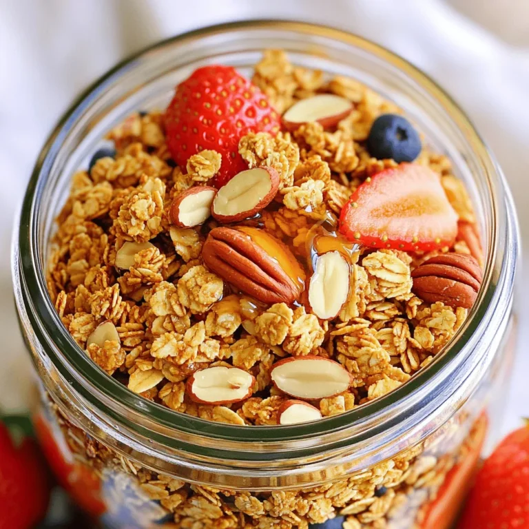 To make Maple Pecan Granola, gather the following: - 3 cups rolled oats - 1 cup pecans, chopped - 1/2 cup almonds, sliced - 1/2 cup unsweetened coconut flakes - 1/2 cup maple syrup - 1/4 cup coconut oil, melted - 1 teaspoon vanilla extract - 1/2 teaspoon cinnamon - 1/4 teaspoon salt - 1/2 cup dried cranberries or raisins (optional) - 1/4 cup chia seeds (optional) Each ingredient brings unique health perks. - Rolled oats provide fiber, aiding digestion and keeping you full. - Pecans are rich in healthy fats, vitamins, and minerals. They support heart health. - Almonds add protein and vitamin E, boosting skin health and immunity. - Coconut flakes offer healthy fat and fiber, promoting energy. - Maple syrup adds natural sweetness and antioxidants, helping fight inflammation. - Coconut oil contains medium-chain triglycerides, which may support weight loss. - Vanilla extract enhances flavor and has antioxidant properties. - Cinnamon helps regulate blood sugar levels and adds warmth to the taste. - Salt balances flavors and helps with hydration. - Dried cranberries or raisins provide extra vitamins and natural sweetness. - Chia seeds are packed with fiber and omega-3 fatty acids, great for heart health. Finding quality ingredients makes a big difference. - Rolled oats can be found at grocery stores, health food shops, or online. - Nuts like pecans and almonds are best from bulk bins or natural food stores. - Coconut flakes are available in most grocery stores, often near baking supplies. - Maple syrup should be pure, not imitation; check local farmers’ markets or specialty stores. - Coconut oil is easy to find in grocery stores, often in the baking aisle. - Vanilla extract should be pure for the best flavor. Look at specialty shops or online. - Spices like cinnamon can be found in the spice aisle of any grocery store. - Dried fruits can be sourced from bulk bins or packaged sections. - Chia seeds are common in health food stores and online. Using fresh, quality ingredients ensures your Maple Pecan Granola tastes great and is healthy. For the full recipe, check the earlier section. To make maple pecan granola, start by preheating your oven to 300°F (150°C). Line a baking sheet with parchment paper to prevent sticking. In a large bowl, mix the rolled oats, chopped pecans, sliced almonds, coconut flakes, cinnamon, and salt. Stir these dry ingredients until they blend well. In a separate bowl, whisk together the maple syrup, melted coconut oil, and vanilla extract. Pour this wet mixture over the dry ingredients. Stir until everything is evenly coated. Spread the granola mixture on your baking sheet in an even layer. Bake this in your preheated oven for about 25 to 30 minutes. Stir halfway through to ensure even cooking. The granola should turn golden brown and smell amazing. Once baked, take it out and let it cool completely on the sheet. As it cools, it will crisp up nicely. After it cools, add the dried cranberries or raisins and chia seeds if you want. Mix these in well. Store the granola in an airtight container at room temperature. It will last for up to two weeks. To get the best crunch, make sure to bake the granola until it is fully golden. Stirring halfway helps to prevent burning while keeping it crunchy. If you like a sweeter taste, you can add a bit more maple syrup. Just be careful not to make it too sticky. Adding a pinch more salt can enhance the flavors. You can also try adding spices like nutmeg for a unique twist. One common mistake is not measuring the ingredients correctly. Too much liquid can make the granola soggy. Make sure to stir the mixture well so every piece gets coated. Another mistake is not letting the granola cool completely. If you skip this step, it may not get crunchy. Avoid opening the oven too often, as this can change the temperature. Keeping an eye on the baking time is key to achieving that perfect golden color. To keep your granola fresh, store it in an airtight container. This helps prevent moisture from ruining the crunch. I recommend placing the container in a cool, dry place. Avoid keeping it near heat sources like the stove. Granola can last up to two weeks when stored properly. If you want to keep it even longer, consider freezing it for up to three months. When serving, I love using clear jars or bowls. This shows off the beautiful layers of oats and nuts. You can top the granola with fresh fruits such as bananas or berries. A drizzle of maple syrup adds a sweet touch. For added creaminess, serve it with yogurt or milk. This makes for a colorful and inviting breakfast or snack. If you want crunchier granola, bake it a bit longer. Keep an eye on it to avoid burning. Stirring halfway through helps even out the browning. You can also try adding more nuts or seeds. They provide extra texture and crunch. Mixing in a bit of extra oil can also help create that delightful crispiness. For the best results, let the granola cool completely before storing. This extra step ensures maximum crunchiness. For the full recipe, check out the detailed instructions. {{image_2}} I know allergies can be a concern for many. If you or someone you know has nut allergies, you can swap out the pecans and almonds for seeds. Try pumpkin seeds or sunflower seeds for a crunchy texture. If you're sensitive to gluten, use gluten-free oats. They work just as well in this recipe. Want to add more flavor? Consider mixing in spices like nutmeg or cardamom. You can also add a pinch of sea salt to enhance the sweetness of the maple syrup. For a fruity twist, toss in dried fruits like apricots or figs. They will add a chewy texture and a burst of flavor. You can make this granola special for each season. In fall, add pumpkin spice and some chopped apples. During winter, mix in some candied ginger for a warm flavor. For summer, fresh berries or citrus zest can brighten up your granola. All these variations keep it exciting and fun! If you want to try the full recipe, check it out [here](#). To keep your Maple Pecan Granola fresh, store it in an airtight container. Glass jars work well because they keep moisture out. You can also use plastic containers, but make sure they seal tightly. Keep the granola at room temperature, away from sunlight and heat. Properly stored, it will last for up to two weeks. For longer storage, you can freeze the granola. Just place it in a freezer-safe bag and remove as much air as you can. It will stay good for up to three months. Check your granola for any signs of spoilage. If you see mold or an off smell, throw it away. Fresh granola should smell sweet and nutty. If it feels soft or sticky, it may have absorbed moisture. Crunchy granola should break apart easily. If it clumps together, it may be time to toss it. Always trust your senses when it comes to food safety. If your granola loses its crunch, you can easily refresh it. Preheat your oven to 300°F (150°C). Spread the granola out on a baking sheet in a single layer. Bake for about 5 to 10 minutes until it gets crispy again. Keep an eye on it so it doesn’t burn. Once cooled, it will regain its delightful crunch. Enjoy it as a topping for yogurt or with milk, or just snack on it plain! For the full recipe, check out the Maple Pecan Granola details above. You can boost nutrition by adding seeds like pumpkin or sunflower. These seeds add protein and healthy fats. You can also mix in dried fruits for fiber and vitamins. Try using whole grain oats for more fiber. Adding spices like nutmeg or ginger can enhance flavor and health. Yes, you can swap in other nuts. Walnuts, cashews, or hazelnuts work great, too. Each nut adds its own flavor and texture. Just chop them up like the pecans. Feel free to mix and match nuts based on what you like! You can adjust the sweetness by changing the maple syrup. Use less syrup if you want it less sweet. Adding a bit of honey or agave nectar can also work. Taste the mixture before baking to find the right balance for you. Maple Pecan Granola is great for breakfast or snacks. You can eat it plain, with yogurt, or with milk. It also makes a tasty topping for desserts like ice cream. Sprinkle it over fruit for a healthy treat. Many stores sell pre-made Maple Pecan Granola. Check health food stores or local markets. You can also find it online. Look for brands that use natural ingredients for the best flavor. If you want the best taste, try making it at home with the Full Recipe. This blog post covered the main steps to make Maple Pecan Granola. We explored the key ingredients and their health benefits. I shared easy cooking instructions and tips to perfect texture. You learned about storage, variations, and common mistakes to avoid. Now, you can make this tasty snack at home. Enjoy experimenting with flavors and storage methods. Use these ideas to create a healthy treat for any time.