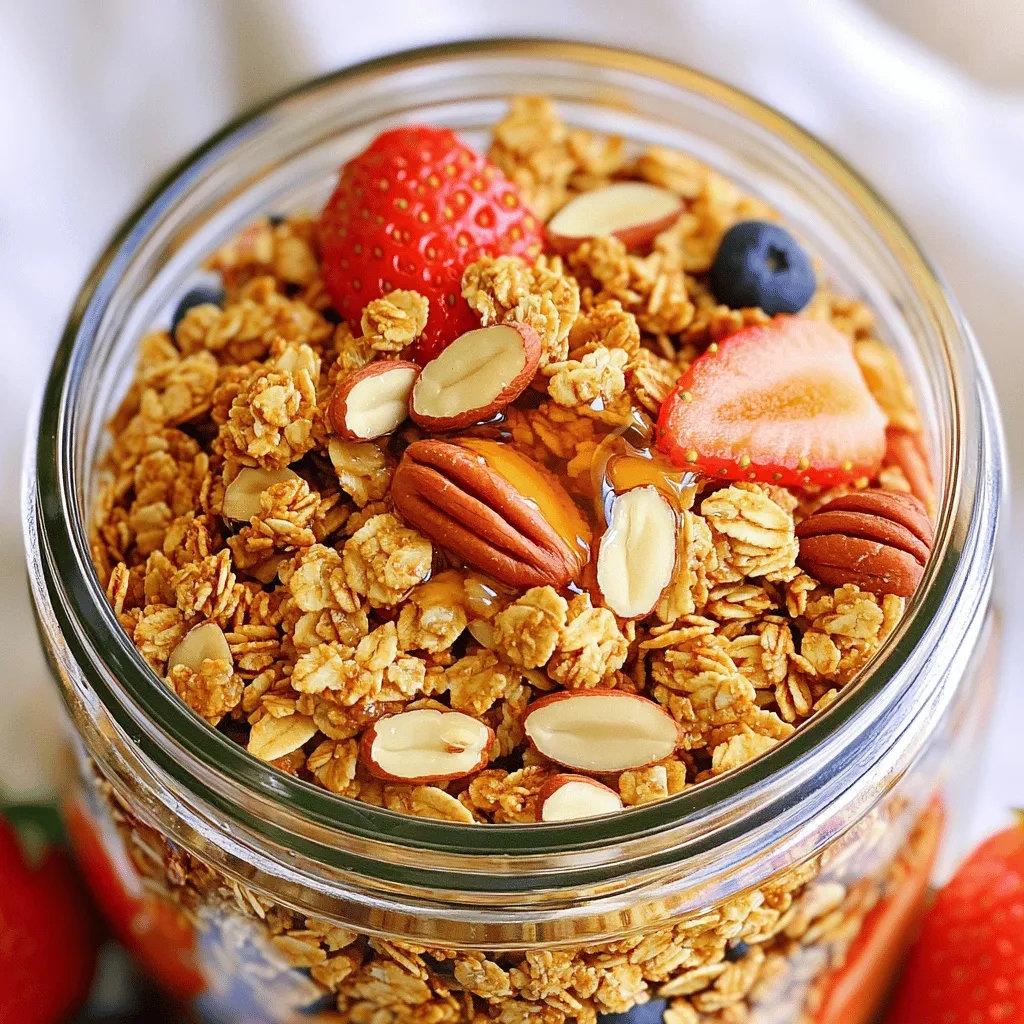 To make Maple Pecan Granola, gather the following: - 3 cups rolled oats - 1 cup pecans, chopped - 1/2 cup almonds, sliced - 1/2 cup unsweetened coconut flakes - 1/2 cup maple syrup - 1/4 cup coconut oil, melted - 1 teaspoon vanilla extract - 1/2 teaspoon cinnamon - 1/4 teaspoon salt - 1/2 cup dried cranberries or raisins (optional) - 1/4 cup chia seeds (optional) Each ingredient brings unique health perks. - Rolled oats provide fiber, aiding digestion and keeping you full. - Pecans are rich in healthy fats, vitamins, and minerals. They support heart health. - Almonds add protein and vitamin E, boosting skin health and immunity. - Coconut flakes offer healthy fat and fiber, promoting energy. - Maple syrup adds natural sweetness and antioxidants, helping fight inflammation. - Coconut oil contains medium-chain triglycerides, which may support weight loss. - Vanilla extract enhances flavor and has antioxidant properties. - Cinnamon helps regulate blood sugar levels and adds warmth to the taste. - Salt balances flavors and helps with hydration. - Dried cranberries or raisins provide extra vitamins and natural sweetness. - Chia seeds are packed with fiber and omega-3 fatty acids, great for heart health. Finding quality ingredients makes a big difference. - Rolled oats can be found at grocery stores, health food shops, or online. - Nuts like pecans and almonds are best from bulk bins or natural food stores. - Coconut flakes are available in most grocery stores, often near baking supplies. - Maple syrup should be pure, not imitation; check local farmers’ markets or specialty stores. - Coconut oil is easy to find in grocery stores, often in the baking aisle. - Vanilla extract should be pure for the best flavor. Look at specialty shops or online. - Spices like cinnamon can be found in the spice aisle of any grocery store. - Dried fruits can be sourced from bulk bins or packaged sections. - Chia seeds are common in health food stores and online. Using fresh, quality ingredients ensures your Maple Pecan Granola tastes great and is healthy. For the full recipe, check the earlier section. To make maple pecan granola, start by preheating your oven to 300°F (150°C). Line a baking sheet with parchment paper to prevent sticking. In a large bowl, mix the rolled oats, chopped pecans, sliced almonds, coconut flakes, cinnamon, and salt. Stir these dry ingredients until they blend well. In a separate bowl, whisk together the maple syrup, melted coconut oil, and vanilla extract. Pour this wet mixture over the dry ingredients. Stir until everything is evenly coated. Spread the granola mixture on your baking sheet in an even layer. Bake this in your preheated oven for about 25 to 30 minutes. Stir halfway through to ensure even cooking. The granola should turn golden brown and smell amazing. Once baked, take it out and let it cool completely on the sheet. As it cools, it will crisp up nicely. After it cools, add the dried cranberries or raisins and chia seeds if you want. Mix these in well. Store the granola in an airtight container at room temperature. It will last for up to two weeks. To get the best crunch, make sure to bake the granola until it is fully golden. Stirring halfway helps to prevent burning while keeping it crunchy. If you like a sweeter taste, you can add a bit more maple syrup. Just be careful not to make it too sticky. Adding a pinch more salt can enhance the flavors. You can also try adding spices like nutmeg for a unique twist. One common mistake is not measuring the ingredients correctly. Too much liquid can make the granola soggy. Make sure to stir the mixture well so every piece gets coated. Another mistake is not letting the granola cool completely. If you skip this step, it may not get crunchy. Avoid opening the oven too often, as this can change the temperature. Keeping an eye on the baking time is key to achieving that perfect golden color. To keep your granola fresh, store it in an airtight container. This helps prevent moisture from ruining the crunch. I recommend placing the container in a cool, dry place. Avoid keeping it near heat sources like the stove. Granola can last up to two weeks when stored properly. If you want to keep it even longer, consider freezing it for up to three months. When serving, I love using clear jars or bowls. This shows off the beautiful layers of oats and nuts. You can top the granola with fresh fruits such as bananas or berries. A drizzle of maple syrup adds a sweet touch. For added creaminess, serve it with yogurt or milk. This makes for a colorful and inviting breakfast or snack. If you want crunchier granola, bake it a bit longer. Keep an eye on it to avoid burning. Stirring halfway through helps even out the browning. You can also try adding more nuts or seeds. They provide extra texture and crunch. Mixing in a bit of extra oil can also help create that delightful crispiness. For the best results, let the granola cool completely before storing. This extra step ensures maximum crunchiness. For the full recipe, check out the detailed instructions. {{image_2}} I know allergies can be a concern for many. If you or someone you know has nut allergies, you can swap out the pecans and almonds for seeds. Try pumpkin seeds or sunflower seeds for a crunchy texture. If you're sensitive to gluten, use gluten-free oats. They work just as well in this recipe. Want to add more flavor? Consider mixing in spices like nutmeg or cardamom. You can also add a pinch of sea salt to enhance the sweetness of the maple syrup. For a fruity twist, toss in dried fruits like apricots or figs. They will add a chewy texture and a burst of flavor. You can make this granola special for each season. In fall, add pumpkin spice and some chopped apples. During winter, mix in some candied ginger for a warm flavor. For summer, fresh berries or citrus zest can brighten up your granola. All these variations keep it exciting and fun! If you want to try the full recipe, check it out [here](#). To keep your Maple Pecan Granola fresh, store it in an airtight container. Glass jars work well because they keep moisture out. You can also use plastic containers, but make sure they seal tightly. Keep the granola at room temperature, away from sunlight and heat. Properly stored, it will last for up to two weeks. For longer storage, you can freeze the granola. Just place it in a freezer-safe bag and remove as much air as you can. It will stay good for up to three months. Check your granola for any signs of spoilage. If you see mold or an off smell, throw it away. Fresh granola should smell sweet and nutty. If it feels soft or sticky, it may have absorbed moisture. Crunchy granola should break apart easily. If it clumps together, it may be time to toss it. Always trust your senses when it comes to food safety. If your granola loses its crunch, you can easily refresh it. Preheat your oven to 300°F (150°C). Spread the granola out on a baking sheet in a single layer. Bake for about 5 to 10 minutes until it gets crispy again. Keep an eye on it so it doesn’t burn. Once cooled, it will regain its delightful crunch. Enjoy it as a topping for yogurt or with milk, or just snack on it plain! For the full recipe, check out the Maple Pecan Granola details above. You can boost nutrition by adding seeds like pumpkin or sunflower. These seeds add protein and healthy fats. You can also mix in dried fruits for fiber and vitamins. Try using whole grain oats for more fiber. Adding spices like nutmeg or ginger can enhance flavor and health. Yes, you can swap in other nuts. Walnuts, cashews, or hazelnuts work great, too. Each nut adds its own flavor and texture. Just chop them up like the pecans. Feel free to mix and match nuts based on what you like! You can adjust the sweetness by changing the maple syrup. Use less syrup if you want it less sweet. Adding a bit of honey or agave nectar can also work. Taste the mixture before baking to find the right balance for you. Maple Pecan Granola is great for breakfast or snacks. You can eat it plain, with yogurt, or with milk. It also makes a tasty topping for desserts like ice cream. Sprinkle it over fruit for a healthy treat. Many stores sell pre-made Maple Pecan Granola. Check health food stores or local markets. You can also find it online. Look for brands that use natural ingredients for the best flavor. If you want the best taste, try making it at home with the Full Recipe. This blog post covered the main steps to make Maple Pecan Granola. We explored the key ingredients and their health benefits. I shared easy cooking instructions and tips to perfect texture. You learned about storage, variations, and common mistakes to avoid. Now, you can make this tasty snack at home. Enjoy experimenting with flavors and storage methods. Use these ideas to create a healthy treat for any time.