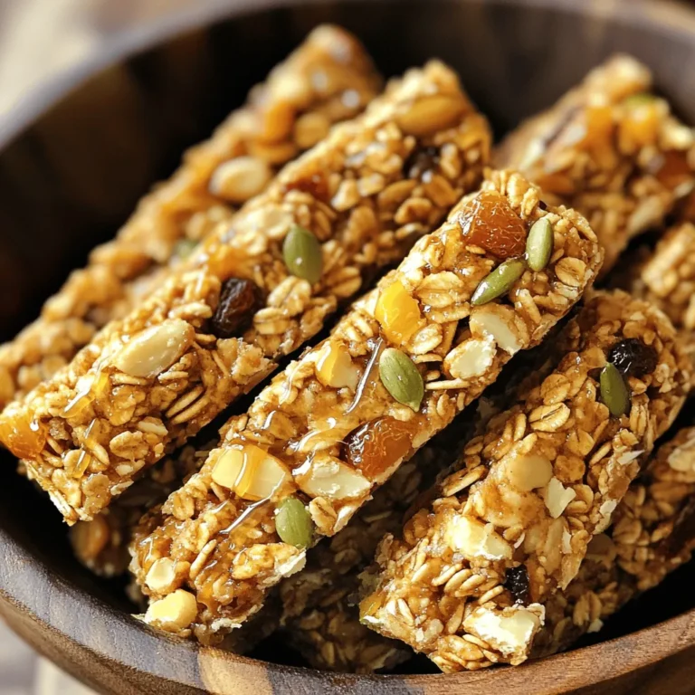- 2 cups rolled oats - 1 cup mixed nuts (almonds, walnuts, pecans), roughly chopped - 1/2 cup sunflower seeds - 1/2 cup honey or maple syrup - 1/4 cup almond butter or peanut butter - 1/2 cup dried fruit (cranberries, apricots, or raisins), chopped - 1 teaspoon vanilla extract - 1/2 teaspoon cinnamon - 1/4 teaspoon salt Gathering the right ingredients is key to making tasty granola bars. Rolled oats are the base. They add texture and fiber. Mixed nuts provide crunch and healthy fats. You can choose your favorite nuts for variety. Sunflower seeds add a delightful bite and extra nutrients. Sweeteners like honey or maple syrup give sweetness and help bind the bars. Nut butter, such as almond or peanut butter, adds creaminess and flavor. Dried fruits bring natural sweetness and chewiness. Don't forget flavor enhancers like vanilla extract and cinnamon. They make your bars even more delicious. - For a vegan option, use maple syrup instead of honey. - Look for gluten-free oats and mix-ins if needed. - If you have nut allergies, use seeds and dried fruits instead. You can make these bars fit your diet. For a vegan version, maple syrup works well. You can find gluten-free oats in stores. Many seeds can replace nuts if you need to avoid them. Options like pumpkin seeds or chia seeds are great choices. This way, everyone can enjoy these tasty treats! 1. Preheat the oven and prepare the baking dish. Start by setting your oven to 350°F (175°C). Line an 8x8 inch baking dish with parchment paper. Leave some paper hanging over the edges. This helps you lift the bars out later. 2. Mixing dry ingredients. In a large bowl, combine 2 cups of rolled oats, 1 cup of mixed nuts, and 1/2 cup of sunflower seeds. Add 1/2 cup of chopped dried fruit, 1/2 teaspoon of cinnamon, and 1/4 teaspoon of salt. Stir everything well. 3. Combining wet ingredients. In a small saucepan, mix 1/2 cup of honey or maple syrup with 1/4 cup of almond or peanut butter. Heat on low until melted. Stir in 1 teaspoon of vanilla extract. Mix until smooth. 1. Transferring the mixture to the pan. Pour the warm honey-nut mixture over the dry ingredients. Stir until all dry parts are coated. Transfer this mixture to your prepared baking dish. 2. Baking time and temperature. Press the mixture down firmly using a spatula or your hands. Bake for 20-25 minutes until the edges turn golden brown. 3. Cooling instructions. Once baked, take it out of the oven. Let it cool in the pan for about 10 minutes. Use the parchment paper to lift it out. Place it on a wire rack to cool completely. 1. Tips for cutting the bars evenly. Once the granola is cool, use a sharp knife to cut it into bars or squares. Try to cut straight down for even pieces. 2. Serving options. These bars make great snacks and breakfast items. You can pack them in lunchboxes too. They are tasty and healthy! Enjoy them at any time of the day. For more details, check the Full Recipe. To get the right texture, pack the mixture tightly in the pan. This helps the bars hold together. If you want chewy bars, bake them for a shorter time. For crunchy bars, bake them a bit longer until they turn golden brown. You can add fun mix-ins to change the flavors. Try chocolate chips, coconut flakes, or seeds. To add spices, use cinnamon or nutmeg. A drop of vanilla extract gives a nice touch too. Be creative and make the bars your own. If your granola bars crumble when you cut them, they may need more binding. Add a bit more nut butter or honey next time. If they are too sweet, cut back on the sweetener. You can also add more oats to balance the taste. For stickiness, ensure you pack them down well before baking. {{image_2}} You can change the flavors of your granola bars easily. One favorite is chocolate chip and coconut. Just add 1/2 cup of chocolate chips and 1/2 cup of shredded coconut to the mix. This combo gives a sweet and chewy bite. You will love the taste of chocolate with the crunch of coconut. For a nut-free option, swap nuts with seeds and dried fruits. Use pumpkin seeds, sunflower seeds, or sesame seeds. Add dried fruits like cranberries or raisins for sweetness. This variation is great for schools or anyone with nut allergies. If you want vegan granola bars, use maple syrup instead of honey. Almond butter is a perfect choice for this recipe. You can also add more seeds like chia or flax. These seeds boost nutrition and add texture. For those on a paleo diet, focus on using nuts and seeds only. Skip the oats and use coconut flakes instead. You can mix in some dried fruits like apricots or dates. This gives a chewy texture without grains. You can make your bars seasonal with easy swaps. In fall, add pumpkin spice for a warm flavor. Mix 1 teaspoon of pumpkin spice into your dry ingredients. This will fill your kitchen with a cozy scent. In summer, try adding fresh fruits and nuts. Diced apples, peaches, or berries work well. They add a refreshing taste to the bars. Just remember to adjust the sweeteners since fresh fruit adds natural sugars. For the full recipe, check out the Nutty Delight Granola Bars. To keep your homemade granola bars fresh, store them in an airtight container. This helps prevent moisture and keeps the bars crunchy. I like using glass jars or plastic containers with tight lids. You can store them at room temperature for easy access. If you live in a warm area, consider keeping them in the fridge, where they last longer. Homemade granola bars stay fresh for about a week at room temperature. In the fridge, they can last up to two weeks. Look for signs of spoilage, like an off smell or a change in texture. If they feel too hard or dry, it's time to toss them. Freshness is key for the best taste. To freeze granola bars, first cut them into squares or rectangles. Wrap each bar in plastic wrap or foil. Then, place them in a freezer-safe bag. This way, they won’t stick together. You can freeze them for up to three months. When you're ready to eat, thaw them in the fridge overnight. If you want to eat them warm, pop them in the microwave for a few seconds. Enjoy your tasty snack! Homemade granola bars can last about one week when stored properly. Keep them in an airtight container at room temperature. If you want them to last longer, you can refrigerate them. In the fridge, they can stay fresh for up to two weeks. Yes, you can make granola bars without nut butter. Use mashed bananas or applesauce as a binding agent. These options add moisture and sweetness. You can also try using sunbutter if you want a nut-free option. To cut granola bars, let them cool completely first. Use a sharp knife for clean cuts. For even bars, use a ruler to measure and mark where you will cut. Press down firmly but gently to prevent crumbling. Absolutely! Making granola bars is a fun activity for kids. They can help mix ingredients or press the mixture into the pan. Just supervise them closely when using the oven or sharp tools. You can easily adjust sweetness by changing the amount of honey or maple syrup. For less sweet bars, use less sweetener. You can also add more dried fruits for natural sweetness. Just keep in mind that this can change the texture. To recap, we explored the essential ingredients and steps for making delicious granola bars. You can mix and match flavors to suit your taste. Remember to pack the mixture tightly for the best texture. Store your bars properly to keep them fresh. Whether you choose classic oats or seasonal twists, homemade bars can be easy and fun. Enjoy your tasty treats as breakfast or snacks. With these tips, you can create your own perfect recipe every time.
