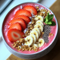 - 1 frozen banana - 1 cup frozen strawberries - ½ cup unsweetened almond milk - 1 tablespoon honey or maple syrup (optional) - ¼ teaspoon vanilla extract For this smoothie bowl, you need a few simple ingredients. The frozen banana and strawberries give it a thick, creamy base. Almond milk adds smoothness without being too heavy. You can add honey or maple syrup for extra sweetness if you like. - Sliced fresh strawberries - Banana slices - Granola varieties - Chia seeds - Coconut flakes - Mint leaves Toppings bring your smoothie bowl to life. Fresh strawberries and banana slices add color and flavor. Granola provides crunch, while chia seeds and coconut flakes add a fun texture. Don't forget mint leaves for a fresh touch! You can mix and match to create a bowl that looks as good as it tastes. To start, gather your frozen banana and frozen strawberries. Place them in a blender. Add ½ cup of almond milk. If you want extra sweetness, include 1 tablespoon of honey or maple syrup. Finally, add ¼ teaspoon of vanilla extract. Blend everything on high speed. Keep blending until it's smooth and creamy. You may need to stop and scrape down the sides. This ensures all the fruit mixes well. Once your smoothie base is ready, pour it into a bowl. Use a spatula to help scoop out all the goodness. Now, it's time to make it pretty! Arrange your toppings on top of the smoothie. Start with sliced fresh strawberries and banana slices. Then sprinkle some granola, chia seeds, and coconut flakes. Make it look vibrant and fun. For the final touch, add fresh mint leaves. They give a nice pop of color and flavor. Think about how you want to present your bowl. You can use colorful plates or bowls to make it more appealing. Enjoy your smoothie bowl as a delightful breakfast or snack! For a detailed recipe, check the full recipe. To get the right thickness, use almond milk. Start with half a cup. If it's too thick, add more milk a little at a time. For a creamier texture, use frozen fruits. Frozen bananas and strawberries blend smoothly. Fresh fruits will make the smoothie thinner. So, think about what you want! You can customize the sweetness to your taste. If you like it sweeter, add more honey or maple syrup. If you want a healthier option, try mashed dates or agave syrup. These add sweetness without refined sugar. Taste as you go to find your perfect mix. This smoothie bowl is great for breakfast or a snack. Pair it with whole grain toast or yogurt for a balanced meal. Keep portion sizes in mind. A bowl that holds about 1 to 1.5 cups is perfect. This way, you get enough without overdoing it. Enjoy your colorful and tasty creation! {{image_2}} If you want a nut-free smoothie bowl, switch to oat milk or soy milk. Both options work well and keep the bowl creamy. For toppings, use seeds, granola, or fresh fruits. Avoid nuts like almonds or walnuts to stay safe for nut-free diets. You can easily boost nutrition by adding spinach or kale. Both greens mix well and add vitamins without changing the flavor much. For protein, try adding Greek yogurt or protein powder. These options make your smoothie bowl filling and good for energy. Don't be afraid to try other fruits! Berries, mango, or peaches can change the taste. You can also use seasonal fruits to add a fun twist. For example, pumpkin in fall or citrus in winter can brighten your bowl. Experimenting is key to finding your favorite mix. To store leftovers safely, use an airtight container. This keeps air out and helps maintain freshness. Place your smoothie bowl in the fridge right after serving. It will stay good for about one day. If you notice any changes in color or smell, it’s best to discard it. Best practices for freshness involve stirring the smoothie before serving again. This helps blend any separated ingredients. Also, store toppings separately. Keep them fresh and crunchy by adding them just before eating. To prepare smoothie mixtures for later, pour the blended smoothie into ice cube trays or freezer-safe containers. This helps save portions for quick snacks. Label each container with the date you froze it. When thawing and serving, remove a portion the night before. Place it in the fridge to thaw slowly. If you need it fast, you can microwave it for a few seconds. Stir well before serving and add your favorite toppings. Understanding the best-by dates for ingredients helps you use them before they spoil. Frozen fruits last about six to twelve months. Almond milk typically lasts about seven to ten days after opening. Signs of spoilage include changes in smell, color, or texture. If your smoothie bowl looks or smells off, it’s safer to throw it away. Always trust your senses to ensure your meals are safe and tasty. Yes, you can use fresh strawberries. Fresh berries add a bright taste. They also have a nice texture. However, frozen strawberries make the smoothie cold and thick. If you use fresh, add ice to chill it. This helps in making a creamy bowl. Fresh berries might also be more juicy, which can change the texture. Absolutely! You can prep the smoothie bowl in advance. Make the smoothie base and store it in the fridge. Use an airtight container for best results. Prepare toppings separately to keep them fresh. In the morning, just combine and enjoy. This saves time and gives you a tasty breakfast. This smoothie bowl is packed with nutrients! Strawberries are high in vitamin C and antioxidants. They help boost your immune system. Bananas provide potassium, which is good for your heart. Almond milk is low in calories and dairy-free. Together, this bowl is a healthy choice. Each serving has about 250 calories, depending on toppings. You get fiber, vitamins, and minerals in every bite. Enjoy this tasty and healthy treat! You learned how to make a tasty strawberry banana smoothie bowl. We covered the main ingredients, step-by-step instructions, and helpful tips. You also found out about fun variations to try and how to store your bowls. Remember, you can change ingredients based on your taste and diet. Enjoy this tasty and healthy treat knowing it fits your needs. Enjoy making this smoothie bowl as a delicious breakfast or snack.
