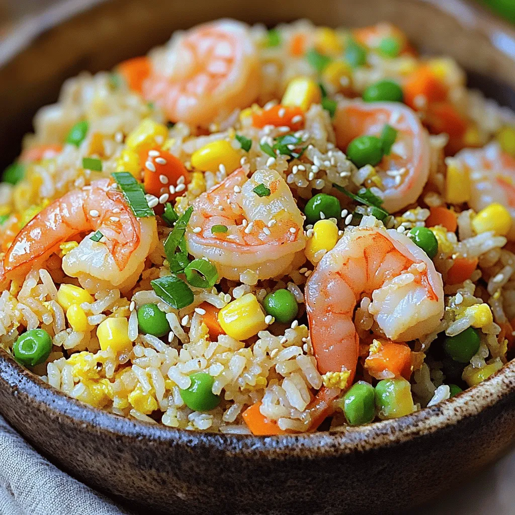 To make a great shrimp fried rice, you'll need some key ingredients. Here’s what you should gather: - 2 cups cooked jasmine rice (preferably day-old) - 1 cup shrimp, peeled and deveined - 2 tablespoons vegetable oil - 2 eggs, lightly beaten - 1 cup mixed vegetables (carrots, peas, corn) - 2 green onions, chopped - 3 tablespoons soy sauce - 1 teaspoon sesame oil - 1 teaspoon garlic, minced - 1 teaspoon ginger, minced - Salt and pepper to taste These ingredients come together to create a dish full of flavor and texture. I always recommend jasmine rice for this dish. It has a lovely aroma and a fluffy texture. You want to use day-old rice. Fresh rice can be too sticky. If you cook rice the same day, spread it on a pan to cool. This helps it dry out a bit. The rice will fry better this way. Fresh ingredients make a big difference. Use bright, colorful veggies. Carrots, peas, and corn add sweetness and crunch. For the best taste, chop your green onions right before cooking. Fresh garlic and ginger add a punch of flavor. They make the dish smell amazing. Don’t skip these, as they really enhance the taste. For the full recipe, check out the details provided above! First, heat your large pan or wok over medium-high heat. Add 1 tablespoon of vegetable oil. When the oil is hot, toss in the shrimp. Cook them for 2-3 minutes. You want them to turn pink and opaque. Once cooked, remove the shrimp and set them aside. This step gives the shrimp a nice flavor. In the same pan, add another tablespoon of oil. Next, add the minced garlic and ginger. Sauté these for about 30 seconds. This helps release their wonderful aroma. Once fragrant, push them to one side of the pan. This way, you have space for the eggs. Pour the beaten eggs into the pan next. Scramble them gently until just cooked. Mix the eggs with the garlic and ginger. This will let the flavors blend nicely. After that, you can add your mixed vegetables. Stir-fry everything together for another 2 minutes until heated through. This will make your dish colorful and tasty. Now you are ready for the next steps! Check the [Full Recipe] for more details. To get that true taste of Chinese fried rice, start with day-old rice. Fresh rice is too sticky. Day-old rice is dry, making it easier to fry. Use soy sauce for umami. Sesame oil adds a rich, nutty flavor. Don't skip garlic and ginger; they give the dish depth. You can also use oyster sauce for extra flavor. Use a hot wok or pan. High heat helps fry the rice quickly. First, cook the shrimp until pink, then set aside. Sauté garlic and ginger until fragrant. Scramble eggs separately to keep them fluffy. Finally, add the rice and toss everything well. Stir-frying in batches can help. This keeps each grain separate and tasty. One big mistake is using fresh rice. It clumps and won’t fry well. Don't overcrowd the pan. This lowers the heat and causes steaming. Avoid overcooking the shrimp; they should be just pink. Also, be careful with soy sauce. Too much can make the dish too salty. Follow the Full Recipe for best results. {{image_2}} You can switch up the shrimp with other proteins. Chicken, beef, or tofu work great. Just cut them into small pieces. Cook them the same way you do the shrimp. For a veggie option, try using edamame or chickpeas. Each choice adds a unique taste to your dish. Feel free to mix in different vegetables. Broccoli, bell peppers, or snap peas all add flavor and crunch. You can even use leftover veggies from your fridge. Just remember to chop them small for even cooking. This makes your fried rice colorful and fun. If you like heat, add some spice! You can mix in chili paste or hot sauce. Sriracha is a tasty option for those who enjoy a kick. You can also sprinkle red pepper flakes while cooking. Adjust the spice to your taste, and enjoy a fiery twist on the classic dish. For more details, check out the Full Recipe for Chinese Style Shrimp Fried Rice. After you finish your meal, let the shrimp fried rice cool down. Once cool, transfer it to an airtight container. Make sure to seal it tight. This will help keep the flavors fresh. Store it in the fridge for up to three days. If you want to keep it longer, you can freeze it. When you're ready to eat your leftovers, you have a few options. You can use a microwave, a pan, or a wok. For the microwave, place your rice in a bowl. Add a splash of water to keep it moist. Heat it for 1-2 minutes, stirring halfway through. If you prefer a pan, heat some oil over medium heat. Add the rice and stir until hot. This method keeps the rice from getting soggy. If you want to freeze your shrimp fried rice, first cool it completely. Then, scoop it into freezer-safe bags. Press out any air before sealing. Label the bags with the date. You can freeze it for up to three months. When you want to eat it, thaw it overnight in the fridge. Then, reheat it using one of the methods above. Enjoy your shrimp fried rice again with that fresh taste! Yes, you can use frozen shrimp. Just thaw them first. Place the shrimp in cold water for about 15 minutes. This quick method saves time and keeps the shrimp tasty. After thawing, peel and devein them if needed. The shrimp will cook well in the dish. To make shrimp fried rice without eggs, simply skip the eggs. Add more mixed veggies instead. You can also use tofu for extra protein. It gives a nice texture. Just stir-fry the tofu until golden before adding rice. The flavor will still be great! To avoid mushy rice, use day-old jasmine rice. This rice is drier and firmer. If you don't have day-old rice, spread fresh rice on a tray to cool. Let it sit for 30 minutes. This helps keep each grain separate. Also, don't overcook the rice in the pan. Stir gently to keep it fluffy. For more details, check the Full Recipe. In this post, we explored shrimp fried rice, from ingredients to cooking tips. We covered the main ingredients and how to prepare the rice perfectly. We shared step-by-step cooking instructions and discussed common mistakes. You learned about tasty variations and how to store leftovers effectively. With this knowledge, you can make a delicious shrimp fried rice at home. Enjoy experimenting and creating your own favorite version!