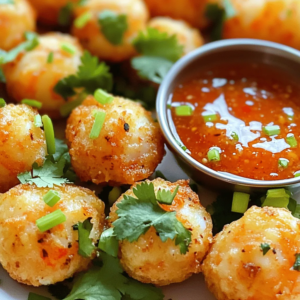 To make crispy shrimp balls, gather these key ingredients: - 1 pound fresh shrimp, peeled and deveined - 1/2 cup breadcrumbs (plus extra for coating) - 1/4 cup green onions, finely chopped - 1/4 cup cilantro, chopped - 1 egg, beaten - 2 cloves garlic, minced - 1 teaspoon ginger, grated - 1 tablespoon fish sauce - 1 teaspoon lime juice - Salt and pepper to taste - Vegetable oil for frying These ingredients combine to create a burst of flavor. The shrimp should be fresh for the best taste. The breadcrumbs help achieve that perfect crispiness. The sweet chili sauce adds a nice touch. For the sauce, you will need: - 1/2 cup sweet chili sauce (store-bought or homemade) - 1 tablespoon soy sauce - 1 teaspoon rice vinegar - 1 teaspoon sesame oil This sauce balances the shrimp balls with its sweetness and tang. You can elevate your dish with some fun garnishes. Consider using: - Extra cilantro leaves - Lime wedges - Sliced red chili for heat These garnishes not only look pretty but also add flavor. They can make your dish more vibrant and appealing. For the full recipe, refer to the section above. Start by washing the shrimp well. Peel and devein them if they are not ready. Place the shrimp in a food processor. Pulse the shrimp until it is finely chopped but not mushy. Then, grab a large bowl. Mix the chopped shrimp with breadcrumbs, green onions, cilantro, and the other ingredients. Make sure to add the beaten egg, minced garlic, grated ginger, fish sauce, lime juice, salt, and pepper. Stir until it is well combined. Now it’s time to form the shrimp balls. Wet your hands with water to prevent sticking. Take about one tablespoon of the shrimp mixture and roll it into a ball. Make sure it is tightly packed. Repeat this step until all the mixture is used. Once you have formed the balls, roll each one in breadcrumbs. This step adds a crispy texture when fried. Heat vegetable oil in a deep frying pan or pot. Aim for a temperature of 350°F (175°C). Use a thermometer to check the heat. Carefully place the shrimp balls in the hot oil. Do it in batches to avoid crowding. Fry them for about 3 to 4 minutes. Turn them occasionally until they turn golden brown. Once cooked, use a slotted spoon to take them out. Let them drain on a plate lined with paper towels. This helps remove excess oil. Enjoy them hot with sweet chili sauce for a tasty treat! When making crispy shrimp balls, the shrimp you pick really matters. I recommend using fresh shrimp for the best taste. Look for shrimp that is firm and has a clean smell. If fresh shrimp is not available, frozen shrimp works too. Just be sure to thaw it completely before using. You want shrimp that is peeled and deveined. This makes prep faster and easier. To get that golden, crispy texture, heat your oil properly. I suggest using vegetable oil because it has a high smoke point. Heat the oil to about 350°F (175°C). Test the oil by dropping in a small piece of the shrimp mixture. If it sizzles and rises, you’re ready to fry. Fry the shrimp balls in small batches. This helps them cook evenly and stay crisp. Turn them often to avoid burning. If you have leftovers, let them cool completely before storing. Place them in an airtight container and store in the fridge for up to 2 days. To reheat, bake them in the oven at 350°F (175°C) for about 10 minutes. This makes them crispy again. Avoid the microwave, as it can make them soggy. Enjoy your tasty shrimp balls again! For the full recipe, check out the recipe section. {{image_2}} You can choose to bake or fry shrimp balls. Frying gives them a crispy outside. Bake them for a healthier option. To bake, preheat your oven to 400°F (200°C). Lightly coat the shrimp balls in oil and place them on a baking sheet. Bake for about 15-20 minutes or until golden brown. Feel free to get creative with spices. Add chili flakes for heat or paprika for smokiness. You can also mix in grated carrot for extra crunch. Fresh herbs like basil or dill can add a unique twist. Try adding shredded coconut for a sweet touch. Serve your shrimp balls with sweet chili sauce for a tasty dip. You can also try soy sauce mixed with lime juice. A spicy mayo or garlic aioli makes a great option too. Pair with fresh veggies like cucumber or carrot sticks for a complete dish. For a fun twist, serve them in lettuce wraps! You can tell shrimp balls are cooked when they turn golden brown. Use a thermometer to check if the oil is at 350°F (175°C). Fry them for 3-4 minutes. When they are crispy and float to the top, they are ready. Cut one open to see the inside. It should be opaque and firm. Yes, you can make shrimp balls ahead of time. Form the balls and store them in the fridge for a few hours. You can also freeze them for later. Place them on a tray and freeze until firm. After that, transfer them to a freezer bag. When you are ready to cook, fry them straight from the freezer. They may need an extra minute to cook through. If you need a substitute for fish sauce, try soy sauce. It gives a salty flavor similar to fish sauce. For a bit of sweetness, add a splash of lime juice. You can also use coconut aminos for a gluten-free option. Adjust the amount to taste, as these substitutes can vary in saltiness. To make crispy shrimp balls, start by preparing the shrimp mixture. You will chop fresh shrimp finely. Then, mix it with breadcrumbs, green onions, cilantro, and spices. Next, form the mixture into small balls and coat them in breadcrumbs. Heat oil in a pan and fry the balls until they are golden and crispy. Finally, serve them hot with sweet chili sauce for dipping. - For the Shrimp Balls: - 1 pound fresh shrimp, peeled and deveined - 1/2 cup breadcrumbs (plus extra for coating) - 1/4 cup green onions, finely chopped - 1/4 cup cilantro, chopped - 1 egg, beaten - 2 cloves garlic, minced - 1 teaspoon ginger, grated - 1 tablespoon fish sauce - 1 teaspoon lime juice - Salt and pepper to taste - Vegetable oil for frying - For the Sweet Chili Sauce: - 1/2 cup sweet chili sauce (store-bought or homemade) - 1 tablespoon soy sauce - 1 teaspoon rice vinegar - 1 teaspoon sesame oil The prep time for this recipe is about 20 minutes. The total cooking time is around 40 minutes. This recipe serves 4 to 6 people. You can easily adjust the amounts for a bigger crowd or a small snack. Enjoy these tasty shrimp balls any time! For the full recipe, refer to the details above. Crispy shrimp balls are a fun dish to make. You learned about their key ingredients, tips for frying, and fun variations. I shared steps to prepare them perfectly, from mixing to frying. With simple garnishes and sauces, these shrimp balls are a crowd-pleaser. Try these methods for crispiness and flavor. Enjoy making this dish. It’s great for any occasion! Your guests will love it, and you will feel proud.