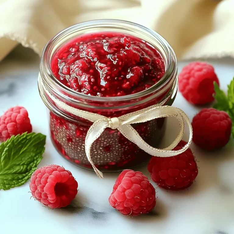 To make this tasty jam, you will need just a few simple items: - 2 cups fresh or frozen raspberries - 2 tablespoons chia seeds - 2 tablespoons honey or maple syrup These ingredients are the stars of your jam. Raspberries give it a sweet and tangy flavor. Chia seeds help thicken the jam and add some healthy nutrients. Honey or maple syrup adds natural sweetness to balance the tartness. You can change the taste of your jam by using different sweeteners. If you want it sweeter, try agave or stevia. For added flavor, consider adding a splash of vanilla extract. This will give your jam a warm, rich taste that pairs well with the fruit. You will need some basic tools to make this jam: - Medium saucepan - Fork or potato masher - Jar or airtight container for storage Using a medium saucepan helps cook the raspberries evenly. A fork or potato masher allows you to control how chunky or smooth you want your jam. Finally, store your jam in a clean jar or airtight container to keep it fresh. For the full recipe, check out the details provided above. To start, I combine the raspberries, honey or maple syrup, lemon juice, and a pinch of salt in a medium saucepan. I cook this mixture over medium heat. It takes about 5 to 7 minutes for the raspberries to break down and release their juices. As they cook, the kitchen fills with a sweet and tangy aroma. Once the raspberries soften, I use a fork or potato masher to mash them gently. You can mash them to your liking. If you prefer a smoother jam, an immersion blender works great. Just be careful not to blend too much! Next, I add the chia seeds to the raspberry mixture. This is where the magic happens! Chia seeds soak up liquid and help the jam thicken. I stir well to make sure the seeds are evenly mixed throughout. I then cook the mixture on low heat for another 5 to 10 minutes. I stir frequently and check the thickness. If it gets too thick, I can add a little water to reach my preferred consistency. Once the jam has thickened, I remove it from the heat and let it cool for about 10 to 15 minutes. It will continue to thicken as it cools. After this, I transfer the jam to a clean jar or airtight container. To store it, I place it in the refrigerator. This jam will last for up to 2 weeks, which is perfect for spreading on toast or pancakes. For the full recipe, check the earlier section. To get the right thickness for your jam, you can adjust the chia seeds. If it feels too thin, add more chia seeds. For a thinner jam, add a bit of water. This will help you reach your perfect texture. If your jam is too thick, don’t worry. Just stir in some water or fruit juice slowly. Heat it gently while stirring until you get a smooth mix. If the jam doesn’t set, it might need more chia seeds. Simply add a little more and cook it for a few more minutes. You can boost the flavor of your jam with spices. A pinch of cinnamon or vanilla extract works great. You can also try adding a splash of orange juice for a citrus kick. These little tweaks make your jam unique and tasty. For pairing, serve your jam with fresh bread or yogurt. It also pairs well with cheese. Try spreading it on a bagel with cream cheese for a delightful treat. To serve your jam, think about using small glass jars. They look nice and keep your jam fresh. A simple ribbon around the jar adds a nice touch. This makes it perfect for gifts. When serving, consider adding fresh raspberries on the side. A few mint leaves can also brighten the look. You can even set the jar on a pretty plate with toast or pancakes. This makes your jam not only tasty but also beautiful. {{image_2}} You can mix raspberries with other berries for new flavors. Try blueberries, strawberries, or blackberries. Each berry adds its own unique taste. You can also use seasonal fruits. Think peaches in summer or apples in fall. These changes keep your jam fresh and exciting. If you want a sugar-free jam, use alternative sweeteners. Stevia or erythritol works well. Just adjust the amount to your taste. You can also reduce the chia seeds if you prefer a thinner consistency. Start with one tablespoon and see how it goes. Raspberry chia seed jam is not just for toast. You can fold it into yogurt or oatmeal for breakfast. It also makes a great topping for pancakes or waffles. Try using it in desserts, like cakes or muffins. You can even mix it into smoothies for a fruity boost. You should store your raspberry chia seed jam in the fridge. It lasts up to two weeks. Look for signs of spoilage, like off smells or mold. If you see any, toss it out. Fresh jam should smell fruity and sweet. If you want to keep the jam longer, freezing works well. Use an airtight container or freezer bag. Leave some space at the top for expansion. To thaw, place it in the fridge overnight. Stir well before using it again. The texture may change slightly, but it will still taste great. Glass jars are a great choice for storage. They keep the jam fresh and let you see the color. Plastic containers can work too, but make sure they are airtight. Avoid containers that let air in. Keeping your jam sealed helps maintain its flavor and texture. To make raspberry chia seed jam, follow these key steps: 1. Combine Ingredients: Start by putting 2 cups of raspberries, 2 tablespoons of honey or maple syrup, 1 tablespoon of lemon juice, and a pinch of salt in a medium saucepan. 2. Cook the Mixture: Heat the mixture over medium heat. Stir until the raspberries break down, which takes about 5-7 minutes. 3. Mash the Raspberries: Use a fork or potato masher to gently mash the raspberries to your liking. For smooth jam, blend it. 4. Add Chia Seeds: Once the mixture simmers, stir in 2 tablespoons of chia seeds. Mix them well throughout the jam. 5. Thicken the Jam: Cook on low heat for another 5-10 minutes. Stir often until it thickens. If it’s too thick, add a bit of water. 6. Cool and Store: Remove it from heat and let the jam cool for 10-15 minutes. Transfer it to a jar and refrigerate for up to 2 weeks. You can find the full recipe above for detailed instructions! Chia seeds pack a punch when it comes to nutrition. Here are some key benefits: - High in Fiber: Chia seeds help keep you full and support digestion. - Rich in Omega-3s: They provide healthy fats that benefit heart health. - Source of Protein: Chia seeds are a great plant-based protein source. - Vitamins and Minerals: They contain calcium, magnesium, and phosphorus. These tiny seeds help you feel great and support your overall wellness. You can find pre-made raspberry chia seed jam in several places: - Grocery Stores: Look in the jam aisle at stores like Whole Foods or Trader Joe's. - Health Food Stores: Visit local health shops for organic options. - Online Retailers: Websites like Amazon or Thrive Market offer various brands. When buying, check the ingredient list. Look for natural sweeteners and minimal additives. This way, you get a tasty jam that also aligns with your health goals. Making raspberry chia seed jam is simple and rewarding. You need fresh raspberries, chia seeds, and sweeteners to start. Cook the mix, mash it, add chia seeds, and let it thicken. You can enhance flavors or try different fruits for variety. Store the jam properly to keep it fresh. Enjoy your tasty jam on toast or in desserts. Embrace this easy recipe and share it with friends. You’ll impress everyone with your homemade jam. Happy cooking!