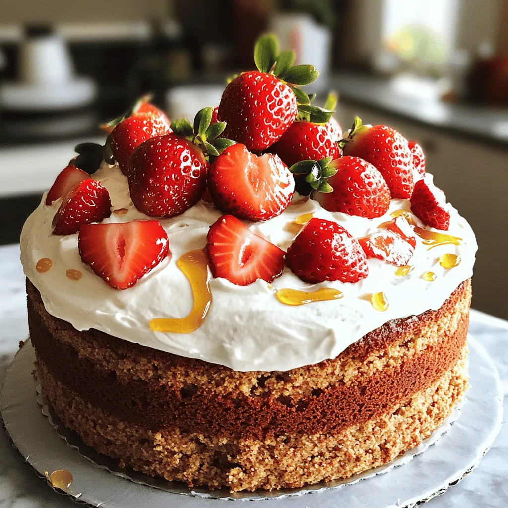 To make a delightful Skinny Strawberry Cake, gather these ingredients: - 1 cup whole wheat flour - 1/2 cup almond flour - 1 teaspoon baking powder - 1/2 teaspoon baking soda - 1/4 teaspoon salt - 1/3 cup honey or maple syrup - 1/2 cup unsweetened applesauce - 2 large eggs - 1 teaspoon vanilla extract - 1 1/2 cups fresh strawberries, hulled and sliced - 1/4 cup low-fat Greek yogurt (for frosting) - 2 tablespoons honey (for frosting) - Extra strawberries for garnish You can tweak this recipe for an even healthier twist. Here are some ideas: - Use coconut flour instead of almond flour for a different nut-free option. - Replace honey with agave syrup for a lower glycemic index. - Substitute applesauce with mashed banana for a fruity flavor. - Try using egg whites instead of whole eggs to cut down on fat. - For a dairy-free frosting, use a plant-based yogurt alternative. Understanding what goes into your cake helps you enjoy it more. Here's a quick look at the nutritional benefits: - Whole Wheat Flour: High in fiber, it aids digestion and keeps you full. - Almond Flour: Packed with healthy fats and protein, it adds a nutty taste. - Honey/Maple Syrup: Natural sweeteners that provide antioxidants. - Applesauce: Low in calories, it keeps the cake moist and adds natural sweetness. - Strawberries: Rich in vitamins and antioxidants, they add color and flavor. - Greek Yogurt: High in protein, it adds creaminess to the frosting without extra fat. By using these ingredients, you create a cake that is not just tasty but also nutritious. For the complete recipe, check out the Full Recipe. Start by preheating your oven to 350°F (175°C). This step is key for a perfect bake. Next, grease a round 9-inch cake pan or line it with parchment paper. This keeps the cake from sticking. In a mixing bowl, mix together the dry ingredients: whole wheat flour, almond flour, baking powder, baking soda, and salt. Use a whisk to blend them well. In another bowl, combine honey or maple syrup, applesauce, eggs, and vanilla extract. Stir until they are smooth. Slowly add the dry mix to the wet mix. Stir just until combined; don’t overmix. Finally, fold in the sliced strawberries gently. This helps keep them whole. Now, pour the batter into your prepared cake pan. Smooth the top with a spatula for an even surface. Bake in the preheated oven for 20-25 minutes. Check if it is done by inserting a toothpick into the center. It should come out clean. Once baked, take the cake out of the oven. Let it cool in the pan for 10 minutes. After that, transfer it to a wire rack and let it cool completely. For the frosting, take a small bowl and mix the low-fat Greek yogurt with honey until it is smooth. This makes a tasty and healthy frosting. Once your cake has fully cooled, spread the Greek yogurt frosting evenly over the top. For a lovely finish, add extra fresh strawberries on top. This will not only make it look great, but also add flavor. Follow the full recipe to enjoy your Skinny Strawberry Cake! To keep your Skinny Strawberry Cake moist, use fresh fruit. Fresh strawberries add juice and flavor. Another tip is to avoid overmixing the batter. Mix just until the dry and wet ingredients blend. This keeps the cake light and fluffy. You can lower sugar by using ripe bananas or unsweetened applesauce. They add sweetness without extra calories. To cut even more calories, use a sugar substitute like Stevia. This can keep the great taste while making it even healthier. For the best results, use a 9-inch round cake pan. A non-stick pan works well, but parchment paper helps too. You need a mixing bowl and a whisk for blending. A spatula is great for smoothing the batter. Finally, a toothpick helps check if your cake is done. To see the full recipe, check the section where we list all the steps. {{image_2}} You can make a gluten-free version of this cake easily. Just swap whole wheat flour for a gluten-free flour blend. Look for a blend that has rice flour, potato starch, and tapioca flour. These blends work well in cakes. They keep the cake light and fluffy while being kind to your tummy. This version still tastes great, and you won’t miss the gluten! You can play with flavors in this cake. Adding lemon zest gives a fresh twist. Just a teaspoon of zest will brighten the cake. If you love chocolate, try mixing in some cocoa powder. About 1/4 cup will add a rich flavor. You could also fold in nuts or other fruits for a unique taste. Each change brings new joy to this classic dish. The frosting can change too! Instead of Greek yogurt, you can use a light cream cheese. Mix it with honey for sweetness. You could also try a coconut whipped topping for a dairy-free option. Each frosting adds its own flair. Choose one based on what you love or what you have at home. The right frosting makes this cake even more delightful. For the full recipe, check the section above! To keep your Skinny Strawberry Cake fresh, store it in an airtight container. This method keeps the cake moist. Place the cake at room temperature if you eat it within two days. If you need to store it longer, refrigerate it. Just remember, the cold can dry it out. Freezing your cake is a great option for saving it. Cut the cake into slices to make it easier to thaw later. Wrap each slice in plastic wrap. Then, place them in a freezer bag or container. This method keeps the cake fresh for up to three months. To enjoy, simply remove a slice and let it thaw at room temperature. When stored properly, your Skinny Strawberry Cake can last up to four days at room temperature. If refrigerated, it can last up to a week. If frozen, remember to use it within three months for the best taste. Enjoy your cake while it’s fresh! This cake is called "skinny" because it uses healthier ingredients. I replace regular flour with whole wheat and almond flour. These flours add fiber and protein. I also use honey or maple syrup instead of white sugar. This lowers the sugar content while keeping it sweet. Plus, I add unsweetened applesauce, which makes the cake moist and cuts down on fat. My favorite part is that it tastes great without the extra calories. Yes, you can make this cake vegan! Just swap the eggs for flaxseed meal. Mix one tablespoon of flaxseed meal with three tablespoons of water for each egg. Let it sit for a few minutes until it thickens. You can also use a plant-based yogurt for the frosting instead of Greek yogurt. This way, you keep the cake tasty and healthy while making it vegan-friendly. To check if the cake is done, use a toothpick. Insert it into the center of the cake. If it comes out clean, the cake is ready. If you see wet batter, bake it a few more minutes. Usually, the baking time is about 20-25 minutes. Just keep an eye on it near the end. Once it's done, let it cool before frosting. You can find the full recipe for more details. This article covers everything you need for a delicious skinny strawberry cake. You learned about ingredients, substitutions, and baking steps. I shared tips for a moist cake and gave storage advice. You can make variations, too, like gluten-free or with different flavors. Baking can be fun with this light dessert. Enjoy trying new options and making it your own. Happy baking!