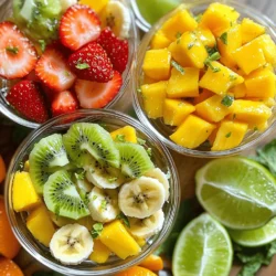 - 1 ripe pineapple, diced - 2 ripe mangoes, diced - 1 cup strawberries, hulled and halved - 1 cup kiwi, peeled and sliced - 1 ripe banana, sliced - 1 orange, segmented - 2 tablespoons fresh mint, chopped - 3 tablespoons honey - 2 tablespoons fresh lime juice - Zest of 1 lime - A pinch of salt When making tropical fruit salad, choosing the best fruits is key. Each fruit brings its own flavor and texture. I love using ripe pineapple because it adds sweetness. Mangoes enhance the tropical vibe, while strawberries bring a bright color. Kiwi adds a nice tang, and bananas give creaminess. Oranges provide juiciness, and mint adds a fresh taste. The combination creates a colorful and tasty dish. For the honey lime dressing, I mix honey, fresh lime juice, lime zest, and a pinch of salt. The honey adds sweetness, while lime juice gives a zesty kick. This dressing brings all the fruits together. It’s quick and easy to prepare, making it perfect for any occasion. You can find the full recipe above to guide you through each step. This salad is a delight for the eyes and the taste buds! - Combine diced pineapple, mango, strawberries, kiwi, banana, and orange segments. - Gently toss to combine without mashing the fruits. To make a great tropical fruit salad, I start by preparing the fruits. I choose ripe and colorful fruits. Ripe pineapple adds sweetness, while mango brings a juicy texture. Strawberries offer a bright flavor, and kiwi gives a fun twist. Bananas make the salad creamy, and oranges add a citrus kick. I take a large mixing bowl. I add all the diced fruits. Then, I gently toss them together. It's important not to mash the fruits. You want each piece to stay whole for the best look and taste. - Whisk together honey, lime juice, lime zest, and salt until smooth. Next, I prepare the dressing. In a small bowl, I whisk together honey, fresh lime juice, lime zest, and a pinch of salt. The honey adds sweetness, while the lime juice gives a nice tang. The zest enhances the flavor, making it bright and fresh. I want the dressing to be smooth and well mixed. - Drizzle dressing over mixed fruits. - Toss to coat all fruits evenly with the dressing. Now it’s time to combine everything. I drizzle the honey-lime dressing over the mixed fruits. Then, I carefully toss the salad. The goal is to coat all the fruits evenly with the dressing, without squishing them. - Scatter chopped mint on top. - Refrigerate for about 30 minutes for enhanced flavors. Finally, I garnish the salad. I scatter chopped mint on top for a fresh finish. If I have time, I cover the bowl and refrigerate it for about 30 minutes. Chilling helps the flavors blend together, making each bite even better. This step-by-step guide makes it easy to create a tropical fruit salad that looks beautiful and tastes delicious. You can find the full recipe [here]. To make a great fruit salad, you want the best fruits. - Select ripe fruits for optimal flavor: Ripe fruits taste better. They are sweet and juicy. Check for color and feel. - Mix and match seasonal fruits for variety: Using different fruits adds color and taste. Try local fruits that are in season. If you want to prepare the fruit salad early, here are some tips. - Preparation tips for storing and serving later: You can cut fruits a few hours ahead. Just store them in a bowl with a lid. - Best practices for fruit freshness: Keep the fruit in the fridge. It stays fresh and cool before serving. How you serve the fruit salad makes it more fun. - Ideas for plating and presentation: Use clear cups for a pretty look. You can also layer the fruits for a rainbow effect. - Pairing options with meals or snacks: This salad goes well with grilled meat or fish. It also makes a tasty snack on its own. For the full recipe, check out Tropical Paradise Fruit Salad. {{image_2}} You can play with flavors by adding different fruits. Consider using tropical options like papaya or starfruit. Their unique tastes can elevate your salad. You might also try adding berries. Blueberries or raspberries can give a fun texture and a pop of color. If you want a vegan fruit salad, it’s easy to adjust. Simply swap honey for agave syrup or maple syrup. This change keeps the sweetness while making it plant-based. You can also reduce the sugar by using less dressing. This way, you can enjoy the fruit's natural sweetness. Want to make your salad more festive? Try adding a splash of coconut milk. This twist works well for tropical parties. Pair the salad with themed drinks, like a coconut mojito or a tropical punch. These drinks will complement the flavors and create a fun experience. For the full recipe, check this [Full Recipe]. To keep your tropical fruit salad fresh, follow these simple steps. First, use an airtight container. This helps to keep moisture out and flavors in. Glass containers work best. They do not absorb odors. You can also use plastic containers, but choose those labeled as airtight. If you have leftover honey lime dressing, store it in a separate container. This keeps the fruit crisp and tasty. Fruit salad generally lasts about 3 days in the fridge. After that, the fruits may start to get mushy. Look for signs of spoilage. If the fruits smell sour or have a slimy texture, it’s time to toss them. The vibrant colors of fresh fruits fade too. If they look dull, they’re no longer fresh. Always trust your senses when deciding if your salad is good to eat. You can store the Tropical Fruit Salad with Honey Lime Dressing in the fridge for up to three days. To keep it fresh, use an airtight container. This helps prevent the fruits from browning. If you notice any mushy pieces, remove them before serving. The honey lime dressing can also keep the fruits tasting great for longer. Yes, you can use frozen fruits, but there are pros and cons. Frozen fruits are convenient and last longer. They can also be less expensive. However, they may lose some texture when thawed. Fresh fruits usually taste better and have a firmer bite. If you choose frozen, let them thaw and drain excess water before mixing. You can use maple syrup or agave nectar as substitutes for honey. Both will add sweetness but have different flavors. Maple syrup gives a rich taste, while agave is milder. Experiment with these options to find what you like best. Just remember, it will change the flavor of the dressing. For the best results, try these substitutes in small amounts first. You now have a clear view of making a Tropical Fruit Salad with Honey Lime Dressing. Start with fresh, ripe fruits, and mix them just right. The honey lime dressing brings out the best flavors. Remember, you can customize it with seasonal fruits or dietary needs. Store the leftovers properly to enjoy them later. This salad is not just tasty; it’s fun to make. Enjoy experimenting with variations and impressing your friends and family with your skills. Your delicious fruit salad journey begins now!