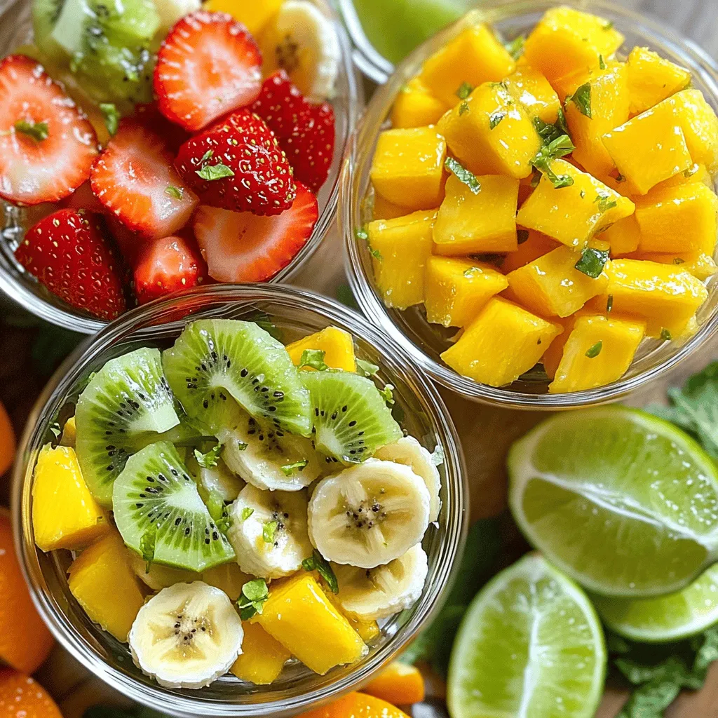 - 1 ripe pineapple, diced - 2 ripe mangoes, diced - 1 cup strawberries, hulled and halved - 1 cup kiwi, peeled and sliced - 1 ripe banana, sliced - 1 orange, segmented - 2 tablespoons fresh mint, chopped - 3 tablespoons honey - 2 tablespoons fresh lime juice - Zest of 1 lime - A pinch of salt When making tropical fruit salad, choosing the best fruits is key. Each fruit brings its own flavor and texture. I love using ripe pineapple because it adds sweetness. Mangoes enhance the tropical vibe, while strawberries bring a bright color. Kiwi adds a nice tang, and bananas give creaminess. Oranges provide juiciness, and mint adds a fresh taste. The combination creates a colorful and tasty dish. For the honey lime dressing, I mix honey, fresh lime juice, lime zest, and a pinch of salt. The honey adds sweetness, while lime juice gives a zesty kick. This dressing brings all the fruits together. It’s quick and easy to prepare, making it perfect for any occasion. You can find the full recipe above to guide you through each step. This salad is a delight for the eyes and the taste buds! - Combine diced pineapple, mango, strawberries, kiwi, banana, and orange segments. - Gently toss to combine without mashing the fruits. To make a great tropical fruit salad, I start by preparing the fruits. I choose ripe and colorful fruits. Ripe pineapple adds sweetness, while mango brings a juicy texture. Strawberries offer a bright flavor, and kiwi gives a fun twist. Bananas make the salad creamy, and oranges add a citrus kick. I take a large mixing bowl. I add all the diced fruits. Then, I gently toss them together. It's important not to mash the fruits. You want each piece to stay whole for the best look and taste. - Whisk together honey, lime juice, lime zest, and salt until smooth. Next, I prepare the dressing. In a small bowl, I whisk together honey, fresh lime juice, lime zest, and a pinch of salt. The honey adds sweetness, while the lime juice gives a nice tang. The zest enhances the flavor, making it bright and fresh. I want the dressing to be smooth and well mixed. - Drizzle dressing over mixed fruits. - Toss to coat all fruits evenly with the dressing. Now it’s time to combine everything. I drizzle the honey-lime dressing over the mixed fruits. Then, I carefully toss the salad. The goal is to coat all the fruits evenly with the dressing, without squishing them. - Scatter chopped mint on top. - Refrigerate for about 30 minutes for enhanced flavors. Finally, I garnish the salad. I scatter chopped mint on top for a fresh finish. If I have time, I cover the bowl and refrigerate it for about 30 minutes. Chilling helps the flavors blend together, making each bite even better. This step-by-step guide makes it easy to create a tropical fruit salad that looks beautiful and tastes delicious. You can find the full recipe [here]. To make a great fruit salad, you want the best fruits. - Select ripe fruits for optimal flavor: Ripe fruits taste better. They are sweet and juicy. Check for color and feel. - Mix and match seasonal fruits for variety: Using different fruits adds color and taste. Try local fruits that are in season. If you want to prepare the fruit salad early, here are some tips. - Preparation tips for storing and serving later: You can cut fruits a few hours ahead. Just store them in a bowl with a lid. - Best practices for fruit freshness: Keep the fruit in the fridge. It stays fresh and cool before serving. How you serve the fruit salad makes it more fun. - Ideas for plating and presentation: Use clear cups for a pretty look. You can also layer the fruits for a rainbow effect. - Pairing options with meals or snacks: This salad goes well with grilled meat or fish. It also makes a tasty snack on its own. For the full recipe, check out Tropical Paradise Fruit Salad. {{image_2}} You can play with flavors by adding different fruits. Consider using tropical options like papaya or starfruit. Their unique tastes can elevate your salad. You might also try adding berries. Blueberries or raspberries can give a fun texture and a pop of color. If you want a vegan fruit salad, it’s easy to adjust. Simply swap honey for agave syrup or maple syrup. This change keeps the sweetness while making it plant-based. You can also reduce the sugar by using less dressing. This way, you can enjoy the fruit's natural sweetness. Want to make your salad more festive? Try adding a splash of coconut milk. This twist works well for tropical parties. Pair the salad with themed drinks, like a coconut mojito or a tropical punch. These drinks will complement the flavors and create a fun experience. For the full recipe, check this [Full Recipe]. To keep your tropical fruit salad fresh, follow these simple steps. First, use an airtight container. This helps to keep moisture out and flavors in. Glass containers work best. They do not absorb odors. You can also use plastic containers, but choose those labeled as airtight. If you have leftover honey lime dressing, store it in a separate container. This keeps the fruit crisp and tasty. Fruit salad generally lasts about 3 days in the fridge. After that, the fruits may start to get mushy. Look for signs of spoilage. If the fruits smell sour or have a slimy texture, it’s time to toss them. The vibrant colors of fresh fruits fade too. If they look dull, they’re no longer fresh. Always trust your senses when deciding if your salad is good to eat. You can store the Tropical Fruit Salad with Honey Lime Dressing in the fridge for up to three days. To keep it fresh, use an airtight container. This helps prevent the fruits from browning. If you notice any mushy pieces, remove them before serving. The honey lime dressing can also keep the fruits tasting great for longer. Yes, you can use frozen fruits, but there are pros and cons. Frozen fruits are convenient and last longer. They can also be less expensive. However, they may lose some texture when thawed. Fresh fruits usually taste better and have a firmer bite. If you choose frozen, let them thaw and drain excess water before mixing. You can use maple syrup or agave nectar as substitutes for honey. Both will add sweetness but have different flavors. Maple syrup gives a rich taste, while agave is milder. Experiment with these options to find what you like best. Just remember, it will change the flavor of the dressing. For the best results, try these substitutes in small amounts first. You now have a clear view of making a Tropical Fruit Salad with Honey Lime Dressing. Start with fresh, ripe fruits, and mix them just right. The honey lime dressing brings out the best flavors. Remember, you can customize it with seasonal fruits or dietary needs. Store the leftovers properly to enjoy them later. This salad is not just tasty; it’s fun to make. Enjoy experimenting with variations and impressing your friends and family with your skills. Your delicious fruit salad journey begins now!