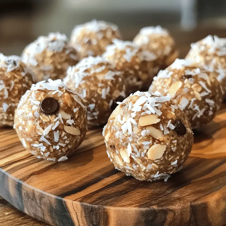 - 1 cup rolled oats - ½ cup almond butter - ¼ cup honey or maple syrup - ½ cup unsweetened shredded coconut The main ingredients create a strong base for the Almond Joy Energy Balls. The rolled oats give a hearty texture. Almond butter adds creaminess and healthy fats. Honey or maple syrup sweetens the mix without guilt. The shredded coconut brings a tropical flair. - ¼ cup chopped almonds - ¼ cup dark chocolate chips - 1 teaspoon vanilla extract - Pinch of salt The additional components enhance flavor and crunch. Chopped almonds add a satisfying bite. Dark chocolate chips give a rich, sweet taste. Vanilla extract boosts the overall flavor. A pinch of salt balances the sweetness and rounds out the taste. These ingredients work together to make tasty, energy-packed snacks. You can easily adapt the amounts to suit your taste. For the full recipe, check the earlier section. First, grab a large mixing bowl. You need to combine the rolled oats, almond butter, and honey. Use a spatula or spoon to mix these until they blend well. The mixture should be sticky and thick. Next, it's time to add in the fun stuff! Incorporate the shredded coconut, chopped almonds, and chocolate chips. If you love chocolate, feel free to add a bit more. Stir everything together until it looks colorful and tasty. Now, scoop out some of the mixture. You can use your hands or a tablespoon. Roll the mixture into small balls, about one inch in size. This is the fun part! Once you have rolled all the mixture, place the balls on a baking sheet lined with parchment paper. Make sure they have space between them. Finally, refrigerate the energy balls for at least 30 minutes. This helps them firm up and makes them easy to eat. Enjoy these tasty Almond Joy Energy Balls as a quick snack or a pre-workout treat! For the full recipe, check the earlier section. When making Almond Joy Energy Balls, you might want to tweak the sweetness. You can use honey or maple syrup to suit your taste. If you like it sweeter, add a bit more. If you prefer less sweet, reduce the amount. To get the right texture, balance your oatmeal. The rolled oats hold the mix together. If the mixture feels too wet, add more oats. If it’s too dry, a splash of almond butter helps. Finding the right mix makes a big difference. Flavor is key in these energy balls. Using flavored almond butter can change the game. Try cinnamon or chocolate almond butter for a fun twist. It adds depth and excitement to each bite. You can also play with spices or extracts. A pinch of cinnamon or a drop of almond extract can boost the taste. Just remember, a little goes a long way. You want to enhance, not overpower. For more ideas, check out the Full Recipe. It gives you all the details needed for a tasty snack. Enjoy crafting your Almond Joy Energy Balls! {{image_2}} You can change the nut butter for a new taste. Cashew butter offers a creamy texture. It brings a mild flavor that works well with the other ingredients. Peanut butter is another great option. It adds a rich taste and a bit of saltiness that pairs nicely with chocolate. Try these nut butters to make your Almond Joy Energy Balls even more fun! Want to add more flavor? You can use dried fruits like raisins or cranberries. They add natural sweetness and chewiness. Seeds, like chia or flaxseed, can boost nutrition too. They add a nice crunch and healthy fats. Mix and match to find your favorite combo. The more variety, the more exciting your energy balls will be! Coconut and chocolate are the stars here. For a coconut twist, try adding coconut extract. It enhances the tropical flavor. If you love chocolate, use cocoa powder in the mix. This adds a deep, rich taste to your energy balls. You can also try dark chocolate-covered almonds for a fun crunch. Experiment with flavors to make each batch unique! For the complete recipe, check out the [Full Recipe]. To keep your Almond Joy Energy Balls fresh, store them in the fridge. Place them in an airtight container. This helps maintain their texture and flavor. They last about one week in the fridge. If you want a quick snack, just grab one when you need it. Freezing is a great option for longer storage. To freeze, first, let the energy balls cool in the fridge for about 30 minutes. Then, place them in a freezer-safe bag or container. Be sure to remove as much air as possible. This helps prevent freezer burn. You can freeze them for up to three months. When you're ready to eat, just thaw them in the fridge overnight. Enjoy your tasty treat anytime you want! Almond Joy Energy Balls stay fresh for about one week in the fridge. Store them in an airtight container. If you want them to last longer, freeze them. They can last up to three months in the freezer. Just remember to wrap them well to avoid freezer burn. Yes, you can easily substitute ingredients! If you have nut allergies, use sunflower seed butter instead of almond butter. For sweeteners, you can swap honey for agave syrup or maple syrup. You can also use gluten-free oats if you are sensitive to gluten. Almond Joy Energy Balls are a healthy snack. They are packed with fiber and protein from oats and almond butter. Each energy ball has about 100 calories. They contain healthy fats from almonds and coconut. Dark chocolate adds antioxidants, making this treat both tasty and nutritious. To make Almond Joy Energy Balls vegan, simply replace honey with maple syrup. All other ingredients are already vegan-friendly. Enjoy your delicious vegan snack without any worry! We've covered all you need to make Almond Joy Energy Balls. The key ingredients are rolled oats, almond butter, and honey. You learned the step-by-step process, from mixing to refrigerating. I shared tips for adjusting sweetness and enhancing flavor. You also discovered various nut butters and mix-ins to keep things fresh. Remember to refrigerate for short-term storage, or freeze for longer life. With these energy balls, you'll have a tasty and healthy snack ready for any time. Enjoy making them your own!