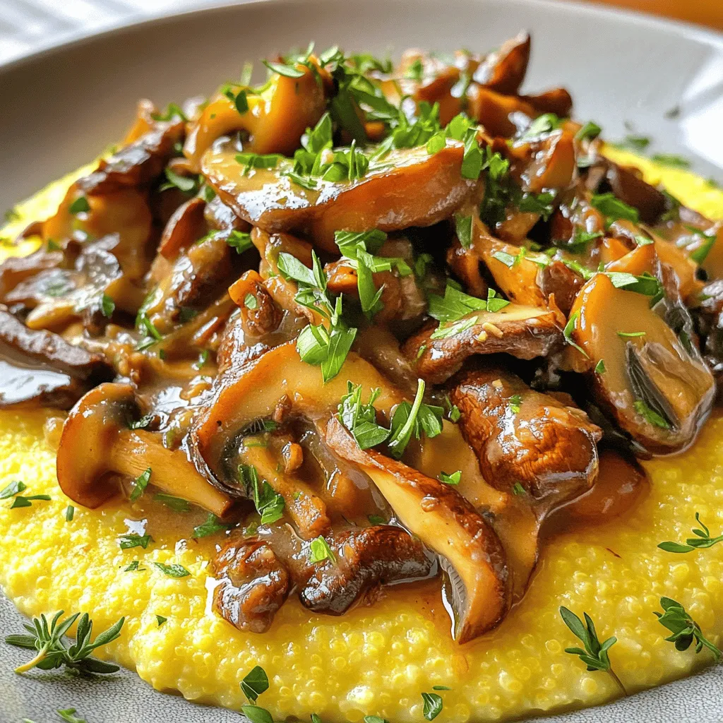 - 1 cup coarse cornmeal (polenta) - 4 cups vegetable broth - 1 cup heavy cream - 1 cup grated Parmesan cheese To make creamy polenta, you need coarse cornmeal. This gives polenta its unique texture. Using vegetable broth adds great flavor and richness. Heavy cream makes it smooth and creamy. The Parmesan cheese adds a salty, nutty taste, which is essential. - 2 cups mixed mushrooms (cremini, shiitake, and oyster), sliced - 1 medium onion, diced - 2 garlic cloves, minced - 2 tablespoons olive oil - 1 teaspoon fresh thyme leaves Mushroom ragu needs a mix of mushrooms. Cremini, shiitake, and oyster provide depth. The onion and garlic add sweetness and aroma. Olive oil is key for sautéing, while fresh thyme gives a lovely herbal note. - 1 teaspoon smoked paprika - Salt and pepper to taste - Fresh parsley, chopped (for garnish) Seasoning is important. Smoked paprika adds warmth and a slight smokiness. Salt and pepper enhance all the flavors. Finally, fresh parsley adds a pop of color and freshness. For the full recipe, you can refer to the detailed instructions above. To start, boil the vegetable broth in a medium saucepan. This is the base for your creamy polenta. Once it reaches a boil, slowly whisk in the coarse cornmeal. This prevents lumps from forming. After adding the cornmeal, reduce the heat to low. Stir frequently for about 20 to 25 minutes. The mixture will thicken and become creamy. Once it’s smooth, stir in the heavy cream, butter, and Parmesan cheese. Season with salt and pepper to taste. Keep it warm while you prepare the mushroom ragu. In a large skillet, heat olive oil over medium heat. Add the diced onion and sauté for 3 to 4 minutes until it softens. Next, add the minced garlic and stir for one minute. This brings out its great flavor. Now, add the sliced mushrooms. Cook them for about 8 to 10 minutes. They should turn golden brown and be tender. Stir in the fresh thyme and smoked paprika. Cook for another 2 minutes, then season with salt and pepper to taste. To serve, take a generous scoop of creamy polenta and place it on a plate. Top it with the mushroom ragu for a beautiful contrast. Don’t forget to garnish with fresh parsley for a pop of color. You can also serve this dish with a side salad or crusty bread for a complete meal. For the full recipe, check out the details above. Enjoy your flavorful delight! To make creamy polenta, avoid lumps while whisking. Start by bringing the vegetable broth to a boil. Gradually whisk in the cornmeal. This slow addition helps to keep the polenta smooth. Stir often as it cooks. Aim for about 20-25 minutes on low heat. The polenta should become thick and creamy. Choose the right mushrooms for a rich taste. I love using cremini, shiitake, and oyster mushrooms. They add depth and a mix of textures. Fresh herbs like thyme enhance the flavor even more. You can also add smoked paprika for a warm note. A little salt and pepper will elevate the taste too. Plating makes a big difference in how your dish looks. Start by spooning a generous amount of creamy polenta on each plate. Then, top it with the mushroom ragu. To add color, sprinkle fresh parsley on top. This makes your dish pop and looks inviting. For a fun twist, try adding edible flowers for extra flair. For the full recipe, check out the complete guide on Creamy Polenta with Mushroom Ragu. {{image_2}} You can substitute polenta with other grains. For a similar taste and texture, try grits or quinoa. These grains cook differently, so watch the cooking times. If you need gluten-free options, grits work well. Quinoa is also a great choice. Both offer a nutty flavor that pairs nicely with the mushroom ragu. You can explore different sauces for your creamy polenta. Try a rich meat sauce like bolognese for a hearty meal. A tomato basil sauce also adds great flavor. For vegetarian or vegan options, use lentils or beans instead of meat. A cashew cream can replace heavy cream for a creamy texture. Top with sautéed spinach or roasted peppers for added color and taste. Using seasonal mushrooms can elevate your dish. Local varieties add fresh flavors. In spring, try morels or chanterelles. In fall, shiitake and oyster mushrooms shine. Incorporating fresh herbs makes a big difference. Thyme adds a lovely aroma. Fresh parsley brightens the dish. Experiment with herbs like basil or rosemary for a different twist. For the full recipe, check out Creamy Polenta with Mushroom Ragu. To keep your creamy polenta and mushroom ragu fresh, store them in separate airtight containers. Place the polenta in one container and the ragu in another. Let them cool to room temperature before sealing. This helps maintain their textures and flavors. When you want to reheat, add a splash of water or broth to the polenta. This keeps it creamy as it warms up. For the ragu, heat it in a pan over medium-low heat. Stir often to ensure even heating. You can freeze both creamy polenta and mushroom ragu. To freeze, scoop portions into freezer-safe bags or containers. Label them with the date. They can stay in the freezer for up to three months. When you're ready to enjoy, transfer the polenta and ragu to the fridge to thaw overnight. For reheating, warm the polenta on the stove with a bit of broth. Heat the ragu in a pan until hot. This method preserves the flavors well. In the fridge, your leftovers will last about three to four days. Always check for signs of spoilage. If the polenta smells sour or has a strange texture, it's best to toss it. For the ragu, look for off-odors or mold. Enjoy your creamy polenta and mushroom ragu while fresh for the best taste! Store leftover creamy polenta in an airtight container. Use a glass or plastic container. Let it cool down before sealing. Place it in the fridge. It will stay fresh for about three days. When you want to eat it again, add a splash of water or broth. This helps to bring back the creamy texture. Reheat it on the stove or in the microwave. Stir often for even heating. Yes, you can make the mushroom ragu ahead of time. Prepare it in advance and store it in the fridge. Use an airtight container for storage. It will keep well for up to four days. When you’re ready to serve, just heat it on the stove. Add a little water if it is too thick. This saves time on busy nights. Yes, creamy polenta is gluten-free. Polenta is made from cornmeal, which contains no wheat. This makes it safe for those with gluten allergies. Always check the package for any added ingredients. But if you stick to pure cornmeal, you're in the clear. Enjoy creamy polenta with confidence, knowing it fits a gluten-free diet. Creamy polenta and savory mushroom ragu make a delicious pair. You learned about essential ingredients, step-by-step cooking, and tasty variations. These dishes are easy to store and reheat. Try different grains and toppings to keep it fun. Don't be afraid to experiment with flavors and herbs. Enjoy making this comforting meal that brings warmth to your table. Remember, cooking should be fun and satisfying. Take these tips, and create your own delicious versions!