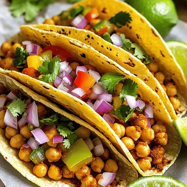 For these spicy chickpea tacos, you need a mix of simple and tasty items. Here's what you will use: - 1 can (15 oz) chickpeas, drained and rinsed - 1 tablespoon olive oil - 1 teaspoon smoked paprika - 1/2 teaspoon cumin - 1/2 teaspoon chili powder - 1/4 teaspoon cayenne pepper (adjust to taste) - Salt and pepper to taste - 1 small red onion, diced - 1 bell pepper (any color), diced - 2 cloves garlic, minced - 8 small corn tortillas - Fresh cilantro, chopped (for garnish) - Lime wedges (for serving) You can swap some ingredients if you need to. If you can't find chickpeas, use black beans or lentils. For spices, feel free to change them based on what you like. You can use regular paprika instead of smoked paprika. If you prefer flour tortillas, those work too! Each serving of spicy chickpea tacos is not only tasty but also healthy. Here's a quick look at what you get: - Calories: About 250 - Protein: 10 grams - Carbohydrates: 40 grams - Fat: 7 grams These tacos are rich in protein from the chickpeas. They also provide fiber and vitamins from the veggies. This makes them a balanced meal option for everyone! 1. Heat the olive oil in a large skillet over medium heat. This takes about 1-2 minutes. 2. Add the diced red onion and bell pepper. Sauté for about 5 minutes. They should become soft and fragrant. 3. Stir in the minced garlic. Cook for an additional minute. You want to smell the garlic but not burn it. 4. Add the chickpeas. Follow with smoked paprika, cumin, chili powder, cayenne pepper, salt, and pepper. Mix well. 5. Cook the mixture for 5-7 minutes. Stir occasionally to heat through and get a little crispy. 6. Warm the corn tortillas. Do this in a separate skillet for 30 seconds per side or in the microwave. Cover with a damp paper towel to keep them soft. 7. Fill each tortilla with a scoop of the spicy chickpea mix. Don’t be shy with the filling! 8. Garnish each taco with fresh cilantro. Serve with lime wedges for that zesty kick. - For the best texture, let the chickpeas get slightly crispy. This adds a nice crunch. - Adjust the spice levels to fit your taste. Add more cayenne for heat or cut it down for a milder dish. - For deeper flavor, let the spices cook a bit longer before adding the chickpeas. This brings out their warmth. - Experiment with toppings! Avocado, cheese, or fresh salsa add great flavor and texture. This recipe makes a quick and tasty dinner. You can whip it up in about 20 minutes. If you want to see the full recipe, check out the recipe section above. To make your spicy chickpea tacos even better, think about toppings. Fresh avocado adds creaminess. You can also sprinkle cheese for a rich taste. For crunch, add shredded cabbage or radishes. If you enjoy heat, try sliced jalapeños or a drizzle of hot sauce. Adjusting spice levels is easy. If you like it mild, skip the cayenne pepper. For more heat, add extra chili powder or a pinch of cayenne. Taste as you go to find your perfect balance. Using canned chickpeas is quick and easy. Just drain and rinse them to remove excess salt. They cook fast and save time. Dried chickpeas take longer but have great flavor. Soak them overnight, then cook until tender. Chickpeas are a great choice for your diet. They are high in protein and fiber. This helps you feel full and satisfied. They also offer vitamins and minerals, making them a healthy option for any meal. {{image_2}} You can swap chickpeas for black beans or lentils. Black beans add a rich, earthy taste. Lentils bring a soft texture that works well. Both options keep the meal healthy and filling. For a vegetarian twist, use extra veggies. Try adding zucchini or corn for more flavor. If you want meat, ground turkey or chicken works great. These meats absorb spices well, making them tasty and satisfying. Taco style matters! You can choose hard-shell or soft-shell tacos. Hard shells give a nice crunch. Soft shells are warm and easy to fold. Both styles are fun and delicious. Think outside the taco! You can make taco bowls by serving the spicy chickpeas over rice. For a burrito, wrap the mixture in a large tortilla. It’s a tasty way to enjoy this dish. For the full recipe, check out the link above. To keep your spicy chickpea tacos fresh, store them in the fridge. Place the tacos in an airtight container. This helps maintain their flavor and texture. If you have leftover filling, store it separately. The chickpea mixture stays good for about three to four days in the fridge. If you want to save them longer, consider freezing. Wrap the tacos in plastic wrap or foil. Then, place them in a freezer-safe bag. This method can keep them fresh for up to three months. When ready to eat, just thaw overnight in the fridge. Reheating your spicy chickpea tacos needs care. You want to keep them tasty and crispy. The best way is to use a skillet. Heat it over medium heat. Add the tacos and warm them for about two to three minutes on each side. This method brings back their crunch. If you prefer the microwave, use it with caution. Place the tacos on a plate and cover them with a damp paper towel. Heat them for about 30 seconds. Check if they are warm enough. If not, add more time in short bursts. This method can make them soft, so it's best to use the skillet when you can. What are the best sides to serve with spicy chickpea tacos? I love to pair spicy chickpea tacos with a fresh salad or a side of rice. You can add some guacamole or salsa for extra flavor. Corn on the cob or a simple black bean salad also work well. These sides balance the spice and add a nice crunch. Can I make spicy chickpea tacos gluten-free? Yes, you can! Just use corn tortillas instead of wheat ones. Many brands offer gluten-free options. Always check the label to be sure. This way, everyone can enjoy these tasty tacos. How can I adjust the recipe for a larger crowd? To serve more people, just double or triple the ingredients. Cook in batches if your skillet is small. This helps keep everything hot and tasty. You can also set up a taco bar. Let guests fill their own tortillas with your delicious chickpea mix. What can I substitute for chickpeas if I don't have any? If you run out of chickpeas, black beans or lentils work great. They have a similar texture and soak up flavors well. You can also use cooked quinoa for a different twist. Each option brings a unique taste to your tacos. For the full recipe, check the section above. In this blog post, we explored how to make tasty spicy chickpea tacos. We covered key ingredients, offered cooking tips, and shared flavor-enhancing ideas. You learned about variations like protein swaps and serving styles too. Storing and reheating your tacos was also addressed. Now, it's time to try these recipes for yourself. Enjoy tweaking and personalizing each dish to make it your own. Happy cooking!