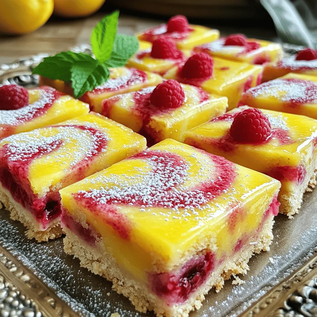 To make delicious raspberry lemonade bars, you need these main items: - 1 cup all-purpose flour - 1/4 cup powdered sugar - 1/2 cup cold unsalted butter, cubed - 1 cup granulated sugar - 2 large eggs - 1 tablespoon lemon zest - 1/2 cup fresh lemon juice - 1 cup fresh raspberries (or frozen, thawed) - 2 tablespoons cornstarch - 1/4 teaspoon salt - Extra powdered sugar for dusting These ingredients create a sweet and tangy taste. The butter makes the crust rich. The lemon juice and zest give it that bright flavor. Fresh raspberries add a burst of fruity goodness. You can add more flavors to enhance your bars. Consider these options: - A splash of vanilla extract - A pinch of ginger for warmth - A few mint leaves for freshness These extra flavors can create a unique twist. Try different combinations to see what you like best! If you have allergies, there are ways to adjust the recipe. Here are some ideas: - Use gluten-free flour instead of all-purpose flour. - Replace butter with coconut oil for a dairy-free option. - Swap granulated sugar with a sugar substitute, like stevia or monk fruit. These substitutions help you enjoy raspberry lemonade bars without worry. You can still savor the tangy taste while meeting your dietary needs. For the full recipe, check [Full Recipe]. Start by preheating your oven to 350°F (175°C). Grease a 9x9-inch baking dish or line it with parchment paper. This makes it easy to take out the bars later. In a mixing bowl, combine 1 cup of all-purpose flour and 1/4 cup of powdered sugar. Cut in 1/2 cup of cold, cubed unsalted butter. Use your fingers or a pastry cutter to mix until it looks like coarse crumbs. Press this mixture evenly into the bottom of your dish. Bake for 15 minutes or until it turns lightly golden. When done, remove it from the oven and let it cool slightly. While the crust cools, you can make the filling. In another bowl, whisk together 1 cup of granulated sugar, 2 large eggs, 1 tablespoon of lemon zest, and 1/2 cup of fresh lemon juice. Mix until everything is well combined. Now, take 1 cup of fresh raspberries (or thawed frozen ones) and toss them with 2 tablespoons of cornstarch and a pinch of salt in a small bowl. Gently fold the raspberry mix into the lemon mixture. This will create a colorful and tangy filling. Pour the raspberry lemon filling over the baked crust. Spread it evenly with a spatula. Bake for an additional 25 to 30 minutes. The center should set and the edges will pull away from the sides. Once baked, take it out and let it cool completely at room temperature. After cooling, refrigerate the bars for at least 2 hours. This helps them firm up for cutting. Before serving, dust the top with extra powdered sugar for a nice finish. Enjoy these fresh and tangy delights! For the full recipe, refer to the earlier section. To bake evenly, preheat your oven fully. This step ensures your bars cook well from the start. Also, use a light-colored baking dish. Dark pans can overcook the edges while leaving the center soft. Remember to avoid opening the oven door too often. This can cause uneven heat and extend baking time. Fresh lemon juice and zest are key for bright flavor. Use a microplane to zest the lemon. This keeps the zest fine, mixing well into the batter. When juicing, roll the lemon on the counter to soften it. This helps release more juice. Taste the mixture before baking. If it’s too tart, add a little more sugar. One common mistake is overmixing the filling. This can make the bars tough. Mix just until combined for a light texture. Another mistake is skipping the cooling time. Cutting the bars too soon can lead to a messy finish. Let them cool completely before slicing. For more helpful tips, check the Full Recipe. {{image_2}} You can swap raspberries for other fruits. Try strawberries, blueberries, or blackberries. Each fruit adds its own flavor and color. Mix and match to find your favorite combo. Just remember to adjust the sugar if the fruit is sweeter or tarter. To make these bars gluten-free, use almond flour or gluten-free flour. For a dairy-free option, replace butter with coconut oil or vegan butter. This keeps the bars delicious while meeting dietary needs. Check labels to ensure all ingredients are free from gluten and dairy. Serving these bars can be fun and unique. Try drizzling a berry sauce on top. You could also add a dollop of whipped coconut cream. Fresh mint leaves make a nice garnish, too. Serve them chilled for a refreshing treat on hot days. To keep your Raspberry Lemonade Bars fresh, store them in an airtight container. Place a piece of parchment paper between layers to prevent sticking. They stay good in the fridge for up to five days. If you love them cold, they taste great straight from the fridge. For long-term storage, you can freeze these bars. First, let them cool completely. Then, cut them into squares. Wrap each square in plastic wrap and then in aluminum foil. This keeps them safe from freezer burn. They can last up to three months in the freezer. To enjoy, just thaw them in the fridge overnight. If you prefer your Raspberry Lemonade Bars warm, reheating is easy. Place the bars on a microwave-safe plate. Heat them in the microwave for about 10 to 15 seconds. This warms them without making them soggy. Enjoy the fresh taste as if they just came out of the oven! Yes, you can use bottled lemon juice. However, fresh juice offers a better flavor. Fresh lemons come with bright notes that bottled juice lacks. If you want the best taste, always choose fresh lemons when making these bars. To reduce the sweetness, cut back on granulated sugar. You can lower it by 1/4 cup. Another option is to add more lemon juice. The tartness from the lemon will balance the sweetness. You will still enjoy a zesty treat without the extra sugar. Lemon and raspberries make a great pair in many desserts. You can create a refreshing lemon raspberry sorbet. A lemon raspberry cheesecake is also a delightful option. For a quick treat, try lemon raspberry muffins. Each dessert brings out the bright flavors of both ingredients. For the full recipe, check out the Zesty Raspberry Lemonade Bars section. This blog post covered how to make delicious raspberry lemonade bars. We talked about essential and optional ingredients, plus substitutions for allergies. I shared step-by-step instructions for the crust and filling, along with baking tips for perfect results. You learned about fun variations and best storage practices. In the end, these bars are a tasty treat that you can customize. Experiment with flavors and share these delightful desserts with others. Enjoy baking and creating your own unique versions!