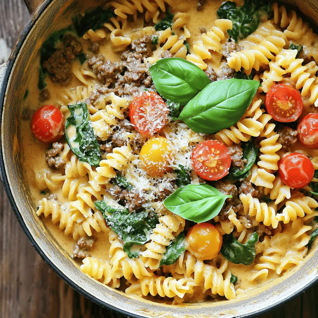 To make One-Pot Creamy Beef Pasta, gather these key items: - 1 pound ground beef - 12 ounces pasta (fusilli or penne work well) - 1 medium onion, finely chopped - 3 cloves garlic, minced - 2 cups beef broth - 1 cup heavy cream - 1 cup cherry tomatoes, halved - 1 cup spinach, roughly chopped - 1 teaspoon Italian seasoning - Salt and pepper to taste - 1 tablespoon olive oil - Grated Parmesan cheese for serving - Fresh basil leaves for garnish Want to kick up the taste? Consider these additions: - Red pepper flakes for heat - Mushrooms for earthiness - Bell peppers for sweetness - Zucchini for added veggies - Fresh herbs like parsley for brightness To cook this dish, you’ll need some basic tools: - A large pot or Dutch oven - A wooden spoon for stirring - A sharp knife for chopping - A cutting board to prep ingredients - Measuring cups and spoons for accuracy These simple ingredients and tools will help you create a tasty, creamy meal that everyone will love. Check out the Full Recipe for more detailed steps. To make One-Pot Creamy Beef Pasta, gather your ingredients first. You will need: - 1 pound ground beef - 12 ounces pasta (like fusilli or penne) - 1 medium onion, finely chopped - 3 cloves garlic, minced - 2 cups beef broth - 1 cup heavy cream - 1 cup cherry tomatoes, halved - 1 cup spinach, roughly chopped - 1 teaspoon Italian seasoning - Salt and pepper to taste - 1 tablespoon olive oil - Grated Parmesan cheese for serving - Fresh basil leaves for garnish Start by heating the olive oil in a large pot over medium heat. Add the chopped onion and sauté for about 3-4 minutes. You want the onion to become soft and clear. Next, add the minced garlic and cook for another minute. This step adds great flavor. Now increase the heat to medium-high. Add the ground beef and break it apart with a spoon. Cook this for about 5-7 minutes until it turns brown. Remember to season it with salt, pepper, and Italian seasoning. Once the beef is brown, stir in the cherry tomatoes. Let them cook for about 2 minutes to soften. Then, add the pasta, beef broth, and heavy cream to the pot. Bring everything to a boil. After it boils, lower the heat and cover the pot. Simmer for about 10-12 minutes. Stir occasionally. You want the pasta to be cooked al dente and the liquid mostly absorbed. Finally, add the chopped spinach and stir until it wilts, about 1-2 minutes. Taste your dish and adjust the seasoning if needed. To serve, dish out the pasta into bowls. Sprinkle grated Parmesan cheese on top. Add fresh basil leaves for a nice touch. This simple meal is ready to enjoy! For more details, check the Full Recipe. To get a creamy sauce for your One-Pot Creamy Beef Pasta, start with heavy cream. It gives the dish a rich texture. You can also use cream cheese for a thicker sauce. Make sure to stir the cream in gently. This helps it blend well with the beef and pasta. Adding cheese at the end adds extra creaminess. Grated Parmesan melts nicely and enhances flavor. One mistake is cooking pasta too long. It should be al dente, or firm to the bite. If you overcook it, the pasta can turn mushy. Another mistake is not using enough seasoning. Salt and pepper can make a big difference in taste. Lastly, don’t skip the sautéing step. Cooking the onion and garlic first brings out their flavors. For one-pot meals, use a wide pot. This allows even cooking of all ingredients. Start by browning the meat well. This gives a nice flavor base. Add ingredients in stages. First, the onions and garlic, then the beef, and finally the pasta and liquids. Cover the pot while simmering. This traps steam and helps cook the pasta evenly. Stir occasionally to prevent sticking. For the full recipe, check out the One-Pot Creamy Beef Pasta. {{image_2}} If you want to make this dish meat-free, it is easy! You can swap the ground beef for some hearty mushrooms or lentils. Both options add nice texture and flavor. Use about 1 pound of mushrooms, chopped, or 1 cup of cooked lentils. This keeps the dish filling and delicious while making it vegetarian. Want to spice things up? You can add more herbs and spices to enhance the taste. Try adding a pinch of red pepper flakes for heat. You can also mix in some smoked paprika for a deeper flavor. Fresh herbs like thyme or oregano can bring freshness to the dish. Just add them when you cook the onions to release their aroma. Feel free to get creative with your ingredients! If you don’t have heavy cream, you can use Greek yogurt or a plant-based cream. They will still give you that creamy texture. You can also use different types of pasta, like spaghetti or macaroni. Just make sure to adjust the cooking time as needed. If you’re out of cherry tomatoes, canned diced tomatoes can work well too. To keep your One-Pot Creamy Beef Pasta fresh, let it cool first. Then, place it in an airtight container. Make sure to cover the container tightly. This helps keep the flavors in and the pasta moisture intact. Store it in the fridge for up to three days. If you want to save it for later, freezing is a great option. Portion the pasta into smaller containers or freezer bags. Be sure to remove as much air as possible. This helps prevent freezer burn. You can freeze it for up to three months. Just remember to label the containers with the date. When you're ready to enjoy your leftovers, take them out of the fridge or freezer. If frozen, let it thaw in the fridge overnight. To reheat, place the pasta in a pot over low heat. Add a splash of water or broth to keep it creamy. Stir often until it’s heated through. You can also use the microwave, but be sure to stir halfway for even warmth. Enjoy your meal! Yes, you can use any pasta you like. I often use fusilli or penne. Both hold sauce well and cook evenly. If you choose a different shape, check the cooking time. Smaller pasta may cook faster, while larger shapes may take longer. This dish lasts about three to four days in the fridge. Make sure to store it in an airtight container. If you want it to stay fresh, cool it completely before sealing. One-Pot Creamy Beef Pasta pairs well with garlic bread or a fresh salad. You could also serve it with steamed veggies for added nutrition. A light dessert, like fruit salad, makes a nice finish too. Yes, you can make this recipe ahead of time. Cook it fully and let it cool. Store in the fridge for later. When ready to eat, just reheat on the stove. You may need to add a splash of broth or cream to keep it creamy. For the complete recipe, check out the Full Recipe link. You now have all the steps to create a tasty One-Pot Creamy Beef Pasta. We covered the key ingredients and shared helpful tips for cooking success. Remember to avoid common mistakes for the best results. Feel free to experiment with variations to suit your taste. When storing leftovers, keep the dish fresh for future meals. This recipe is easy to make and versatile. Enjoy every bite! Your cooking journey has just begun.