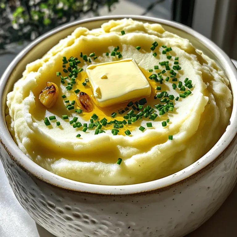 - 2 pounds of russet potatoes - 4 cloves of garlic - 1 cup heavy cream - ½ cup unsalted butter - ¼ cup cream cheese - Fresh chives or parsley for garnish - Salt and pepper to taste Creamy garlic mashed potatoes are a joy to make and eat. You start with russet potatoes. They get soft and creamy when boiled. I love adding garlic for a rich flavor. Minced garlic mixed with cream gives a wonderful taste. Heavy cream makes the potatoes smooth and rich. Butter adds a nice touch too. If you want even more creaminess, try cream cheese. You can also sprinkle fresh herbs on top. Chives or parsley not only look nice but add a fresh taste. Salt and pepper balance all the flavors. For the full recipe, check out the details above. This dish is simple yet very tasty! To start, you need to prepare the potatoes. First, peel and cube 2 pounds of russet potatoes. Next, place them in a large pot. Cover the potatoes with cold water and add a pinch of salt. Bring the pot to a boil over medium-high heat. Once it starts boiling, reduce the heat. Simmer the potatoes for about 15-20 minutes. You will know they are done when a fork can easily go through them. While the potatoes cook, let's infuse the cream. In a small saucepan, warm 1 cup of heavy cream over low heat. Add 4 cloves of minced garlic to the cream. Let the garlic soften for about 5 minutes. Stir occasionally. This method helps the cream soak up all the garlic flavor. After your potatoes are cooked, drain them well. Return the potatoes back to the pot. Now it's time to mash! Use a potato masher or a hand mixer to mash until the potatoes are smooth and creamy. Gradually mix in the warm garlic-infused cream and ½ cup of unsalted butter. If you want extra creaminess, you can also add ¼ cup of cream cheese. Mix everything until well combined. Finally, season with salt and pepper to taste. Adjust as you like. Transfer your creamy garlic mashed potatoes to a serving bowl. Top with fresh chives or parsley for a nice touch. For the full recipe, check out the earlier section! To get the perfect texture, start with russet potatoes. They are starchy and yield creamy results. After boiling, drain the potatoes well. This keeps excess water from making them runny. Use a potato masher for a rustic feel. For a super smooth finish, try a hand mixer. For extra richness, add cream cheese. It gives a velvety texture and tangy flavor. Just mix it in with the warm garlic-infused cream and butter. This small step makes a big difference. Balancing flavors is key. Always taste your mashed potatoes before serving. Add salt and pepper to enhance the garlic. A bit of salt boosts all flavors. Freshly ground pepper adds a warm kick. You can also add fresh herbs for extra flavor. Chives and parsley work well. They add color and freshness. Try mixing in some rosemary or thyme for a twist. Serving mashed potatoes can be fun! Transfer them to a nice bowl for a warm look. To elevate the dish, create a small well in the center. Add a pat of butter that will melt into the potatoes. It looks inviting and tastes great. Garnish with fresh herbs on top. This adds a pop of color and makes the dish look fancy. You can also sprinkle some paprika for a touch of warmth. For more details on how to make this dish, check the Full Recipe. {{image_2}} You can easily change up your creamy garlic mashed potatoes. One way is by adding roasted garlic. Roasting garlic gives it a sweet and deep flavor. To roast garlic, wrap it in foil and bake it until soft. Then, mix it into your mashed potatoes. Cheese is another tasty option. You can add Parmesan for a nutty kick or cheddar for a sharp taste. Just stir in the cheese after mashing, and let it melt. This extra step makes the dish even more delicious. If you want a lighter dish, try using Greek yogurt instead of heavy cream. It adds creaminess and a touch of tang. This swap also gives protein to your meal. You can also explore plant-based butter and cream. These options can make your mashed potatoes dairy-free. Look for brands that taste good and have simple ingredients. These swaps allow you to enjoy mashed potatoes while following your diet. For the full recipe, refer to the section above. Store leftover creamy garlic mashed potatoes in an airtight container. This keeps them fresh and safe. Before sealing, let them cool to room temperature. They can last in the fridge for up to three days. When reheating, use a microwave or stovetop. For the microwave, place the potatoes in a bowl. Add a splash of milk or cream to keep them creamy. Heat in short bursts, stirring in between. On the stovetop, warm them in a pot over low heat. Stir often to avoid sticking. You can freeze mashed potatoes, but they will change texture. To freeze, scoop portions into freezer bags. Remove as much air as possible before sealing. Label the bags with the date. Frozen mashed potatoes are best used within three months. To thaw, move them from the freezer to the fridge a day before serving. For quick thawing, place the bag in cold water. When ready to reheat, warm them on the stovetop. Add a little cream or milk to restore creaminess. This method works best for keeping that rich flavor. For the full recipe, check out the earlier section. Yes, you can use different types of potatoes. Here is a quick look at three main kinds: - Russet Potatoes: These have a high starch content. They become fluffy and light when mashed. They are great for creamy garlic mashed potatoes. - Yukon Gold Potatoes: These potatoes are creamy and dense. They have a rich flavor and a buttery texture. They hold up well when mashed. - Red Potatoes: These have a waxy texture. They are less starchy and can make your mash a bit chunky. They also have a slightly sweet taste. Using different potatoes will affect the texture and flavor of your dish. Choose the type you prefer for your creamy garlic mashed potatoes. You can make mashed potatoes ahead of time. Here is how: 1. Prepare Them: Follow the Full Recipe to make your mashed potatoes. 2. Cool Down: Let them cool to room temperature before storing. 3. Store: Place the mashed potatoes in an airtight container. You can keep them in the fridge for up to three days. Reheating Directions: - Place the mashed potatoes in a pot over low heat. - Stir in a splash of milk or cream to help them stay creamy. - Heat until warmed through, stirring often. This way, you can enjoy your creamy garlic mashed potatoes without stress on the day of your meal. Creamy garlic mashed potatoes pair well with many dishes. Here are some ideas: - Roasted Chicken: The flavors of garlic and herbs complement the chicken well. - Grilled Steak: The richness of mashed potatoes balances the meat's savory taste. - Baked Salmon: The creamy texture pairs nicely with the fish's light flavor. - Vegetable Stir-Fry: For a lighter option, serve it with colorful veggies. These options can help you create a delicious meal around your creamy garlic mashed potatoes. You've learned how to make creamy garlic mashed potatoes from scratch. We covered the key ingredients, like russet potatoes, garlic, and cream. You saw step-by-step instructions to ensure perfect texture and flavor. We even discussed tips for variations and storage methods. Now, you can impress your family and friends with delicious mashed potatoes. Don't be afraid to get creative with flavors and presentations. Enjoy every bite and make them a regular part of your meals!