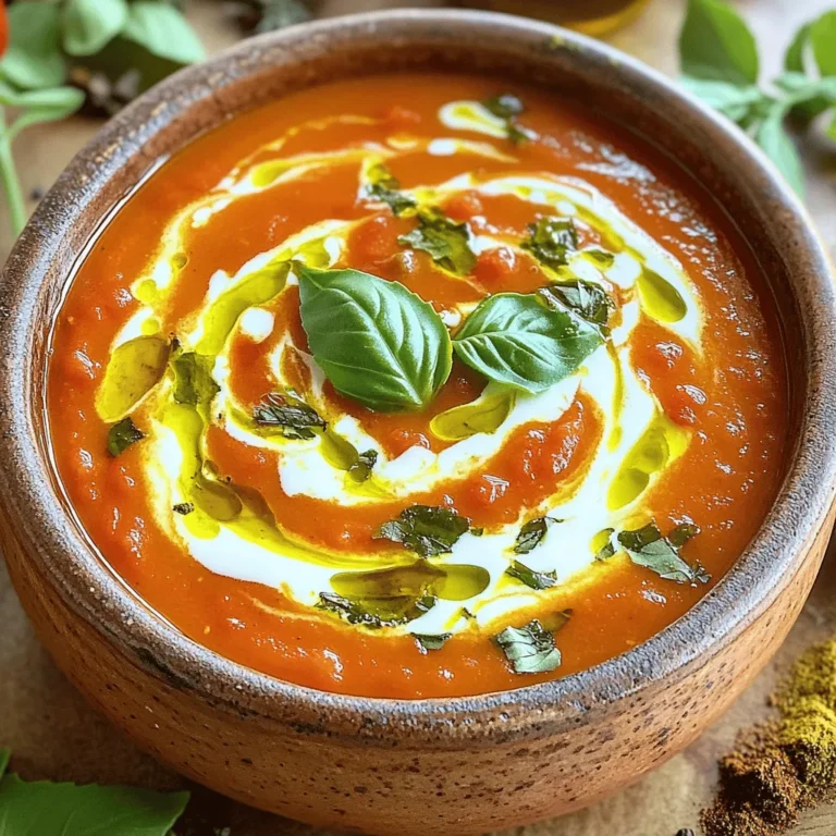 To make this creamy tomato basil soup, gather these items: - 2 tablespoons olive oil - 1 medium onion, diced - 3 cloves garlic, minced - 2 (14.5 oz) cans diced tomatoes, undrained - 2 cups vegetable broth - 1 cup heavy cream - 1 teaspoon sugar - 1 teaspoon dried basil - Salt and pepper to taste - Fresh basil leaves for garnish You can change things up with these add-ins: - Use fresh tomatoes instead of canned. - Swap heavy cream for coconut milk for a lighter taste. - Add red pepper flakes for some heat. - Stir in cooked pasta or rice for extra texture. When picking your ingredients, here’s what to look for: - Choose ripe, firm tomatoes. They should smell sweet and fresh. - Pick onions that are heavy and have a dry, papery skin. - Select fresh basil leaves that are bright green and fragrant. - Check garlic for firm cloves that are not sprouting. These tips will help you create the best creamy tomato basil soup. If you want to see the full recipe, just check the section above. 1. Start by heating the olive oil in a large pot over medium heat. 2. Add the diced onion and sauté for about 5 minutes. Wait until it looks soft and clear. 3. Stir in the minced garlic. Cook for 1-2 minutes until you smell a nice aroma. 4. Pour in the canned diced tomatoes with their juice and the vegetable broth. Mix well and bring to a simmer. 5. Once it simmers, add the sugar, dried basil, salt, and pepper. Let it cook for about 15 minutes. This helps the flavors blend. 6. Next, use an immersion blender to blend the soup until it's smooth. If you don’t have one, pour the soup in a regular blender in small batches. Be careful, as steam can escape! 7. Return the blended soup to the pot. Stir in the heavy cream and heat on low. Make sure it warms up nicely. 8. Finally, serve hot and add fresh basil leaves on top for a pop of color and taste. - Keep the blender submerged to avoid splashes. - Move it up and down to blend evenly. - Blend until you reach your desired texture. You may want it smooth or slightly chunky. - Clean your immersion blender right away to avoid tomato stains. - Don't skip the sautéing step. It builds flavor. - Avoid blending the soup too soon. Let it simmer first to get the best taste. - Be careful with salt. Always taste before adding more. - If you use fresh tomatoes, remember they need more time to cook down. For the full recipe, you can refer to the earlier section. Enjoy your cooking! To boost the flavor of your creamy tomato basil soup, try adding a pinch of red pepper flakes. This small touch adds warmth without being too spicy. You can also use fresh basil instead of dried basil for a brighter taste. Fresh basil gives a nice herbal aroma. Adding a splash of balsamic vinegar can also deepen the flavor. This small twist adds a hint of sweetness and tang. If you prefer a thicker soup, blend it less. This keeps some chunks for texture. For a creamier soup, blend until completely smooth. If the soup is too thick, add more vegetable broth. Just pour in small amounts until it reaches the right consistency. If you want it creamier, add a touch more heavy cream. This makes the soup rich and filling. Start by sautéing the onion and garlic until soft. This step builds a strong base flavor. Make sure not to rush this stage. Cooking them slowly brings out their natural sweetness. Let the soup simmer for at least 15 minutes. This allows all the flavors to meld together. Stir often and taste as you go. Adjust the seasoning until it feels just right. For the full recipe, check out the main section. {{image_2}} You can easily turn this creamy tomato basil soup into a vegan delight. Instead of heavy cream, use coconut milk or cashew cream. Both options add creaminess without dairy. You can also switch the vegetable broth for homemade nut or bean broth. This keeps the soup rich and tasty. This soup loves fresh ingredients. In summer, use fresh tomatoes instead of canned. Just chop them and simmer them down. You can also add zucchini or bell peppers for extra flavor. In the fall, try adding roasted butternut squash for a sweet twist. Each season brings new tastes to explore. Garnishing your soup makes it pop. Try adding a swirl of olive oil or a sprinkle of nutritional yeast for a cheesy flavor. Croutons or toasted bread work great for crunch. Fresh herbs like cilantro or parsley also brighten the dish. For a fun twist, serve it with a side of grilled cheese. For more ideas, check out the Full Recipe. Once you finish your creamy tomato basil soup, let it cool first. Pour the soup into an airtight container. Seal it tightly to keep out air. Store it in the fridge for up to four days. If you want to keep it longer, freezing is a great option. Just make sure to leave some space in the container. The soup expands when it freezes. To freeze your creamy tomato basil soup, use freezer-safe containers or bags. Divide the soup into portions for easy use later. Label each container with the date. This way, you won’t forget when you made it. You can freeze the soup for up to three months. Thaw it in the fridge overnight before reheating. When you’re ready to enjoy the soup again, reheat it slowly. You can use a pot on the stove or a microwave. If using the stove, heat on low. Stir often to prevent sticking. If you find it too thick, add a splash of broth or water. This helps restore its creamy texture. Always taste before serving to adjust the seasoning. For an extra touch, add fresh basil on top before serving. Enjoy your delicious soup! You can pair this soup with simple sides. A classic choice is grilled cheese. The crispy bread and gooey cheese blend well with the soup's creaminess. You could also serve it with a fresh salad. A light Caesar or garden salad adds a nice crunch. For a heartier option, try crusty bread or garlic bread. These choices soak up the soup and add more flavor. To make this soup healthier, you can swap heavy cream for a lighter option. Use half-and-half or almond milk for fewer calories. You can also add more veggies. Spinach or carrots blend in well without changing the taste. Reducing the amount of sugar helps cut extra calories too. Lastly, use low-sodium vegetable broth to lower the salt content. Yes, you can use fresh tomatoes in this recipe. Use about 2 pounds of ripe tomatoes. First, you must peel and chop them. Blanch them in boiling water for easy peeling. Fresh tomatoes add a bright flavor to the soup. Just be sure to adjust the cooking time. They may need a bit longer to break down compared to canned tomatoes. For a complete guide on making this soup, refer to the Full Recipe. This blog post covered key ingredients for creamy tomato basil soup, cooking steps, and tips. I shared options for vegan swaps and how to elevate flavor. Storing leftovers and reheating well keeps the soup tasty. Every little detail matters in your cooking. Use fresh ingredients and avoid common mistakes. With these tools and ideas, you can create a fantastic soup. Enjoy experimenting and make it your own!
