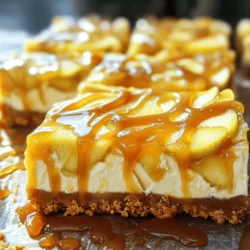 To make these delicious caramel apple cheesecake bars, you need fresh and simple ingredients. Here’s what you will need: - 1 ½ cups graham cracker crumbs - ½ cup unsalted butter, melted - 1 cup cream cheese, softened - ½ cup granulated sugar - 1 teaspoon vanilla extract - 2 large eggs - 2 cups peeled and diced apples (preferably Granny Smith) - 1 teaspoon ground cinnamon - ½ cup caramel sauce (plus extra for drizzling) - A pinch of salt These ingredients blend together to create a rich, creamy filling with a crunchy crust. The diced apples add a nice texture and flavor, while the caramel sauce gives it that sweet touch. Using Granny Smith apples is key. Their tartness balances the sweetness of the cheesecake and caramel. This perfect mix makes each bite a treat. For the full recipe, check out the complete guide above. 1. Preheat your oven to 325°F (160°C). This helps the cheesecake bake evenly. 2. Line an 8x8 inch baking pan with parchment paper. Leave some paper hanging over the edges. This makes it easy to lift out the bars later. 3. In a bowl, mix 1 ½ cups of graham cracker crumbs and ½ cup of melted unsalted butter. Stir until combined. 4. Press the mixture firmly into the bottom of the pan. This forms a solid crust. Bake this for 10 minutes and then let it cool. 1. In a large bowl, beat 1 cup of softened cream cheese, ½ cup of granulated sugar, and 1 teaspoon of vanilla extract. Mix until the mixture is smooth and creamy. 2. Add 2 large eggs to the cream cheese mix, one at a time. Mix well after each egg. This helps the batter become fluffy. 3. Fold in 2 cups of peeled and diced Granny Smith apples, 1 teaspoon of ground cinnamon, and a pinch of salt. Make sure these ingredients are evenly mixed into the cheesecake batter. 1. Pour the cheesecake mixture over the cooled crust in the pan. Spread it evenly to cover the crust. 2. Drizzle ½ cup of caramel sauce over the top. Use a knife to gently swirl it into the batter. This creates a lovely marbled effect. 3. Bake in the preheated oven for 35-40 minutes. The cheesecake should be set and slightly puffed at the edges. The center can still jiggle a little. 4. Once baked, remove it from the oven. Let it cool for about 30 minutes at room temperature. Then, refrigerate it for at least 2 hours. This helps it set completely. For the full recipe, check the ingredients and instructions listed above! To get a smooth cheesecake batter, you must start with softened cream cheese. Cold cream cheese makes lumps. Mix it well with sugar and vanilla until creamy. After that, add eggs one by one. This keeps the batter smooth and fluffy. When you pour the batter into the crust, be sure to spread it evenly. For proper baking, keep an eye on the time. Bake at 325°F (160°C) for 35-40 minutes. The edges should puff slightly, and the center should jiggle a bit. This means it’s perfectly set. You can serve these bars warm or cold. Pair them with whipped cream or vanilla ice cream for a treat. A sprinkle of cinnamon on top adds a nice touch. For presentation, cut them into neat squares. Drizzle extra caramel sauce over the top for a sweet finish. You can also add chopped nuts or a few apple slices on the side for color and crunch. One common mistake is overmixing the batter. This can make the cheesecake dense. Mix just until combined, and don’t beat too hard. Another mistake is baking at the wrong temperature. Always check your oven’s setting. If it’s too hot, your cheesecake may crack. If it’s too cool, it won’t set properly. Following these tips will help you make perfect caramel apple cheesecake bars. For the complete recipe, check the Full Recipe section. {{image_2}} You can change up the flavors in your caramel apple cheesecake bars. Try using other fruits! Pears, peaches, or berries work well too. Each fruit gives a new taste. You can also mix in nuts. Chopped walnuts or pecans add a nice crunch. Want extra sweetness? Add caramel chunks to the batter. This makes every bite even more delightful. Have special diet needs? No problem! You can make a gluten-free crust. Use almond flour or gluten-free cookies instead of graham crackers. This keeps the bars tasty and safe for gluten-free diets. Want a vegan version? Substitute cream cheese with a plant-based alternative. You can also use flax eggs or applesauce in place of regular eggs. These swaps keep the flavor rich while meeting dietary needs. Check out the Full Recipe for all the details! First, let the caramel apple cheesecake bars cool down completely. This step is key. If you store them warm, they can get soggy. Once cooled, cut the bars into squares. Next, wrap them tightly. You can use plastic wrap or aluminum foil. Make sure no air can get in. This helps keep them fresh. Place the wrapped bars in an airtight container. Store them in the fridge. They stay good for about five days. If you want to save some for later, freezing works well. Wrap each bar in plastic wrap. Then, put the wrapped bars in a freezer-safe bag. This keeps them from getting freezer burn. To thaw, take them out of the freezer. Leave them in the fridge overnight. This way, they thaw slowly and stay tasty. You can also let them sit at room temperature for about an hour. Enjoy your frozen treats whenever you like! Yes, you can! While Granny Smith apples are the best choice for flavor and tartness, other varieties work well too. Here are some good options: - Honeycrisp: Sweet and crunchy - Fuji: Crisp and juicy - Gala: Sweet and soft These apples add unique tastes and textures to your bars. You can prep the cheesecake bars a day in advance. Here’s how: - Make the crust and cheesecake batter the day before. - Bake and cool them fully. - Cover the pan with plastic wrap and refrigerate. This way, they will be ready to slice and serve the next day. If you need an alternative, here are some options: - Greek yogurt: It adds creaminess. - Mascarpone cheese: It’s rich and smooth. - Silken tofu: Blend until creamy for a vegan option. Each has a unique taste, so choose what fits your needs. These bars last up to five days in the fridge. To keep them fresh: - Store them in an airtight container. - Place parchment paper between layers for easy removal. This helps maintain their taste and texture for longer. This blog post covers a delicious apple cheesecake bars recipe. You learned about key ingredients like graham cracker crumbs, cream cheese, and fresh apples. The step-by-step instructions make baking easy for anyone. You also discovered tips to avoid common mistakes and ways to personalize your cheesecake. For the best results, use fresh ingredients and don’t rush the process. Enjoy creating your own tasty treats, and remember, practice makes perfect! Happy baking!