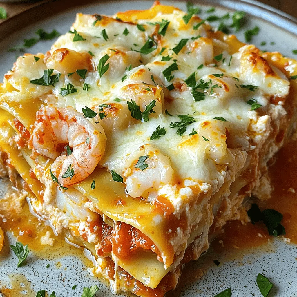 You need a few core ingredients to create a tasty seafood lasagna. The key components include lasagna noodles, cheeses, and seafood. - 9 lasagna noodles - 1 cup ricotta cheese - 2 cups shredded mozzarella cheese - 1 cup grated Parmesan cheese Choosing seafood is vital for flavor. I like to use shrimp, scallops, and crab meat. Each brings a unique taste and texture. Here’s what I recommend: - 1 cup cooked shrimp, chopped - 1 cup cooked scallops, chopped - 1 cup cooked crab meat, flaked The cheese varieties add creaminess and depth. Ricotta gives a smooth base, while mozzarella provides that gooey stretch. Parmesan adds a salty, nutty finish. You can enhance your seafood lasagna with some optional ingredients. These add more flavors and make the dish your own. - Seasonings and herbs: Consider adding dried oregano and basil for extra taste. - Vegetables: Spinach, mushrooms, or zucchini can add nutrition and flavor. If you have dietary restrictions, substitutions are easy. You can use gluten-free noodles. For dairy-free options, try cashew cheese or a nut milk. Enjoy creating your own version of this delicious dish! For the complete cooking process, check the Full Recipe. To cook the lasagna noodles, boil a large pot of salted water. Add the noodles and cook until al dente. This usually takes about 8 to 10 minutes. Drain the noodles and rinse them in cold water. This helps stop the cooking process. It also keeps them from sticking together. To avoid stickiness, toss the drained noodles with a little olive oil. This light coating helps keep them separate. You can also lay them flat on a clean surface. In a large skillet, heat one tablespoon of olive oil over medium heat. Add three cloves of minced garlic and one finely chopped onion. Cook this mixture until the onion turns clear. This usually takes around 3 to 4 minutes. Next, add one cup of cooked shrimp, one cup of cooked scallops, and one cup of flaked crab meat. Stir these seafood ingredients for about 4 to 5 minutes. You want them heated through but not overcooked. Season with one teaspoon of dried oregano, one teaspoon of dried basil, salt, and pepper to taste. To layer the lasagna, start with a thin layer of tomato sauce at the bottom of your baking dish. Place three lasagna noodles on top of the sauce. Spread half of the ricotta cheese over the noodles. Then, add half of the seafood mixture and a third of the mozzarella and Parmesan cheeses. Repeat the layers. Add another set of noodles, the remaining ricotta, the rest of the seafood, more sauce, and finish with the last layer of noodles. Top it all with the remaining sauce and the rest of the mozzarella and Parmesan cheeses. Preheat your oven to 375°F (190°C). Cover your baking dish with foil. If you want to avoid sticking, spray the foil with cooking spray. Bake for 25 minutes. Then, remove the foil and bake for an additional 15 to 20 minutes. You want the cheese to be bubbly and golden. Once it’s done baking, let the lasagna rest for about 10 minutes. This will help set the layers. Finally, garnish with fresh parsley before serving. Enjoy your savory seafood lasagna! For the full recipe, check out Ocean's Delight Seafood Lasagna. To make your seafood lasagna shine, use spices like oregano and basil. These herbs give a nice aroma and taste. Try adding a pinch of red pepper flakes for a hint of heat. For richer sauces, blend crushed tomatoes with heavy cream. This mix creates a creamy, smooth texture. Simmer the sauce to deepen the flavors. Cook it for about five minutes, stirring often. One big mistake is cooking seafood too long. Overcooked seafood can become rubbery and dry. Cook it just until heated through, about four to five minutes. Trust me, this keeps it tender and juicy. Layering errors can also lead to a soggy pasta. Make sure each layer has enough sauce. Too much sauce can make the noodles mushy. Use just the right amount for a perfect bite. For garnishes, fresh parsley works wonders. It adds a pop of color and freshness. You can also sprinkle some grated Parmesan on top. This gives a nice finish to your dish. Serve the lasagna in square pieces on individual plates. Drizzle some leftover sauce around the edges. This not only looks great but also adds more flavor. Enjoy it with a crisp salad or some garlic bread for a full meal. {{image_2}} You can make a tasty seafood lasagna by swapping seafood for veggies. Try using spinach, zucchini, or mushrooms. These vegetables add flavor and texture. You can also mix in some roasted red peppers for a sweet touch. If you want a lighter version, use ricotta and mozzarella cheese. You can even try lower-fat cheeses. It keeps the dish creamy without too many calories. Seafood lasagna is versatile. You can mix and match different seafood. Some great combos include shrimp, crab, and clams. Each type of seafood adds its own unique flavor. You can also draw from regional styles. For example, a Mediterranean version might use olives and feta. A New England style could include lobster and a creamy sauce. The options are endless! If you need gluten-free options, use gluten-free noodles. They work just as well as regular ones. Make sure to check the package for cooking instructions. For sauces, you can use gluten-free flour to thicken. When it comes to cheese, most are naturally gluten-free. Just read the labels to be sure. Enjoy your lasagna without worry! For more details, check out the Full Recipe. To keep your seafood lasagna fresh, store it in the fridge. Use an airtight container. It stays good for about three to four days. If you want to keep it longer, freezing is a great option. Cut it into portions and wrap each piece in plastic wrap. Then, place the pieces in a freezer bag. This helps avoid freezer burn. Properly stored, it can last up to three months in the freezer. When it's time to enjoy your leftovers, reheat them gently. The best method is using the oven. Preheat your oven to 350°F (175°C). Place the lasagna in an oven-safe dish and cover it with foil. This prevents it from drying out. Heat for about 20-25 minutes. If you prefer the microwave, use a microwave-safe plate and cover it with a damp paper towel. Heat in short bursts of 1-2 minutes, checking often. This way, you keep the seafood moist and tasty. Enjoy your delicious meal again! You can prep seafood lasagna a day before. Cook the noodles and make the seafood mix. Layer the dish in your baking pan. Cover tightly and place it in the fridge. This keeps the flavors fresh. Just remember to let it sit out for 30 minutes before baking. If you want to store it longer, freeze it. Assemble the lasagna but do not bake. Wrap it well in plastic wrap, then foil. This keeps it safe in the freezer for up to three months. When you are ready, thaw it in the fridge overnight, then bake as usual. Yes, you can use frozen seafood. It’s easy and saves time. Thaw the seafood overnight in the fridge. Drain it well to avoid extra water in your dish. Pat it dry with paper towels to keep the texture nice. Frozen seafood cooks a bit faster. Keep an eye on it so it doesn't get tough. Fresh seafood gives a better texture, but frozen works well too. Seafood lasagna pairs great with a crisp salad. A simple green salad with lemon dressing is perfect. You can also try a Caesar salad for a richer taste. For bread, garlic bread is a classic choice. It helps soak up the delicious sauce. When it comes to drinks, white wine is a winner. A chilled Pinot Grigio or Sauvignon Blanc complements the dish. If you prefer non-alcoholic, sparkling water with a slice of lemon works well too. For the full recipe, you can check out the Ocean's Delight Seafood Lasagna recipe. Seafood lasagna is a dish full of flavor and texture. You’ve learned about essential ingredients and seafood choices. Customization through herbs and veggies makes it unique. I shared tips for prepping noodles and assembling layers perfectly. Avoid common mistakes for great results. Remember, you can also adapt this dish for different diets. Store leftovers well and reheat without drying. Experiment with variations like vegetarian options or gluten-free noodles. Enjoy your seafood lasagna journey and impress everyone at the table!