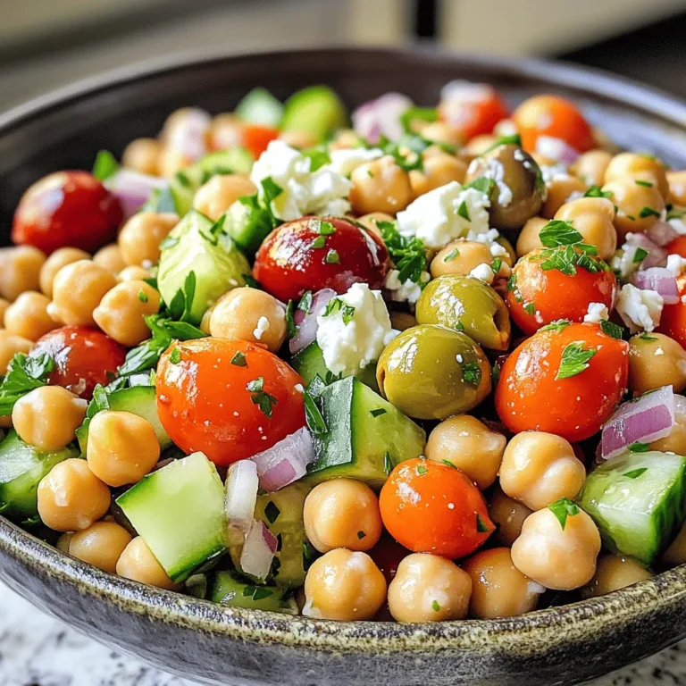 This Mediterranean Chickpea Salad is fresh and easy to make. Here’s what you need: - 1 can (15 oz) chickpeas, drained and rinsed - 1 cup cherry tomatoes, halved - 1 cucumber, diced - 1/2 red onion, finely chopped - 1/3 cup Kalamata olives, pitted and sliced - 1/4 cup feta cheese, crumbled - 2 tablespoons fresh parsley, chopped - 2 tablespoons olive oil - 2 tablespoons lemon juice - 1 teaspoon dried oregano - Salt and pepper to taste Each serving of this salad is packed with nutrients. Here’s a quick look: - Calories: 250 - Protein: 8g - Carbohydrates: 30g - Fiber: 7g - Fat: 12g - Sodium: 400mg This salad provides a good balance of protein, healthy fats, and fiber. It's great for a light meal or a side dish. If you want to change things up, here are some substitutions: - Use canned white beans instead of chickpeas for a different taste. - Swap feta cheese with goat cheese for a creamier texture. - Replace Kalamata olives with green olives for a milder flavor. - Add bell peppers or radishes for extra crunch. Feel free to mix and match based on what you like or have on hand. Enjoy the process of making this salad your own! For the complete recipe, check out the Full Recipe. Making Mediterranean chickpea salad is fun and quick. You’ll need about 15 minutes to prep. Gather all your ingredients first. This will make your work easier. The salad tastes better if you let it chill for a while. 1. In a large mixing bowl, combine: - 1 can (15 oz) chickpeas, drained and rinsed - 1 cup cherry tomatoes, halved - 1 cucumber, diced - 1/2 red onion, finely chopped - 1/3 cup Kalamata olives, pitted and sliced 2. Next, add: - 1/4 cup feta cheese, crumbled - 2 tablespoons fresh parsley, chopped 3. In a small bowl, whisk together: - 2 tablespoons olive oil - 2 tablespoons lemon juice - 1 teaspoon dried oregano - Salt and pepper to taste 4. Pour this dressing over the chickpea mix. Toss gently to coat everything. 5. Taste your salad. Adjust salt, pepper, or lemon juice if needed. 6. Refrigerate the salad for at least 30 minutes. This lets the flavors mix well. 7. Serve chilled or at room temperature. You can garnish with extra feta and parsley if you like. This salad is great on its own. You can also pair it with grilled chicken or fish. It works well as a side dish too. For extra crunch, add some nuts or seeds. Enjoy this fresh and colorful meal with friends and family! For more details, check the Full Recipe. To make the best Mediterranean chickpea salad, use fresh ingredients. Fresh herbs like parsley add a burst of flavor. Rinse the chickpeas well to remove extra sodium. For a better taste, let the salad chill for at least 30 minutes. This helps the flavors blend nicely. Taste the salad before serving. Adjust salt and lemon juice to your liking. Serve this salad as a light lunch or side dish. It pairs well with grilled chicken or fish. You can also enjoy it with pita bread or on a bed of greens. For a fun twist, use it as a filling for wraps. Add extra feta or olives on top for a special touch. One common mistake is using canned chickpeas without rinsing them. This can make the salad too salty. Another mistake is not letting the salad sit. If you serve it right away, the flavors won’t be as strong. Also, avoid over-mixing. Gently toss the salad so the feta stays intact. Finally, don’t skip the lemon juice. It brightens the whole dish. For the full recipe, check out the detailed steps. {{image_2}} You can easily change this salad to fit your taste. Try black beans instead of chickpeas. You can also use sun-dried tomatoes instead of fresh ones. If you prefer a different cheese, go for goat cheese or omit cheese entirely for a vegan option. Fresh herbs like dill or mint can add a fresh twist. Swap out Kalamata olives for green olives if you like a milder flavor. These changes keep the salad fun and fresh! This salad shines in any season. In summer, use ripe tomatoes and sweet corn for a juicy bite. In fall, add roasted butternut squash for warmth and depth. In winter, toss in some shredded Brussels sprouts for crunch. Each season brings its own flavors, so feel free to mix what you have on hand. The Mediterranean Chickpea Salad can adapt to any time of year! You can turn this salad into a full meal. Serve it over quinoa or couscous for added texture. If you want protein, grilled chicken or shrimp works great. For a vegetarian option, add roasted chickpeas or tofu. These additions make the dish heartier while keeping it delicious. No matter how you serve it, the flavors stay bright and vibrant! Store leftover Mediterranean chickpea salad in an airtight container. Keep it in the fridge. It stays fresh for up to three days. If you want to keep it longer, consider freezing. To freeze, place the salad in a freezer-safe container. Leave some space at the top. This space allows for expansion. The salad can stay frozen for up to a month. When ready to eat, thaw it overnight in the fridge. You can enjoy this salad cold, so reheating is not necessary. If you prefer warmth, gently heat it in a pan on low. Stir often to avoid burning. Add a splash of olive oil if it seems dry. Mediterranean Chickpea Salad is a fresh and colorful dish. It combines chickpeas, tomatoes, cucumbers, and olives. This salad is full of vibrant flavors and textures. You can enjoy it as a side or a main meal. The dressing includes olive oil and lemon juice, which adds brightness. It's easy to make and perfect for warm days. You can find the full recipe at the end of this section. To make this salad vegan, simply leave out the feta cheese. You can replace it with avocado or a vegan cheese alternative. This keeps the salad creamy and rich without dairy. Also, check the olive oil and other ingredients for vegan compliance. This way, you can enjoy the same great taste while following a vegan diet. Yes, you can add many other vegetables to the salad. Bell peppers, carrots, or radishes work great. You can also include leafy greens like spinach or arugula. Try adding roasted vegetables for a warm twist. The key is to keep the flavors balanced and fresh. Feel free to experiment with your favorites! This blog post covers all you need to know about making Mediterranean Chickpea Salad. We discussed ingredients, nutritional info, and substitutions. You learned step-by-step cooking instructions and tips for perfecting the dish. We explored variations to suit your taste and gave storage tips for leftovers. Remember, this salad is versatile and healthy. Feel free to get creative with your ingredients. Enjoy making this colorful and tasty meal!