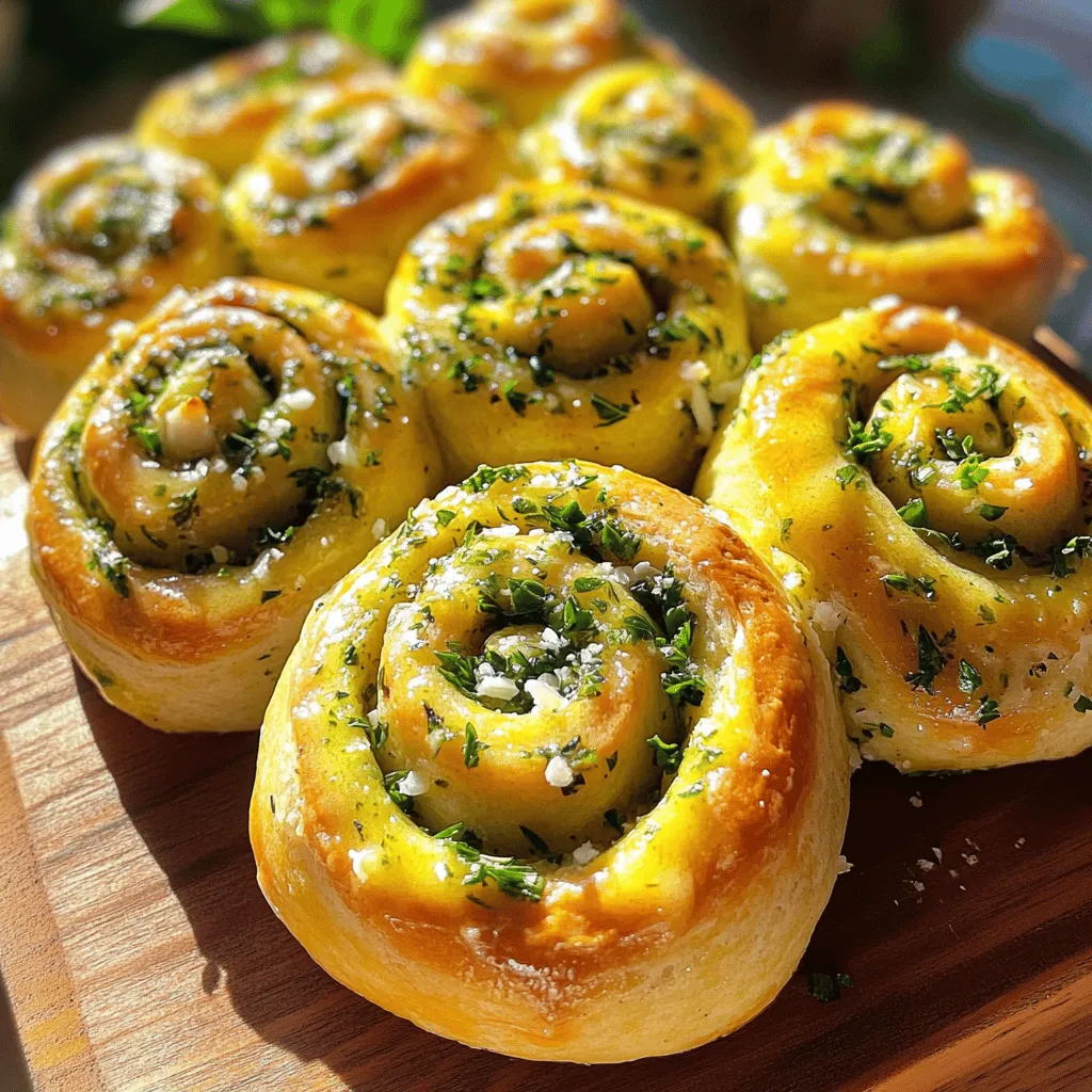 - 3 cups all-purpose flour - 1 packet (2 1/4 teaspoons) active dry yeast - 1 cup warm water (110°F/45°C) - 2 tablespoons sugar - 1 teaspoon salt - 3 tablespoons olive oil - 4 cloves garlic, minced - 1/4 cup fresh parsley, chopped - 1/4 cup fresh basil, chopped - 1/4 cup grated Parmesan cheese - 1/2 teaspoon black pepper - 1 egg, beaten (for egg wash) To make my Herb & Garlic Swirl Rolls, you need a few key ingredients. All-purpose flour is a must. It gives the rolls their soft texture. Next, active dry yeast helps the dough rise. Warm water activates the yeast. Sugar feeds the yeast and adds a hint of sweetness. Salt enhances flavor, while olive oil keeps the dough moist. Garlic is the star ingredient for flavor. Fresh herbs like parsley and basil add freshness and depth. Grated Parmesan cheese gives a savory touch. Black pepper adds a bit of heat. Lastly, an egg wash gives the rolls a shiny finish. - Additional herbs - Cheese variations - Spices for added flavor You can customize these rolls with optional ingredients. Try adding more herbs like thyme or oregano for extra flavor. Different cheeses like mozzarella or cheddar can make them even richer. You can also add spices like red pepper flakes for a kick. These options let you personalize the rolls to your taste. For the full recipe, check out the detailed steps to create these delightful rolls. - Activating the yeast: Start by mixing warm water, sugar, and yeast in a bowl. Wait about 5 minutes until it foams. This shows the yeast is alive. - Mixing dry and wet ingredients: Add salt, olive oil, and 2 cups of flour to the yeast mix. Stir until it all blends well. - Kneading the dough: Transfer the dough to a floured surface. Knead it for 5-7 minutes, making it smooth and elastic. - Ideal rising conditions: Place the dough in a greased bowl. Cover it with a damp cloth. Find a warm spot in your kitchen. - Time needed for rising: Let the dough rise for about 1 hour. It should double in size, showing it's ready for the next step. - Combining the herb ingredients: In a small bowl, mix minced garlic, parsley, basil, Parmesan cheese, and black pepper. This blend gives the rolls their flavor. - Spreading on the dough: Roll out the dough into a rectangle. Spread the herb and garlic mixture evenly over the dough. - Rolling the dough into a log: Start from one long edge and roll the dough tightly into a log. Pinch the seam to seal it well. - Slicing and placing in the dish: Cut the log into 12 equal slices. Place them in a greased baking dish or on a parchment-lined baking sheet. - Proofing after shaping: Cover the rolls with a cloth. Let them rise for another 30 minutes to puff up before baking. - Preparing for the oven: Preheat your oven to 375°F (190°C). Brush the tops with the beaten egg for a shiny finish. - Baking and finishing: Bake for 20-25 minutes until golden brown. Let cool slightly before serving. For the full recipe, check the section above. To make the best Herb & Garlic Swirl Rolls, you need the right dough. Start with the flour. Use all-purpose flour for a soft, fluffy texture. The dough should feel smooth and elastic. Knead it for about 5 to 7 minutes. This helps develop the gluten. You can tell the dough is ready when it springs back after a poke. If it feels sticky, add a little more flour. Avoid adding too much, or the rolls will be tough. Want to boost the flavor? Try adding more herbs. Thyme, oregano, or dill work great. You can also mix in some sun-dried tomatoes for a twist. For cheese lovers, different cheeses can really change the taste. Mozzarella gives a creamy texture. Feta adds a salty kick. Just remember to adjust the amount based on your taste. Checking for doneness is key. Your rolls should be golden brown on top. You can tap the bottom of a roll. If it sounds hollow, it’s done. For that crispy crust, place a pan of water in the oven. This creates steam and helps the rolls bake evenly. Let them cool before serving to keep the texture perfect. For the full recipe, refer to the earlier section. Enjoy your baking! {{image_2}} You can easily add cheese to these rolls. This step adds a creamy, rich taste that pairs well with herbs. I recommend using mozzarella for a gooey center or sharp cheddar for a bolder flavor. Cream cheese can also work great if you want a softer filling. Simply spread your chosen cheese on top of the herb mix before rolling. To make these rolls gluten-free, swap the all-purpose flour with a gluten-free blend. Look for a blend that contains xanthan gum. This helps mimic the texture of wheat flour. Use the same amount as the original recipe. You may need to bake a bit longer, so check for golden brown edges. For a vegan twist, replace dairy and eggs. Use almond milk or soy milk instead of regular milk. You can also swap butter for vegan margarine. For the egg wash, brush the tops with a mix of plant-based milk and a little maple syrup. This keeps the flavors balanced while making them vegan-friendly. For the full recipe and details, refer to the earlier section. Store leftover rolls in the fridge. Use an airtight container to keep them fresh. This helps prevent them from drying out. They should last about 3 to 4 days. If you want to enjoy them warm, reheat them in the oven for a few minutes. You can freeze these rolls for later. First, let them cool completely. Wrap each roll in plastic wrap, then place them in a freezer bag. This keeps the rolls safe from freezer burns. They can last for about 2 to 3 months in the freezer. To reheat, take them out and let them thaw. You can warm them in the oven or microwave. Enjoy the fresh taste as if they were just baked. For the full recipe, check the previous section on how to make Herb & Garlic Swirl Rolls. To make these rolls, start by mixing warm water, sugar, and yeast. Let it sit. Then, add salt, olive oil, and flour. Mix until you have a dough. Knead it for a few minutes. Let the dough rise until it doubles in size. Roll it out, spread the garlic and herb mixture, then roll it up. Slice the log and let the rolls rise again. Bake until golden. That’s it! For more details, check the Full Recipe. Yes, you can use dried herbs! Just remember, dried herbs are stronger. Use about one-third of the amount. For example, if the recipe calls for 1 tablespoon of fresh herbs, use 1 teaspoon of dried instead. This swap works well. The taste may differ slightly, but your rolls will still be tasty! These rolls stay fresh for about 2-3 days at room temperature. Keep them in an airtight container. If you want them to last longer, you can freeze them. They will stay good in the freezer for up to 3 months. Just thaw and warm them when ready to eat. You can find pre-made rolls at local bakeries. Look for ones that focus on fresh ingredients. Many grocery stores also carry them. Check the bakery section. If you need them fast, some stores have frozen options. Just bake them at home! Yes, you can easily double the recipe. Just use twice the amount of each ingredient. Make sure you have a big bowl for mixing. You might need a larger baking dish too. The baking time will stay the same, but check for doneness. Enjoy making more rolls! You now have all the tools to make delicious Herb and Garlic Swirl Rolls. We covered the essential ingredients, from all-purpose flour to fresh herbs. You learned how to prepare the dough, create a tasty filling, and shape the rolls. I shared tips to perfect your dough and enhance the flavor. You can even try different variations to suit your taste. With proper storage advice, your leftovers will stay fresh. Enjoy your baking journey and the delightful rolls that come from it!