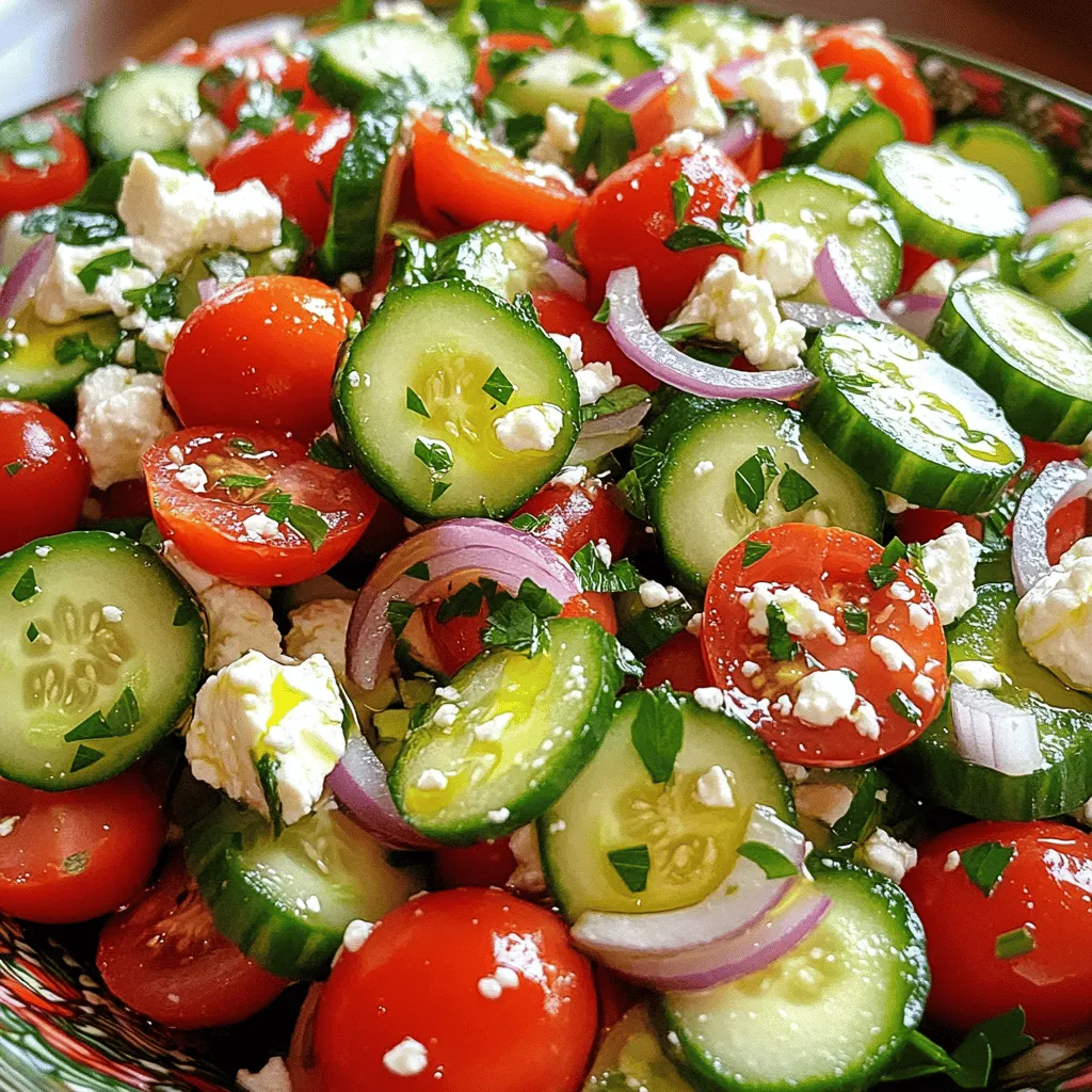 - 2 large cucumbers, diced - 4 ripe tomatoes, chopped - 1/4 red onion, thinly sliced - 1 cup feta cheese, crumbled - 1/4 cup fresh parsley, chopped - 1 teaspoon dried oregano - Salt and pepper to taste - 3 tablespoons extra-virgin olive oil - 2 tablespoons red wine vinegar (or lemon juice for a twist) When it comes to making a refreshing Cucumber Tomato Salad with Feta, fresh ingredients make a huge difference. I love using crisp cucumbers and juicy tomatoes for this dish. The colors from the veggies pop on the plate, making it look as good as it tastes. Cucumbers add crunch and a mild flavor, while tomatoes bring sweetness. The red onion offers a nice sharpness that balances everything. Feta cheese adds creaminess and a salty kick. The parsley and oregano lift the flavors. I always chop my herbs fresh for the best taste. A sprinkle of salt and pepper makes it all come together beautifully. The dressing is simple yet flavorful. Extra-virgin olive oil gives a fruity note, while red wine vinegar or lemon juice adds brightness. You can switch it up with lemon juice for a zesty twist. This Cucumber Tomato Salad with Feta is a full delight. You can find the full recipe above to make this delicious dish easily at home. - Step 1: Combine cucumbers and tomatoes Start by taking two large cucumbers and dicing them into bite-sized pieces. I love using fresh cucumbers because they add that crisp texture. Next, chop four ripe tomatoes. Mix the diced cucumbers and chopped tomatoes in a large bowl. This base is where all the flavors will come together. - Step 2: Add red onion and feta Now, grab a quarter of a red onion and slice it thinly. Add the red onion to your bowl. The onion brings a sharp flavor that pairs well with the fresh produce. Then, crumble one cup of feta cheese on top. The feta adds saltiness and creaminess that makes this salad shine. - Step 3: Whisk dressing ingredients In a separate small bowl, whisk together three tablespoons of extra-virgin olive oil and two tablespoons of red wine vinegar. If you want a twist, use lemon juice instead. Add salt, pepper, and one teaspoon of dried oregano. Whisk until it’s well mixed. This dressing brings everything together. - Step 4: Toss salad with dressing Pour the dressing over your salad ingredients. Gently toss everything together. Be careful not to break the feta too much. You want those lovely crumbles to stay intact. - Step 5: Add parsley and adjust seasoning Chop a quarter cup of fresh parsley and sprinkle it on top. This adds a bright color and flavor. Taste the salad and adjust the seasoning if needed. Maybe add a bit more salt or pepper to make it perfect. - Step 6: Let flavors meld before serving Allow the salad to sit for about ten minutes. This lets the flavors blend beautifully. When you’re ready to serve, you’ll enjoy a fresh and flavorful dish. For the full recipe, check out the detailed steps above! - Select ripe tomatoes for sweetness: Ripe tomatoes bring a juicy burst of flavor. Look for vibrant colors and slight softness when gently pressed. - Use fresh herbs for enhanced flavor: Fresh parsley adds a wonderful touch. It brightens the dish and pairs well with feta. - Pair with grilled meats or crusty bread: This salad complements grilled chicken or steak wonderfully. It also tastes great with some crusty bread to soak up the juices. - Serve chilled for a refreshing option: Chill your salad for an hour before serving. This lets the flavors mix and gives a cool bite on a hot day. - Use a beautiful serving bowl: A colorful bowl can make your salad pop. A clear glass bowl shows off the fresh colors of the salad. - Garnish with extra feta and parsley: Add a sprinkle of feta and a few parsley leaves on top. This makes the dish look fancy and inviting. For the complete recipe, check out the Full Recipe. {{image_2}} You can easily change the cheese in this salad. Swap feta with creamy goat cheese for a tangy twist. This will give your salad a new flavor. You can also use different cucumber and tomato types. Try using English cucumbers or heirloom tomatoes. Each choice adds a unique taste and look. Want to jazz up your salad? Add olives or colorful bell peppers. They bring a nice salty kick and crunch. You can also toss in some avocado. It adds creaminess and makes the salad feel rich. Each add-in can change the flavor while keeping it fresh. If you're vegan, don’t worry! You can replace feta with a plant-based cheese. Many options taste great and keep the salad creamy. Use apple cider vinegar instead of red wine vinegar. This gives a sweet tang that works well. With these swaps, you can enjoy this salad too! For the full recipe, check the Refreshing Cucumber Tomato Feta Delight section above. To keep your Cucumber Tomato Salad with Feta fresh, store it in an airtight container. This method helps prevent the ingredients from wilting. Enjoy the best taste within 1-2 days. After that, the salad may lose crunch and flavor. Freezing this salad is not recommended. When you freeze cucumbers and tomatoes, they change in texture. They can become mushy and unappealing. Enjoy this salad fresh instead! For easy meal prep, make the dressing separately. This keeps the salad crisp and fresh. You can chop the cucumbers, tomatoes, and other ingredients ahead of time. When you are ready to eat, just toss everything together. This way, you have a quick and tasty meal ready in no time! For the full recipe, check out the details above. You can add sliced jalapeños or a pinch of cayenne pepper to give the salad a nice kick. Both options bring heat without overpowering the fresh flavors. If you like more spice, try both! Just be careful to balance the heat with the cooling effect of the cucumbers and feta. This way, you make a salad that excites your taste buds. Yes, you can prepare this salad ahead of time. Just remember to add the dressing right before serving. This keeps the vegetables crisp and the flavors fresh. If you mix the dressing in too early, the cucumbers can get soggy. I recommend making it no more than a few hours in advance. This way, it stays delicious and vibrant. Yes, this salad is naturally gluten-free. It has no wheat or gluten ingredients. This makes it suitable for most diets. Whether you're gluten-free by choice or necessity, you can enjoy this salad without worry. It's a great option for gatherings, as everyone can partake in the freshness and flavor. This post shared a simple cucumber-tomato salad recipe with feta cheese. You learned how fresh produce, dairy, and herbs blend for great flavor. Choosing ripe tomatoes and fresh herbs enhances taste. Enjoy it chilled alongside grilled meats or crusty bread. Remember, storing it properly keeps it fresh. Customize it with add-ins like olives or herbs for a twist. This salad is quick to make, perfect for any meal. Explore your options, and enjoy this fresh and easy dish!