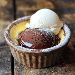 - ½ cup unsalted butter - 1 cup bittersweet chocolate chips - 2 large eggs - 2 large egg yolks - ½ cup granulated sugar - 2 tablespoons all-purpose flour - ¼ teaspoon salt - ½ teaspoon vanilla extract To make the perfect chocolate lava cake, gather these main ingredients first. The unsalted butter adds richness, while bittersweet chocolate chips give a deep, rich flavor. The eggs and egg yolks provide structure and creaminess. Granulated sugar balances the flavors, and all-purpose flour gives the cake its body. A touch of salt enhances the sweetness, and vanilla extract adds a warm aroma. - Powdered sugar for dusting - Ice cream or whipped cream for serving For a special touch, you can add powdered sugar on top. It adds a nice contrast to the rich chocolate. Serving the cake with ice cream or whipped cream makes it even better. The cold creaminess complements the warm, gooey center. Try these add-ins to elevate your dessert experience! For the complete recipe, check out the Full Recipe. - Preheat oven to 425°F (220°C). - Grease four ramekins with butter and place them on a baking tray. Prepping your oven and ramekins is key. Start by setting your oven to 425°F (220°C). This is the perfect temperature for baking. Next, grease your ramekins well. You want them slick so the cake comes out easily. Arrange them on a sturdy baking tray. This makes it easy to move them in and out of the oven. - Combine butter and chocolate chips in a microwave-safe bowl. - Microwave and stir until smooth. Now it’s time to melt the chocolate. Take a microwave-safe bowl and add unsalted butter and bittersweet chocolate chips. Microwave in short bursts, about 30 seconds at a time. Stir after each burst until it’s silky smooth. This step is vital. If the chocolate burns, it will ruin your cake. - Whisk eggs and sugar until fluffy. - Combine chocolate mixture with egg mixture. - Fold in dry ingredients. In a new bowl, crack two whole eggs and two egg yolks. Add granulated sugar into the bowl. Whisk them together until the mixture looks light and fluffy. This step adds air, making your cake rise nicely. Next, slowly pour the melted chocolate into this egg mixture. Stir gently to combine. Now, sift in all-purpose flour and salt. Carefully fold everything together until no dry bits remain. - Fill ramekins and bake for 12-14 minutes. - Let sit before inverting onto plates. Now comes the fun part! Fill each ramekin about three-quarters full with the batter. Place the tray in your preheated oven and bake for 12-14 minutes. The edges should be firm, but the center will be soft. After baking, let the cakes sit for about a minute. This helps them set. Then, carefully invert each ramekin onto a plate. Give a gentle tap to release the cake. For the full recipe, check out the detailed instructions provided. To get that perfect lava texture, timing is key. Bake your cakes for 12-14 minutes. Watch closely during the last few minutes. The edges should be firm, but the center must remain soft and jiggly. This is how you know your cake will ooze chocolate when you cut into it. Use four 6-ounce ramekins for baking. They are the right size for a perfect portion. Ramekins made from ceramic work best. Place them on a baking tray for easy handling. The tray helps catch any spills and makes it easy to move in and out of the oven. For the best experience, serve your lava cake with a scoop of vanilla ice cream or a dollop of whipped cream. The cold cream complements the warm, gooey center. For a fancy touch, dust the top with powdered sugar. You can also add fresh berries for color and flavor. A drizzle of chocolate sauce or caramel can elevate your dessert further. {{image_2}} To make a vegan chocolate lava cake, swap the butter for coconut oil or vegan butter. For eggs, use flax eggs or applesauce. These will help bind the batter. Choose dark chocolate that is dairy-free. Look for brands marked as vegan for the best results. For a gluten-free lava cake, replace all-purpose flour with almond flour or coconut flour. These options give the cake a nice texture. Brands like Bob’s Red Mill offer great gluten-free flour mixes. Check for certified gluten-free labels to avoid cross-contamination. You can make your lava cake even more special. Add a teaspoon of espresso powder to enhance the chocolate flavor. Orange zest adds a bright touch. For warmth, try adding a pinch of cinnamon or nutmeg. These spices will create a cozy vibe. To keep your chocolate lava cake fresh, store it in the fridge. Use a sealed container to prevent drying. Place a piece of plastic wrap directly on the cake before sealing. This method helps maintain the soft texture. Enjoy your leftover cake within three days for the best taste. You can freeze chocolate lava cakes for later. First, let them cool completely. Wrap each cake tightly in plastic wrap. Then place them in a freezer bag. This will prevent freezer burn. To thaw, move the cakes to the fridge overnight. For reheating, place them in a 350°F (175°C) oven for 10-12 minutes. This warms them up without drying them out. Enjoy your warm, gooey treat! Check out the Full Recipe for more tips. Yes, you can prepare the batter ahead of time. Store it in the fridge for up to 24 hours. When you are ready to bake, just fill the ramekins and bake. If you want to bake later, cover the filled ramekins with plastic wrap and chill. This keeps the batter fresh and ready. If you go this route, let them sit at room temperature for 15 minutes before baking. The most common reason is baking too long. If the center cooks fully, it won't ooze. Check the cakes at the 12-minute mark. The edges should be firm while the middle is soft. Another reason could be the oven temperature. Make sure it is accurate. Use an oven thermometer if needed. Ice cream is a classic choice. Vanilla, mint, or salted caramel flavors work great. Fresh berries add a nice touch too. They balance the rich chocolate. A strong espresso or coffee also pairs well. It enhances the chocolate flavor and adds depth. Look for firm edges and a soft center. The center should jiggle gently. If it looks too set, it may overbake. Another way is to check the time. Aim for 12 to 14 minutes in the oven. The right timing is key for that oozy center. In summary, you learned about the key ingredients and clear steps for making chocolate lava cake. We covered techniques for perfect texture, variations for dietary needs, and storage tips to keep your cakes fresh. Baking should be fun and rewarding, so don’t hesitate to experiment with flavors or serve them up with ice cream. Enjoy your baking, and create a dessert that impresses every time. You now have the tools to make it happen!