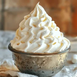 - 2 large egg whites - 1 cup granulated sugar - 1/4 cup water - 1/4 teaspoon cream of tartar - 1 teaspoon vanilla extract - A pinch of salt The ingredients for 7-Minute Marshmallow Frosting are simple yet essential. The egg whites give the frosting its light and fluffy texture. Granulated sugar sweetens the mix while also helping to create the glossy finish. Water helps to dissolve the sugar, which is key for smooth frosting. Cream of tartar stabilizes the egg whites, making it easier to whip them into peaks. Vanilla extract adds a lovely flavor, and a pinch of salt balances the sweetness. - Choosing egg whites: Use fresh eggs for the best results. Check the expiration date. Fresh egg whites whip better and hold air, creating a fluffier frosting. - Selecting granulated sugar: Opt for fine granulated sugar. It dissolves quickly, which is important for a smooth frosting. Avoid any lumps or clumps. - Importance of fresh vanilla extract: Fresh vanilla extract enhances flavor. It should smell strong and sweet. If it doesn’t, it may be past its prime. Using fresh ingredients makes a big difference in your frosting. They help you achieve the best taste and texture. For the full recipe, check the details above. You will love how easy and fun this frosting is to make! To start, grab a pot and a heatproof bowl. Fill the pot with a couple of inches of water. Heat it on the stove until it simmers gently. Place the heatproof bowl on top of the pot. Make sure the bowl doesn’t touch the water. This setup creates steam, which helps cook the frosting gently. Simmering water is key. It keeps the heat steady and prevents the egg whites from cooking too fast. This method helps you create that light, fluffy frosting we all love. Next, it’s time to mix your ingredients. In the heatproof bowl, add two large egg whites, one cup of granulated sugar, a quarter cup of water, a quarter teaspoon of cream of tartar, and a pinch of salt. Mix these together well. Make sure the sugar is fully blended in. This step is crucial because you want a smooth base for your frosting. If the sugar isn't mixed well, it may not dissolve properly later on. Now, let’s focus on whisking. Place the bowl over the pot and start whisking the mixture. Keep whisking until it feels warm and the sugar dissolves. This should take about three to four minutes. Once the mixture is warm, remove the bowl from the heat. Switch to an electric mixer on medium-high speed. Beat the mixture until stiff peaks form. This usually takes another three to four minutes. How do you know when you have stiff peaks? When you lift the whisk, the mixture should hold its shape and stand up straight. It should look glossy and smooth. Once you reach that stage, add one teaspoon of vanilla extract and mix until just combined. For the full recipe, refer to the main section to get all the details. Now you're ready to frost your favorite cakes or cupcakes! - Overheating ingredients: If you let the mixture get too hot, it can cook the egg whites. This will result in a grainy texture instead of a smooth frosting. Keep a close eye on the temperature. - Not whisking long enough: You need to whisk until stiff peaks form. If you stop too soon, your frosting will not hold its shape. Keep whisking until you see those peaks! - Testing for the right consistency: The frosting should be glossy and hold stiff peaks. You can test it by lifting the whisk. If it stands tall without drooping, you’re good to go! This means it can hold its shape on cupcakes or cakes. - Variations in flavor and texture: You can change the taste by adding different extracts. Almond or lemon can give a nice twist. You can also fold in melted chocolate for a richer flavor. - Recommended mixers and bowls: A stand mixer works best for this frosting. If you use a hand mixer, make sure it has good power. Use a large heatproof bowl to allow enough space for the mixture to expand. - Importance of kitchen thermometers: A kitchen thermometer helps you check the water temperature in the double boiler. Aim for a gentle simmer. This keeps the egg whites safe without cooking them too much. Try the full recipe for the perfect topping on your favorite desserts! {{image_2}} You can easily change up the flavor of your 7-minute marshmallow frosting. Try adding extracts like chocolate, lemon, or almond. Just a teaspoon can change everything. This makes your treats more fun and unique. You can also add food coloring for a pop of color. A few drops can brighten up your frosting. Mix in your favorite shades to match any occasion. If you have dietary needs, don't worry! You can make this frosting vegan. Use aquafaba instead of egg whites. Aquafaba is the liquid from canned chickpeas. It whips up just like egg whites. For a low-sugar option, try using a sugar substitute. Make sure it’s suitable for baking. This way, everyone can enjoy the sweet taste of 7-minute marshmallow frosting. For the full recipe, check out the details above. To keep your leftover frosting fresh, follow these steps: - Room Temperature: You can store the frosting at room temperature for a few hours. Just cover it with plastic wrap or place it in an airtight container. This keeps it from drying out. - Refrigeration Tips: For longer storage, place the frosting in the fridge. Make sure to use an airtight container. It can last up to a week in the fridge. Just remember, frosting may lose some fluffiness when cold. If you have leftover frosting, you can use it again. Here are some ideas: - How to Re-whip Frosting: When ready to use, take it out of the fridge. Let it sit at room temperature for a bit. Then, re-whip it with a mixer. This helps restore its fluffy texture. - Best Ways to Incorporate into Other Desserts: Use the frosting to top brownies, pancakes, or even ice cream. You can also fold it into whipped cream for a light dessert dip. Get creative and have fun! 7-minute marshmallow frosting can last up to 2 hours at room temperature. If you store it in the fridge, it can last for about 3 days. Be sure to keep it in a sealed container to maintain its freshness. Yes, you can use a heatproof bowl placed over a pot of simmering water. If you don't have a double boiler, a metal bowl works well too. Just make sure the bowl does not touch the water. This frosting is great for many treats. You can use it on cakes, cupcakes, and cookies. It also works well as a dip for fruits or as a filling for sandwich cookies. Yes, it is safe to eat. The heat from the double boiler cooks the egg whites. This method makes it safe from raw egg risks. Always use fresh eggs for the best results. To make the frosting stiffer, add a bit more sugar. You can also whip the mixture longer. If it’s too soft, try chilling it for a few minutes. This can help it hold its shape better. This blog post covered key ingredients, methods, tips, and variations for 7-minute marshmallow frosting. You learned to select fresh ingredients, use the double boiler, whisk to the right peaks, and avoid common mistakes. With insights on storage and dietary adaptations, you can tailor this frosting to your needs. Remember, practice makes perfect. Enjoy experimenting with flavors and remember to have fun while you create delicious desserts!
