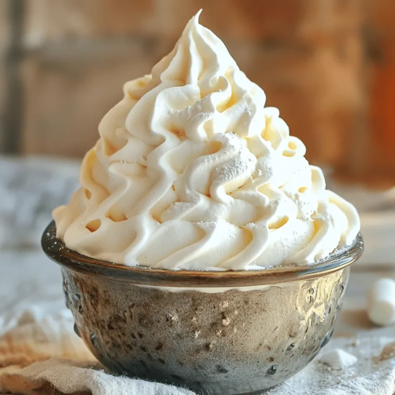 - 2 large egg whites - 1 cup granulated sugar - 1/4 cup water - 1/4 teaspoon cream of tartar - 1 teaspoon vanilla extract - A pinch of salt The ingredients for 7-Minute Marshmallow Frosting are simple yet essential. The egg whites give the frosting its light and fluffy texture. Granulated sugar sweetens the mix while also helping to create the glossy finish. Water helps to dissolve the sugar, which is key for smooth frosting. Cream of tartar stabilizes the egg whites, making it easier to whip them into peaks. Vanilla extract adds a lovely flavor, and a pinch of salt balances the sweetness. - Choosing egg whites: Use fresh eggs for the best results. Check the expiration date. Fresh egg whites whip better and hold air, creating a fluffier frosting. - Selecting granulated sugar: Opt for fine granulated sugar. It dissolves quickly, which is important for a smooth frosting. Avoid any lumps or clumps. - Importance of fresh vanilla extract: Fresh vanilla extract enhances flavor. It should smell strong and sweet. If it doesn’t, it may be past its prime. Using fresh ingredients makes a big difference in your frosting. They help you achieve the best taste and texture. For the full recipe, check the details above. You will love how easy and fun this frosting is to make! To start, grab a pot and a heatproof bowl. Fill the pot with a couple of inches of water. Heat it on the stove until it simmers gently. Place the heatproof bowl on top of the pot. Make sure the bowl doesn’t touch the water. This setup creates steam, which helps cook the frosting gently. Simmering water is key. It keeps the heat steady and prevents the egg whites from cooking too fast. This method helps you create that light, fluffy frosting we all love. Next, it’s time to mix your ingredients. In the heatproof bowl, add two large egg whites, one cup of granulated sugar, a quarter cup of water, a quarter teaspoon of cream of tartar, and a pinch of salt. Mix these together well. Make sure the sugar is fully blended in. This step is crucial because you want a smooth base for your frosting. If the sugar isn't mixed well, it may not dissolve properly later on. Now, let’s focus on whisking. Place the bowl over the pot and start whisking the mixture. Keep whisking until it feels warm and the sugar dissolves. This should take about three to four minutes. Once the mixture is warm, remove the bowl from the heat. Switch to an electric mixer on medium-high speed. Beat the mixture until stiff peaks form. This usually takes another three to four minutes. How do you know when you have stiff peaks? When you lift the whisk, the mixture should hold its shape and stand up straight. It should look glossy and smooth. Once you reach that stage, add one teaspoon of vanilla extract and mix until just combined. For the full recipe, refer to the main section to get all the details. Now you're ready to frost your favorite cakes or cupcakes! - Overheating ingredients: If you let the mixture get too hot, it can cook the egg whites. This will result in a grainy texture instead of a smooth frosting. Keep a close eye on the temperature. - Not whisking long enough: You need to whisk until stiff peaks form. If you stop too soon, your frosting will not hold its shape. Keep whisking until you see those peaks! - Testing for the right consistency: The frosting should be glossy and hold stiff peaks. You can test it by lifting the whisk. If it stands tall without drooping, you’re good to go! This means it can hold its shape on cupcakes or cakes. - Variations in flavor and texture: You can change the taste by adding different extracts. Almond or lemon can give a nice twist. You can also fold in melted chocolate for a richer flavor. - Recommended mixers and bowls: A stand mixer works best for this frosting. If you use a hand mixer, make sure it has good power. Use a large heatproof bowl to allow enough space for the mixture to expand. - Importance of kitchen thermometers: A kitchen thermometer helps you check the water temperature in the double boiler. Aim for a gentle simmer. This keeps the egg whites safe without cooking them too much. Try the full recipe for the perfect topping on your favorite desserts! {{image_2}} You can easily change up the flavor of your 7-minute marshmallow frosting. Try adding extracts like chocolate, lemon, or almond. Just a teaspoon can change everything. This makes your treats more fun and unique. You can also add food coloring for a pop of color. A few drops can brighten up your frosting. Mix in your favorite shades to match any occasion. If you have dietary needs, don't worry! You can make this frosting vegan. Use aquafaba instead of egg whites. Aquafaba is the liquid from canned chickpeas. It whips up just like egg whites. For a low-sugar option, try using a sugar substitute. Make sure it’s suitable for baking. This way, everyone can enjoy the sweet taste of 7-minute marshmallow frosting. For the full recipe, check out the details above. To keep your leftover frosting fresh, follow these steps: - Room Temperature: You can store the frosting at room temperature for a few hours. Just cover it with plastic wrap or place it in an airtight container. This keeps it from drying out. - Refrigeration Tips: For longer storage, place the frosting in the fridge. Make sure to use an airtight container. It can last up to a week in the fridge. Just remember, frosting may lose some fluffiness when cold. If you have leftover frosting, you can use it again. Here are some ideas: - How to Re-whip Frosting: When ready to use, take it out of the fridge. Let it sit at room temperature for a bit. Then, re-whip it with a mixer. This helps restore its fluffy texture. - Best Ways to Incorporate into Other Desserts: Use the frosting to top brownies, pancakes, or even ice cream. You can also fold it into whipped cream for a light dessert dip. Get creative and have fun! 7-minute marshmallow frosting can last up to 2 hours at room temperature. If you store it in the fridge, it can last for about 3 days. Be sure to keep it in a sealed container to maintain its freshness. Yes, you can use a heatproof bowl placed over a pot of simmering water. If you don't have a double boiler, a metal bowl works well too. Just make sure the bowl does not touch the water. This frosting is great for many treats. You can use it on cakes, cupcakes, and cookies. It also works well as a dip for fruits or as a filling for sandwich cookies. Yes, it is safe to eat. The heat from the double boiler cooks the egg whites. This method makes it safe from raw egg risks. Always use fresh eggs for the best results. To make the frosting stiffer, add a bit more sugar. You can also whip the mixture longer. If it’s too soft, try chilling it for a few minutes. This can help it hold its shape better. This blog post covered key ingredients, methods, tips, and variations for 7-minute marshmallow frosting. You learned to select fresh ingredients, use the double boiler, whisk to the right peaks, and avoid common mistakes. With insights on storage and dietary adaptations, you can tailor this frosting to your needs. Remember, practice makes perfect. Enjoy experimenting with flavors and remember to have fun while you create delicious desserts!