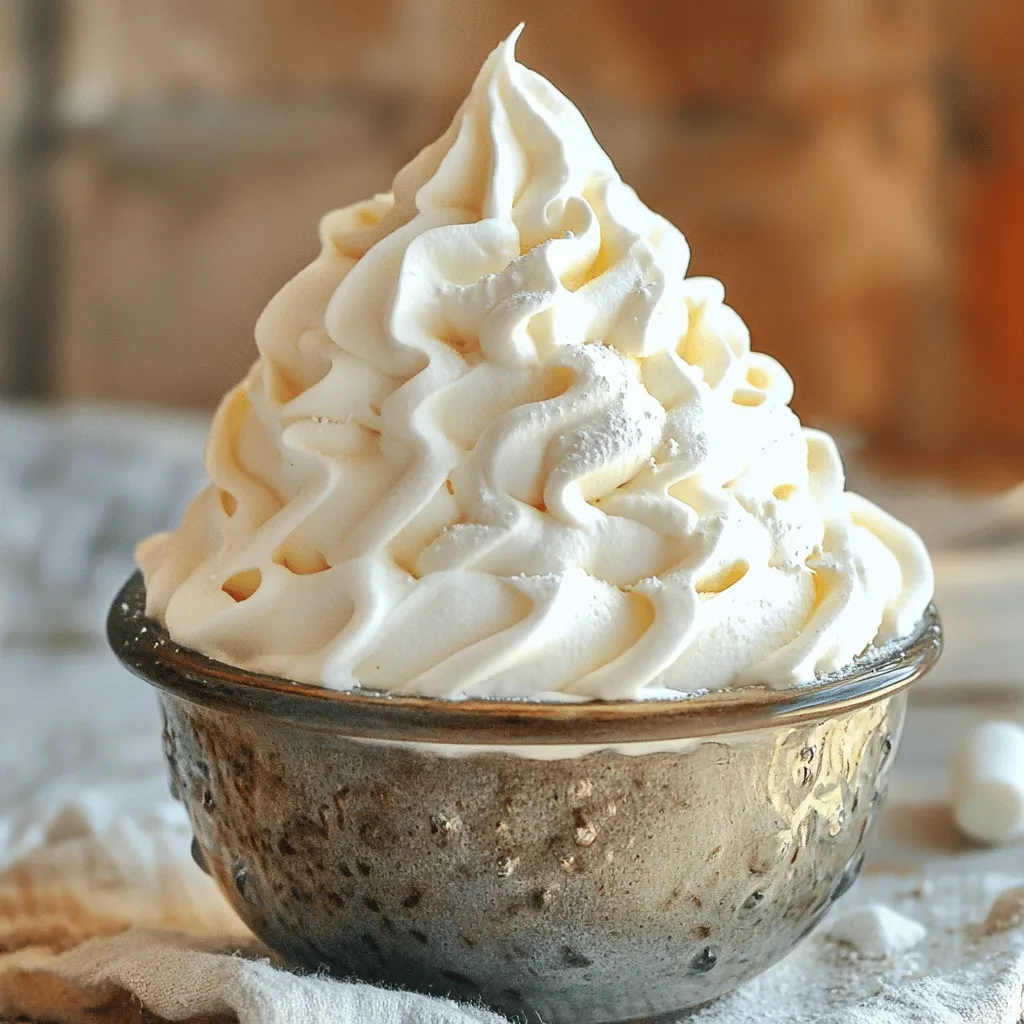 - 2 large egg whites - 1 cup granulated sugar - 1/4 cup water - 1/4 teaspoon cream of tartar - 1 teaspoon vanilla extract - A pinch of salt The ingredients for 7-Minute Marshmallow Frosting are simple yet essential. The egg whites give the frosting its light and fluffy texture. Granulated sugar sweetens the mix while also helping to create the glossy finish. Water helps to dissolve the sugar, which is key for smooth frosting. Cream of tartar stabilizes the egg whites, making it easier to whip them into peaks. Vanilla extract adds a lovely flavor, and a pinch of salt balances the sweetness. - Choosing egg whites: Use fresh eggs for the best results. Check the expiration date. Fresh egg whites whip better and hold air, creating a fluffier frosting. - Selecting granulated sugar: Opt for fine granulated sugar. It dissolves quickly, which is important for a smooth frosting. Avoid any lumps or clumps. - Importance of fresh vanilla extract: Fresh vanilla extract enhances flavor. It should smell strong and sweet. If it doesn’t, it may be past its prime. Using fresh ingredients makes a big difference in your frosting. They help you achieve the best taste and texture. For the full recipe, check the details above. You will love how easy and fun this frosting is to make! To start, grab a pot and a heatproof bowl. Fill the pot with a couple of inches of water. Heat it on the stove until it simmers gently. Place the heatproof bowl on top of the pot. Make sure the bowl doesn’t touch the water. This setup creates steam, which helps cook the frosting gently. Simmering water is key. It keeps the heat steady and prevents the egg whites from cooking too fast. This method helps you create that light, fluffy frosting we all love. Next, it’s time to mix your ingredients. In the heatproof bowl, add two large egg whites, one cup of granulated sugar, a quarter cup of water, a quarter teaspoon of cream of tartar, and a pinch of salt. Mix these together well. Make sure the sugar is fully blended in. This step is crucial because you want a smooth base for your frosting. If the sugar isn't mixed well, it may not dissolve properly later on. Now, let’s focus on whisking. Place the bowl over the pot and start whisking the mixture. Keep whisking until it feels warm and the sugar dissolves. This should take about three to four minutes. Once the mixture is warm, remove the bowl from the heat. Switch to an electric mixer on medium-high speed. Beat the mixture until stiff peaks form. This usually takes another three to four minutes. How do you know when you have stiff peaks? When you lift the whisk, the mixture should hold its shape and stand up straight. It should look glossy and smooth. Once you reach that stage, add one teaspoon of vanilla extract and mix until just combined. For the full recipe, refer to the main section to get all the details. Now you're ready to frost your favorite cakes or cupcakes! - Overheating ingredients: If you let the mixture get too hot, it can cook the egg whites. This will result in a grainy texture instead of a smooth frosting. Keep a close eye on the temperature. - Not whisking long enough: You need to whisk until stiff peaks form. If you stop too soon, your frosting will not hold its shape. Keep whisking until you see those peaks! - Testing for the right consistency: The frosting should be glossy and hold stiff peaks. You can test it by lifting the whisk. If it stands tall without drooping, you’re good to go! This means it can hold its shape on cupcakes or cakes. - Variations in flavor and texture: You can change the taste by adding different extracts. Almond or lemon can give a nice twist. You can also fold in melted chocolate for a richer flavor. - Recommended mixers and bowls: A stand mixer works best for this frosting. If you use a hand mixer, make sure it has good power. Use a large heatproof bowl to allow enough space for the mixture to expand. - Importance of kitchen thermometers: A kitchen thermometer helps you check the water temperature in the double boiler. Aim for a gentle simmer. This keeps the egg whites safe without cooking them too much. Try the full recipe for the perfect topping on your favorite desserts! {{image_2}} You can easily change up the flavor of your 7-minute marshmallow frosting. Try adding extracts like chocolate, lemon, or almond. Just a teaspoon can change everything. This makes your treats more fun and unique. You can also add food coloring for a pop of color. A few drops can brighten up your frosting. Mix in your favorite shades to match any occasion. If you have dietary needs, don't worry! You can make this frosting vegan. Use aquafaba instead of egg whites. Aquafaba is the liquid from canned chickpeas. It whips up just like egg whites. For a low-sugar option, try using a sugar substitute. Make sure it’s suitable for baking. This way, everyone can enjoy the sweet taste of 7-minute marshmallow frosting. For the full recipe, check out the details above. To keep your leftover frosting fresh, follow these steps: - Room Temperature: You can store the frosting at room temperature for a few hours. Just cover it with plastic wrap or place it in an airtight container. This keeps it from drying out. - Refrigeration Tips: For longer storage, place the frosting in the fridge. Make sure to use an airtight container. It can last up to a week in the fridge. Just remember, frosting may lose some fluffiness when cold. If you have leftover frosting, you can use it again. Here are some ideas: - How to Re-whip Frosting: When ready to use, take it out of the fridge. Let it sit at room temperature for a bit. Then, re-whip it with a mixer. This helps restore its fluffy texture. - Best Ways to Incorporate into Other Desserts: Use the frosting to top brownies, pancakes, or even ice cream. You can also fold it into whipped cream for a light dessert dip. Get creative and have fun! 7-minute marshmallow frosting can last up to 2 hours at room temperature. If you store it in the fridge, it can last for about 3 days. Be sure to keep it in a sealed container to maintain its freshness. Yes, you can use a heatproof bowl placed over a pot of simmering water. If you don't have a double boiler, a metal bowl works well too. Just make sure the bowl does not touch the water. This frosting is great for many treats. You can use it on cakes, cupcakes, and cookies. It also works well as a dip for fruits or as a filling for sandwich cookies. Yes, it is safe to eat. The heat from the double boiler cooks the egg whites. This method makes it safe from raw egg risks. Always use fresh eggs for the best results. To make the frosting stiffer, add a bit more sugar. You can also whip the mixture longer. If it’s too soft, try chilling it for a few minutes. This can help it hold its shape better. This blog post covered key ingredients, methods, tips, and variations for 7-minute marshmallow frosting. You learned to select fresh ingredients, use the double boiler, whisk to the right peaks, and avoid common mistakes. With insights on storage and dietary adaptations, you can tailor this frosting to your needs. Remember, practice makes perfect. Enjoy experimenting with flavors and remember to have fun while you create delicious desserts!