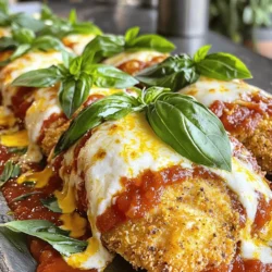 To make oven-baked chicken parmesan, you need the following main ingredients: - 4 boneless, skinless chicken breasts - 1 cup breadcrumbs (preferably Italian-seasoned) - ½ cup grated Parmesan cheese - 1 teaspoon garlic powder - 1 teaspoon Italian seasoning - 2 large eggs - 1 cup marinara sauce - 1½ cups shredded mozzarella cheese - Fresh basil leaves for garnish - Salt and pepper to taste - Olive oil spray These ingredients create a delicious dish with great flavor. The chicken breasts will become tender and juicy while the breadcrumbs form a crispy coating. The combination of Parmesan and mozzarella adds a rich, cheesy taste. While the main dish shines on its own, a few garnishes and sides can elevate your meal. Here are some ideas: - Fresh basil leaves for a pop of color - Extra marinara sauce drizzled on top - A side of spaghetti or fettuccine - A simple green salad with vinaigrette These options add freshness and balance to your plate. A salad brings a nice crunch, while pasta soaks up the sauce. Seasonings can turn a good dish into a great one. Here are key seasonings for this recipe: - Garlic powder adds a savory note - Italian seasoning gives an herby taste - Salt and pepper enhance all flavors Using these seasonings makes the chicken flavorful and aromatic. You can also add a pinch of red pepper flakes for heat if you like. Each seasoning plays a role in making your oven-baked chicken parmesan taste amazing. For the full recipe, refer to the earlier sections. To make Oven-Baked Chicken Parmesan, start by prepping your chicken. First, preheat your oven to 400°F (200°C). Line a baking sheet with parchment paper or foil. This makes cleanup easy. Next, gather your ingredients. You need 4 boneless, skinless chicken breasts, 1 cup of breadcrumbs, and ½ cup of grated Parmesan cheese. Add in 1 teaspoon of garlic powder and 1 teaspoon of Italian seasoning. Don’t forget salt and pepper to taste. In a shallow bowl, mix the breadcrumbs, Parmesan, garlic powder, Italian seasoning, salt, and pepper. In another bowl, beat 2 large eggs until they are well mixed. Take each chicken breast and dip it in the egg mixture. Let any extra egg drip off. Then, coat it in the breadcrumb mix. Press the breadcrumbs onto the chicken so they stick well. Once your chicken is well coated, place the pieces on the prepared baking sheet. Lightly spray the tops with olive oil. This helps the chicken get that nice crispiness. Now, bake the chicken in the oven for about 25-30 minutes. Keep an eye on the chicken. You want it to reach an internal temperature of 165°F (75°C). The coating should turn golden brown. After baking, take the chicken out of the oven. Now it’s time to add the sauce and cheese. Spoon marinara sauce evenly over each piece of chicken. Use about 1 cup of marinara sauce. After that, sprinkle 1½ cups of shredded mozzarella cheese on top. Return the chicken to the oven for another 5-7 minutes. You want the cheese to melt and bubble. Once it looks good, take it out, and let it rest for a couple of minutes. Garnish with fresh basil leaves. This adds a nice touch to your dish. For the full recipe, check out the complete list of steps and ingredients. Enjoy your flavorful Oven-Baked Chicken Parmesan! To get that perfect crunchy texture, use Italian-seasoned breadcrumbs. They add flavor! Make sure to press the breadcrumbs onto the chicken. This helps them stick better while baking. A light spray of olive oil on top will also help create a golden crust. Don't skip this step! Set your oven to 400°F (200°C). This temperature is just right for baking chicken. Bake the chicken for 25-30 minutes. You want it to reach an internal temperature of 165°F (75°C). Use a meat thermometer for accuracy. The chicken should look golden brown when done. Serve your Oven-Baked Chicken Parmesan on a big platter. Drizzle extra marinara sauce on top. Add fresh basil leaves for a nice touch. Pair it with a side of spaghetti or a green salad. This combo makes a filling and balanced meal. Want the full recipe? Check out the Full Recipe for more details! {{image_2}} If you're looking for gluten-free options, you can swap out traditional breadcrumbs. Use gluten-free breadcrumbs made from rice or nuts. You can even crush gluten-free crackers or oats. These options still give great crunch and flavor. Make sure to check labels for any hidden gluten. If you want to cut down on calories, try using less cheese or a lighter marinara sauce. You can switch up the sauce and cheese to create new flavors. Instead of marinara, try pesto or a creamy Alfredo sauce. Each sauce adds a different taste to the dish. For cheese, experiment with provolone, gouda, or even feta. Each cheese brings its own unique flavor and texture. Mixing cheeses can also give a fun twist! For a vegetarian version, replace chicken with eggplant or zucchini. Slice them thick, and coat them just like the chicken. You can bake them until golden and soft. Another option is using portobello mushrooms. They have a meaty texture and soak up flavors well. With the right sauce and cheese, you get a dish that's just as tasty. For recipes, check the Full Recipe link for more details! After enjoying your Oven-Baked Chicken Parmesan, store leftovers in an airtight container. Make sure the chicken has cooled down before sealing. This keeps moisture in and prevents your dish from drying out. You can store it in the fridge for up to three days. If you want to keep it longer, freezing is the best option. To reheat your chicken, preheat the oven to 350°F (175°C). Place the chicken on a baking sheet. Cover it with foil to keep it from drying out. Heat for about 15-20 minutes, or until warmed through. You can also microwave it, but this may make the coating less crispy. If you choose to microwave, heat it in short bursts, checking often. If you want to freeze your chicken, wrap each piece tightly in plastic wrap. Then, place them in a freezer-safe bag. They can last up to three months in the freezer. When you're ready to eat, thaw them in the fridge overnight. After thawing, reheat in the oven for the best texture. Enjoy your delicious meal anytime! For the complete recipe, check out the Full Recipe. To make Oven-Baked Chicken Parmesan less greasy, use a light hand with oil. Instead of soaking the chicken, spray just enough olive oil on top. Opt for whole-grain breadcrumbs. They absorb less oil than regular ones. Baking the chicken on a wire rack allows excess oil to drip off. This keeps the chicken crispy and tasty without being too oily. Yes, you can use chicken thighs instead of breasts. Thighs stay juicy and tender during cooking. They have a richer flavor, which some people prefer. Just make sure to adjust the cooking time. Thighs may take a few extra minutes to cook through. Always check that the internal temperature reaches 165°F (75°C) for safety. Oven-Baked Chicken Parmesan goes well with many sides. Here are a few great options: - Spaghetti with marinara sauce - Garlic bread for a crunchy bite - A fresh green salad with vinaigrette - Roasted vegetables like broccoli or zucchini - Creamy mashed potatoes for comfort These sides balance the flavors and add variety to your meal. For the complete recipe, check the Full Recipe section. To make Oven-Baked Chicken Parmesan, we covered key ingredients, cooking steps, and tips for success. You learned about healthy options and fun variations. Storing leftovers and reheating correctly keeps the meal enjoyable. In conclusion, this dish is simple and satisfying. With a few tweaks, you can make it your own. Enjoy experimenting with flavors and sides for a tasty family meal. Happy cooking!