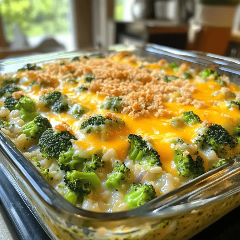 - 1 cup uncooked rice (white or brown) - 2 cups broccoli florets (fresh or frozen) - 2 cups cheddar cheese, shredded - 1 can (10.5 oz) cream of mushroom soup (or homemade equivalent) - 1 cup milk - 1/2 cup onion, finely chopped - 1/2 cup bell pepper, finely chopped (any color) - 1 teaspoon garlic powder - 1 teaspoon onion powder - Salt and pepper to taste - 1/2 cup breadcrumbs (optional for topping) - 2 tablespoons olive oil For those with dietary needs, you can make this dish gluten-free. Use gluten-free rice and find a gluten-free cream soup. I recommend brands like Pacific Foods for a great soup option. If you want a healthier twist, try brown rice instead of white. It adds a nice nutty flavor and holds up well in the casserole. For the cheese, I suggest using a good quality cheddar. Brands like Tillamook or Cabot provide rich taste and melt well. You can also mix in some mozzarella for extra creaminess. If you're looking for a dairy-free option, try using cashew cream and a dairy-free cheese. This mix of ingredients makes the casserole creamy and full of flavor. It’s a comfort food that feels special while being simple to prepare. You can find the full recipe [here]. To start, cook the rice as the package says. You can use white or brown rice. This part is simple. While the rice cooks, chop the onion and bell pepper. Heat olive oil in a large skillet over medium heat. Add the onion and bell pepper, and cook them until soft, which takes about five minutes. Next, toss in the broccoli florets. Cook them for three to four minutes until they’re bright green and tender. Once everything is cooked, grab a large mixing bowl. Combine the rice, sautéed veggies, cream of mushroom soup, milk, garlic powder, onion powder, and half of the shredded cheddar cheese. Mix all the ingredients well. Don’t forget to add salt and pepper to taste. This mixture should be creamy and packed with flavor. Now, preheat your oven to 350°F (175°C). Grease a 9x13 inch baking dish with cooking spray or oil. Pour your rice mixture into the baking dish, spreading it out evenly. Sprinkle the remaining cheddar cheese on top. If you like a crunchy topping, add breadcrumbs now. Bake the casserole in the preheated oven for 25 to 30 minutes. You want the cheese to be bubbly and golden brown. When done, remove it from the oven and let it sit for five to ten minutes before serving. This allows it to set and makes it easier to serve. Enjoy your cheesy broccoli rice casserole! You can find the full recipe [Full Recipe]. To make your cheesy broccoli rice casserole shine, start with the rice. Use a rice cooker for perfectly cooked rice. If you don’t have one, follow package instructions closely. Rinse the rice before cooking to remove extra starch. This helps keep the rice fluffy. Next, let’s talk about the broccoli. If you use fresh broccoli, steam it just until bright green. For frozen broccoli, thaw and drain well. This keeps the casserole from getting watery. For the cheese melt, shred your cheese instead of using pre-shredded. Pre-shredded cheese has anti-caking agents that prevent it from melting smoothly. You want that gooey, stretchy cheese in every bite. One common mistake is overcooking the broccoli. It should be tender, but still crisp. If you cook it too long, it can get mushy in the casserole. Another mistake is not mixing well. Make sure all the ingredients are evenly combined. This ensures each spoonful is packed with flavor. To avoid a soggy casserole, do not skip draining excess liquid from the vegetables. Also, don’t cover the casserole while baking. This allows steam to escape and keeps your topping crispy. For the best results, follow these tips and tricks. You’ll end up with a creamy and flavorful dish that everyone will love! For the full recipe, check out the [Full Recipe]. {{image_2}} You can mix things up with different veggies in your casserole. Try adding peas, carrots, or corn. These add color and flavor. You can also swap the broccoli for cauliflower if you prefer. For cheese, cheddar is a classic, but you can use mozzarella or gouda too. Each cheese gives a unique taste. If you want a twist, add some cream cheese for extra creaminess. Instead of cream of mushroom soup, try cream of chicken or a homemade cream sauce. These choices can change the whole dish. If you need a gluten-free option, use gluten-free rice and a gluten-free cream soup. This way, everyone can enjoy it. For a vegan version, replace the cheese with a plant-based cheese and use coconut milk instead of regular milk. You can also skip the cream soup or make a vegan one. If you're watching carbs, use cauliflower rice instead of regular rice. This swap cuts down on carbs and keeps it tasty. These variations let you enjoy the dish while sticking to your diet. To keep your cheesy broccoli rice casserole fresh, follow these easy steps. First, let the casserole cool completely after baking. This helps prevent condensation in your storage container. Transfer the cooled casserole to an airtight container. You can refrigerate it for up to four days. For longer storage, freeze the casserole. Wrap it tightly in plastic wrap and then in aluminum foil. This will protect it from freezer burn. When stored properly, your casserole can last for about three months in the freezer. When you want to enjoy your leftover casserole, reheating is key. Preheat your oven to 350°F (175°C). Place the casserole in a baking dish. Cover it with foil to keep moisture in. Heat for about 20 to 25 minutes or until it is hot. If you prefer the microwave, place a portion on a microwave-safe plate. Heat it in short bursts of 1 minute, stirring in between. To keep the casserole moist, add a splash of milk before reheating. This will help restore creaminess and keep it delicious. What can I serve with cheesy broccoli rice casserole? You can serve this casserole with a simple salad or garlic bread. Both pair well with its creamy flavor. You might also enjoy it with grilled chicken or fish for a complete meal. The casserole is rich and filling, so lighter sides work best. Can I make this recipe ahead of time? Absolutely! You can prepare the casserole a day before. Just cover it and store it in the fridge. When you are ready, bake it straight from the fridge. It may need a few extra minutes in the oven. How do I know the casserole is done? The casserole is done when the cheese is bubbly and golden brown. A knife inserted in the center should come out hot. If you see steam rising, it’s ready to enjoy! Can I use leftover rice for this recipe? Yes, leftover rice works great! It saves time and adds extra flavor. Just make sure to break up any clumps before mixing it in. This will help it combine well with the other ingredients. For the full recipe, check the detailed steps listed above. You learned how to make a delicious cheesy broccoli rice casserole. We covered the best ingredients, step-by-step instructions, and tips for perfect results. You now know how to store leftovers and avoid common mistakes. This dish is easy to modify for different diets. Remember, adding your twist can make it special. Enjoy your cooking, and share this tasty recipe with others who love comfort food!