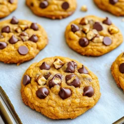 - 1 cup pumpkin puree - 1/2 cup unsalted butter, softened - 1 cup brown sugar, packed - 1/2 cup granulated sugar - 1 large egg - 2 teaspoons vanilla extract - 2 cups all-purpose flour - 1 teaspoon baking soda - 1 teaspoon ground cinnamon - 1/2 teaspoon ground nutmeg - 1/4 teaspoon ground ginger - 1/2 teaspoon salt - 1 cup semi-sweet chocolate chips - 1/2 cup chopped walnuts (optional) To make great pumpkin chocolate chip cookies, you need the right ingredients. First, pumpkin puree gives the cookies a soft texture and great flavor. You can use canned pumpkin or make your own. Next, unsalted butter adds richness. It should be soft so it mixes well. Brown sugar brings a deep sweetness, while granulated sugar adds a light touch. The egg helps bind everything together. Vanilla extract gives a warm, sweet note. All-purpose flour is the base of the dough. Baking soda helps the cookies rise. Spices like cinnamon, nutmeg, and ginger add warmth and depth. Salt balances the sweetness. Finally, semi-sweet chocolate chips are the star. They melt slightly during baking. If you like, add chopped walnuts for crunch. This mix of ingredients makes each cookie a treat. - Pumpkin puree alternatives: You can use applesauce or mashed bananas in a pinch. They will change the flavor but keep the moisture. - Butter substitutes for a healthier option: Coconut oil or a plant-based butter can work well. These options keep the cookies soft. - Sugar alternatives and their effects: You can use coconut sugar or honey. These will alter the taste and texture slightly. Adjust the amounts if needed. For a full recipe, refer to the Pumpkin Chocolate Chip Cookies section above. First, preheat your oven to 350°F (175°C). This step helps the cookies bake evenly. While the oven heats, prepare your baking sheet. Line it with parchment paper. This keeps the cookies from sticking and makes cleanup easy. Now, let’s mix the ingredients. In a large bowl, cream together the softened butter, brown sugar, and granulated sugar. Mix until it turns smooth and fluffy. Next, add in the pumpkin puree, egg, and vanilla extract. Blend these wet ingredients until they are well combined. In a separate bowl, measure and mix your dry ingredients. Whisk together the flour, baking soda, cinnamon, nutmeg, ginger, and salt. This helps evenly distribute the baking soda and spices. Once mixed, gradually add the dry ingredients to the wet mixture. Stir gently until just combined. Be careful not to overmix. Now, it’s time to scoop the cookies. Use a tablespoon to scoop portions of the dough. Place them on the prepared baking sheet, leaving space between each scoop. This allows the cookies to spread while baking. Bake them in the preheated oven for 12-15 minutes. Look for edges that are set and tops that are lightly golden. Let the cookies cool on the baking sheet for 5 minutes before moving them to a wire rack. This helps them firm up. For the full recipe, check the earlier section on ingredients. To get soft and chewy cookies, use room-temperature butter. It helps mix well with sugars. Cream the butter and sugars until fluffy. This adds air, making cookies light. Avoid over-mixing after adding flour. Stop mixing when you see no dry flour. To stop your dough from spreading too much, chill it for at least 30 minutes. This firms up the butter. It helps the cookies keep their shape while baking. Also, scoop dough onto the sheet with space in between. This allows them to expand without merging. For even baking, rotate your baking sheet halfway through. This ensures all cookies bake at the same rate. Use parchment paper to prevent sticking and for easy removal. If you use a convection oven, lower the temperature by 25°F. Convection ovens cook faster due to better air circulation. If you use a traditional oven, keep an eye on your cookies. Bake until the edges are set and the tops look slightly golden. Adding spices can bring more depth to your cookies. Try adding a pinch of allspice or cloves. These spices blend well with pumpkin. If you want to add nuts or seeds, walnuts are a great choice. They add crunch and a nutty taste. You can also use pecans or sunflower seeds for extra flavor. For a twist, consider adding a splash of maple syrup. This enhances the sweetness and gives a warm flavor. For the full recipe, check the earlier section. {{image_2}} To make gluten-free cookies, you can use a blend of gluten-free flours. For this recipe, I suggest using a mix of almond flour and coconut flour. Use 1 cup of almond flour and 1 cup of coconut flour. Combine these with the same amount of pumpkin puree and other ingredients. You may need to add an extra egg for binding. This will help keep your cookies soft. If you want to go vegan, swap the egg with a flax egg. To make a flax egg, mix 1 tablespoon of ground flaxseed with 3 tablespoons of water. Let it sit for 5 minutes until it thickens. Replace the butter with coconut oil or vegan butter. Both options will keep the cookies soft and tasty. You can change the flavor by using different types of chocolate chips. Try dark chocolate or white chocolate chips for a fun twist. You can also add dried fruit like raisins or cranberries for extra sweetness. Chopped nuts, such as pecans or macadamia nuts, can give your cookies a nice crunch. These options will make your pumpkin chocolate chip cookies even more delightful. For the complete process, check the Full Recipe. To keep your cookies fresh, use an airtight container. I prefer glass or plastic containers with tight lids. If you have a lot of cookies, stack them with parchment paper in between. This way, they won’t stick together. Store the container in a cool, dry place. Avoid heat and direct sunlight, as they can make cookies stale. You can freeze both dough and baked cookies. For dough, scoop it into balls and place them on a baking sheet. Freeze the balls until firm, then transfer them to a freezer bag. Seal it tightly and label it. To freeze baked cookies, let them cool completely, then stack them in an airtight container. When you’re ready to bake, you can bake from frozen. Just add a few extra minutes to the baking time. Cookies can last about one week at room temperature. If stored properly, they can stay fresh for two to three months in the freezer. Watch for signs of spoilage, like a change in smell or texture. If they become hard or dry, it’s time to toss them out. Enjoy these pumpkin chocolate chip cookies for as long as you can! For the full recipe, check out the [Full Recipe]. Can I make these cookies without pumpkin? Yes, you can. Use applesauce or mashed bananas as a substitute. These will give a similar moist texture. However, you will miss the unique flavor of pumpkin. How do I know when my cookies are done baking? Check the edges of the cookies. They should be set and lightly golden. The centers may look soft, but they will firm up as they cool. Can I use a different type of chocolate? Absolutely! You can try dark chocolate or milk chocolate chips. Each will change the taste a bit, so choose what you love. Caloric information per cookie Each cookie has about 100 calories. This can vary based on the size of the cookie and any added ingredients. Breakdown of key ingredients - Pumpkin puree adds moisture and fiber. - Butter provides richness and flavor. - Sugars give sweetness and texture. - Chocolate chips add a delicious touch of sweetness. Engaging children in the baking process Let kids measure ingredients and mix the dough. They can help scoop the cookies too. This makes baking fun and teaches them kitchen skills. Safety tips in the kitchen Always supervise kids when using the oven or sharp tools. Teach them to wash their hands before cooking. Make sure they keep the area clean and tidy. In this post, we explored making delicious pumpkin chocolate chip cookies. We covered each ingredient, including substitutes for healthier options. You learned step-by-step instructions for mixing and baking. We shared tips to perfect texture and flavor, along with fun variations like gluten-free and vegan options. Enjoy your baking journey with these fun cookies. They'll be a hit, whether you share or keep them all to yourself!