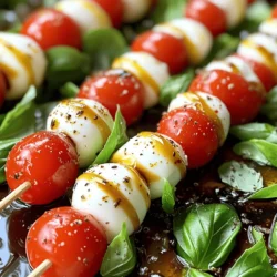 - Cherry tomatoes - Fresh mozzarella balls - Fresh basil leaves These three ingredients form the heart of your Caprese salad skewers. Cherry tomatoes bring sweetness. Fresh mozzarella balls add a creamy texture. Fresh basil leaves give a burst of herbal flavor. Each bite should taste fresh and vibrant. - Balsamic glaze - Olive oil - Salt and pepper These extra ingredients elevate your skewers. Balsamic glaze adds a sweet and tangy touch. Olive oil enhances the flavors and adds richness. A sprinkle of salt and pepper balances everything out. Together, they create a perfect dressing for your skewers. - Skewers - Mixing bowl You need skewers to hold everything together. I like to use 8-inch ones for appetizers. A mixing bowl is key for whisking your dressing. Simple tools make this dish easy and fun to prepare. For the full recipe, check out the Caprese Salad Skewers section above. Start by rinsing and drying the cherry tomatoes. Use cool water and a clean towel to dry them well. Next, do the same with the fresh basil leaves. Drying is key to keeping the flavors bright. When you gather your skewers, choose the right size. I prefer 8-inch skewers for easy handling. Lay them out on a clean surface. This will help you assemble the skewers quickly. Now, let’s get to the fun part! Take a skewer and thread on one cherry tomato first. Then, add a fresh basil leaf. After that, slide on a mozzarella ball. Repeat this pattern. Aim for about three to four sets of tomato, basil, and mozzarella on each skewer. Leave some space at the ends. This makes it easier to grab and eat. To make the olive oil dressing, grab a small bowl. Whisk together two tablespoons of olive oil, a pinch of salt, and some cracked black pepper. Mix it well until it looks nice and smooth. Once your skewers are ready, drizzle the olive oil mixture over them. Make sure each skewer gets a good coat. This adds flavor and richness. Finish by drizzling balsamic glaze over the skewers. The sweet and tangy flavor of the glaze pairs perfectly. Serve the skewers chilled or at room temperature. They make a great appetizer or side dish. For the full recipe, check out the details above. Enjoy! To make your Caprese salad skewers shine, focus on great flavors. Start by using fresh and ripe cherry tomatoes. They should be sweet and juicy. Pair them with high-quality mozzarella balls. Look for fresh mozzarella, like bocconcini. It has a creamy texture that makes a big difference. Next, season with salt and freshly cracked black pepper. These simple seasonings enhance all the flavors. A drizzle of olive oil adds richness. I often mix it with a touch of balsamic glaze for a sweet tang. This combination makes each bite delightful. When it comes to serving, presentation matters. You can use colorful platters or bamboo boards. Arrange the skewers in a fan shape for a fun look. Layering is key! Start with a tomato, follow with basil, and then mozzarella. Repeat this pattern until the skewer is full. You can also use decorative toothpicks for smaller portions. This makes them perfect for parties or picnics. Add a sprinkle of chopped basil on top for extra color. Caprese salad skewers are great for many occasions. They work well as a light appetizer at dinner parties. Pair them with a chilled white wine or sparkling water. The light flavors of the skewers complement these drinks perfectly. You can also serve them alongside grilled meats or pasta dishes. They add a fresh touch to any meal. For a gathering, place them on a buffet table. Guests will love grabbing these tasty bites. For the full recipe, check out the details above and get started on your Caprese salad skewers! {{image_2}} You can switch mozzarella with other cheeses. Try feta or goat cheese for a different taste. If you prefer, look for vegan cheese options. These choices can keep the dish fresh and exciting. For herbs, basil is classic, but you can use mint or oregano instead. Each herb brings its unique flavor. Experiment with what you have on hand or what you love. Adding fruit can make your skewers shine. Slice avocado or add melon balls for a sweet twist. These fruits pair well with the cheese and tomatoes. Grilled vegetables also work great. Try zucchini, bell peppers, or mushrooms. Grilling brings out their natural sweetness and adds depth to your skewers. Make Mediterranean skewers by adding olives or artichokes. These ingredients bring a briny taste that complements the fresh flavors. For seasonal variations, use ingredients that reflect the time of year. In summer, fresh peaches or strawberries can add a lovely sweetness. In fall, consider roasted butternut squash for warmth and comfort. For the full recipe, check [Full Recipe]. To keep your Caprese salad skewers fresh, store them in the fridge. Place them in an airtight container. This will help maintain their taste and texture. They stay good for about 2-3 days. Make sure not to crowd the skewers, as this can cause them to bruise. If you have extra skewers, you can freeze them. First, take off the basil leaves and drizzle. Lay the skewers flat in a single layer on a baking sheet. Once they are frozen, you can stack them in a freezer bag. They will keep for about 2-3 months. To reheat, thaw them in the fridge overnight. After thawing, drizzle the dressing and balsamic glaze before serving. To keep your skewers fresh before serving, cover them with plastic wrap. This prevents them from drying out. If you want to prepare them ahead of time, you can assemble them a few hours before your event. Just wait to drizzle the dressing and balsamic glaze until you are ready to serve. This way, they stay vibrant and tasty. For Caprese Salad Skewers, bocconcini mozzarella is the best choice. Bocconcini are small, round balls of fresh mozzarella. They are creamy and soft, making them perfect for skewers. You can also use larger mozzarella balls, but they require more cutting. Fresh mozzarella offers the best flavor, but you can use packaged mozzarella if fresh is not available. Packaged mozzarella often lacks the same taste and texture, so opt for fresh when you can. Yes, you can make Caprese Salad Skewers ahead of time. I recommend prepping them no more than four hours before serving. This keeps the ingredients fresh and tasty. Store pre-assembled skewers in the fridge. Use an airtight container to maintain their quality. Just remember to drizzle the balsamic glaze right before serving for the best flavor. To enhance flavor, consider adding a sprinkle of Italian seasoning or fresh cracked pepper. A pinch of sea salt also brings out the taste of the tomatoes and mozzarella. You can balance flavors by drizzling a bit of olive oil before serving. A splash of lemon juice gives a bright touch too. Experiment with flavors to find your perfect mix! Caprese salad skewers are easy and fun to make. We covered key ingredients like cherry tomatoes, fresh mozzarella, and basil. I shared tips for assembling and dressing, which elevate the flavors. Don’t forget the best practices for storing and serving. Experiment with variations to keep it fresh and tasty. Remember, use high-quality ingredients for the best results. Enjoy these skewers at your next gathering or snack on them anytime!