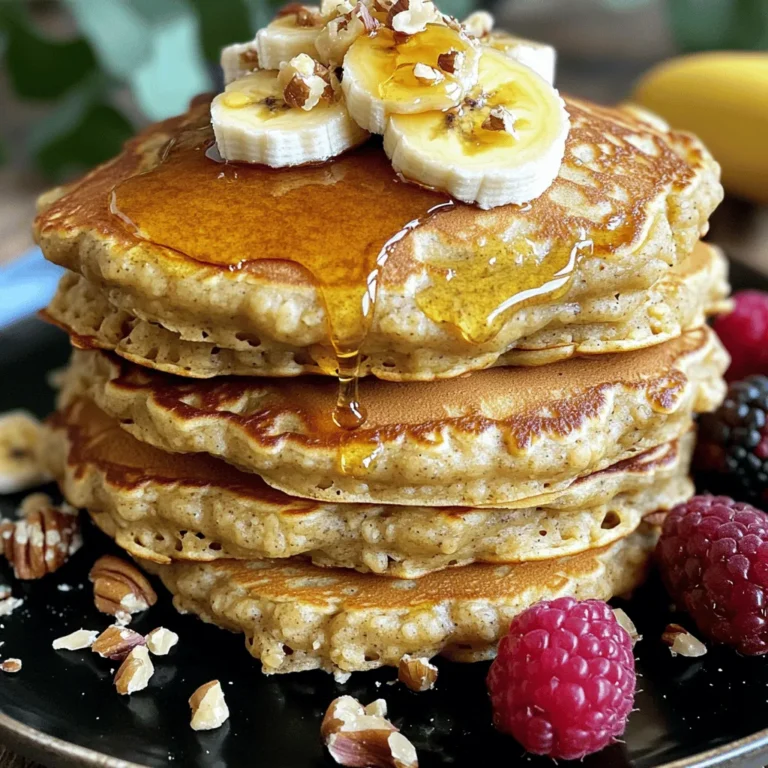 - 1 cup rolled oats - 1 ripe banana, mashed - 1 cup milk (dairy or plant-based) The main ingredients for these pancakes create a great base. Rolled oats give the pancakes a nice texture. They also add fiber, making them healthy and filling. The ripe banana adds natural sweetness and moisture. It helps bind everything together. Milk makes the batter smooth and creamy. You can choose any milk you like, whether it's almond, soy, or cow's milk. - 1 large egg - 1 teaspoon baking powder - 1 teaspoon vanilla extract Next, we have additional ingredients. The large egg adds protein and helps the pancakes rise. Baking powder is key for fluffiness. It makes the pancakes light and airy. Vanilla extract gives a warm, sweet flavor. It will make your kitchen smell amazing while cooking. - 1/4 teaspoon cinnamon - Pinch of salt - 1 tablespoon honey or maple syrup You might want to add some optional ingredients. Cinnamon adds a warm spice and pairs well with banana. A pinch of salt enhances all the flavors. If you like sweeter pancakes, add honey or maple syrup. You can mix this in while blending or drizzle it on top when serving. For the full recipe, check out the details above! Start by measuring out 1 cup of rolled oats. Place the oats in a blender. Blend them until they turn into a fine powder. This oat flour is a key part of our pancakes. It gives them a nice texture and flavor. You can use it in many recipes, not just pancakes. Now, it’s time to make the batter. Add the fine oat flour to the blender. Next, add 1 ripe banana that you have mashed. Then, pour in 1 cup of milk, which can be dairy or plant-based. Crack in 1 large egg. Add 1 teaspoon of baking powder, 1 teaspoon of vanilla extract, and a pinch of salt. If you want some sweetness, add 1 tablespoon of honey or maple syrup. Blend everything until you have a smooth batter. This step is fun and quick! Preheat a non-stick skillet over medium heat. Spray the skillet with cooking spray or add a little coconut oil. Pour about 1/4 cup of the batter onto the skillet for each pancake. Cook until you see bubbles on the surface, about 2-3 minutes. When the edges look set, it’s time to flip. Carefully turn the pancake over and cook for another 2-3 minutes. You want them golden brown. Once done, remove them from the skillet and keep them warm. Repeat this with the remaining batter. Enjoy cooking these delightful pancakes from the Full Recipe! To achieve fluffy pancakes, start with fresh ingredients. Use ripe bananas for sweetness and moisture. Blend rolled oats into a fine flour. This makes the pancakes light and soft. Mix the batter gently. Over-mixing can make pancakes tough. Let the batter rest for five minutes. This allows the oats to absorb moisture. When you cook, use medium heat. This helps the pancakes cook evenly without burning. Presentation matters! Stack the pancakes high on a plate. Top them with sliced bananas and a drizzle of honey or maple syrup. Add chopped nuts for crunch. For color, include fresh berries on the side. You can even serve them with yogurt for creaminess. This adds protein and makes breakfast more filling. Feel free to get creative with your toppings! Avoid gummy pancakes by not over-mixing the batter. This keeps the texture light. If your pancakes are burning, check your heat. Medium heat is best for even cooking. Make sure to grease the pan properly. A non-stick surface helps prevent sticking. If pancakes are too thick, add a splash of milk. This will help smooth the batter. Follow these tips to make perfect banana oatmeal pancakes every time! For the complete recipe, check out the [Full Recipe]. {{image_2}} You can make these pancakes even more fun by adding extras. Chocolate chips bring a sweet touch. Nuts add a nice crunch. Try mixing in blueberries for a fruity twist. You can also add a spoonful of peanut butter for a rich taste. Get creative with your favorite flavors! If you need gluten-free pancakes, use certified gluten-free oats. For a vegan option, replace the egg with a flaxseed meal mix. Just mix one tablespoon of flaxseed meal with three tablespoons of water and let it sit for five minutes. This will help bind your pancakes together. You can also use plant-based milk to keep it dairy-free. You can serve these pancakes in many ways. Stack them high and top with fresh fruit and syrup. For a fun twist, create a breakfast bowl. Cut the pancakes into pieces and layer them with yogurt and berries. This makes for a tasty and filling meal that looks great too. Enjoy your pancakes however you like! For the full recipe, check out my other sections. To keep your banana oatmeal pancakes fresh, store them in an airtight container. If you have extra pancakes, you can refrigerate them for up to three days. For longer storage, freeze them. Place a piece of parchment paper between each pancake. This method prevents them from sticking together. Then, put the pancakes in a freezer-safe bag or container. They can last for up to three months in the freezer. When you're ready to enjoy your pancakes again, reheating is easy. The best way is to use a skillet. Heat the skillet on low and add a little butter or oil. Place the pancakes in the skillet for about one minute on each side. This method keeps them fluffy. You can also use a microwave. Heat them for 20 to 30 seconds, but they may not stay as fluffy. The shelf life of your banana oatmeal pancakes depends on how you store them. If stored in the fridge, they stay good for three days. In the freezer, they can last for three months. Just make sure to check for any signs of spoilage before eating. Enjoy these pancakes knowing they can last a while in storage! For the full recipe, check the earlier sections. Yes, you can make these pancakes ahead of time. To meal prep, cook the pancakes as usual. Let them cool completely. Then, stack them with parchment paper in between each pancake. Place the stack in an airtight container. Store it in the fridge for up to three days. You can also freeze them for longer storage. For freezing, wrap each pancake in plastic wrap and place them in a freezer bag. They can last for up to three months. When ready to eat, just reheat in the microwave or toaster. If you want to make this recipe vegan, there are a few great egg substitutes. You can use 1/4 cup of unsweetened applesauce in place of one egg. Another option is to mix one tablespoon of ground flaxseed with three tablespoons of water. Let it sit for about five minutes until it thickens. Both options work well to bind the pancakes. They will still taste great and stay fluffy. Yes, you can make these pancakes gluten-free by using certified gluten-free oats. Regular oats may have traces of gluten from processing. When you blend rolled oats into oat flour, you get a gluten-free flour. Always check the label to be sure. This makes the pancakes safe for those with gluten intolerance. Enjoy your fluffy banana oatmeal pancakes without worry! These banana oatmeal pancakes are simple and fun to make. We covered the main ingredients, blended the batter, and cooked them just right. With tips for tasty toppings and storage, you'll have the perfect breakfast. Remember, you can customize your pancakes with nuts or chocolate chips. Whether you serve them fresh or store leftovers, these pancakes fit your needs. Enjoy creating delicious moments with each bite. You have everything you need to make these pancakes a hit!
