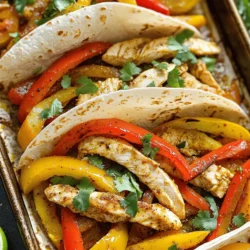 Chicken and Vegetables - 1.5 lbs boneless, skinless chicken breasts, sliced into thin strips - 2 bell peppers (one red, one yellow), sliced - 1 medium red onion, sliced - 3 cloves garlic, minced These fresh ingredients make the dish vibrant and tasty. The chicken provides protein, while the peppers and onion add color and crunch. Garlic gives depth and aroma. Seasoning and Cooking Essentials - 2 tablespoons olive oil - 2 tablespoons fajita seasoning (homemade or store-bought) - Juice of 1 lime - Salt and pepper to taste The olive oil helps everything cook evenly. Fajita seasoning brings that classic flavor. Lime juice adds a zesty kick, while salt and pepper enhance all the tastes. Garnishes and Serving Suggestions - Fresh cilantro, chopped (for garnish) - Tortillas (for serving) Cilantro adds freshness and makes your dish pop. Tortillas are a must for wrapping the fajitas. You can also serve with guacamole or salsa for added flavor. For the full recipe, check out the details above to guide your cooking journey! 1. Preheat your oven to 425°F (220°C). This high heat makes the chicken juicy and the veggies tender. 2. Line a large sheet pan with parchment paper. This helps with easy cleanup later. 3. Slice 1.5 lbs of boneless, skinless chicken breasts into thin strips. This helps the chicken cook evenly. 4. Slice 2 bell peppers, one red and one yellow, and 1 medium red onion. These add color and flavor. 5. Mince 3 cloves of garlic to bring out a delicious aroma. 1. In a big mixing bowl, combine the chicken, bell peppers, red onion, and minced garlic. 2. Drizzle 2 tablespoons of olive oil over the mixture. This helps the seasoning stick. 3. Add 2 tablespoons of fajita seasoning, juice of 1 lime, and salt and pepper to taste. 4. Toss everything together until the chicken and veggies are well coated. This step mixes the flavors nicely. 1. Spread the mixture evenly onto your prepared sheet pan. Make sure it’s in a single layer for even cooking. 2. Bake in the preheated oven for 20-25 minutes. Stir halfway through to ensure even cooking. 3. Check that the chicken is cooked through and the veggies are tender. The fajitas should smell amazing! 4. Let the pan cool for a few minutes before serving. Enjoy your hot and tasty meal wrapped in warm tortillas. For the full recipe, check out the delicious details. Achieving Optimal Cooking Time For the best chicken fajitas, aim for a cooking time of 20 to 25 minutes. This ensures that the chicken is juicy and tender while the veggies stay crisp. To check if the chicken is ready, use a meat thermometer. It should read 165°F. If you don’t have one, cut into a piece of chicken. It should be white and no longer pink inside. Ensuring Even Flavor Distribution To get great flavor in every bite, coat your chicken and veggies well with seasoning. Mix them in a bowl before spreading them on the sheet pan. Toss them thoroughly with the olive oil, fajita seasoning, lime juice, salt, and pepper. This helps ensure that every piece has that bold taste. Stir halfway through baking too for even cooking. Recommended Equipment You need a few key items to make this dish shine. A large sheet pan is essential for even cooking and easy cleanup. A mixing bowl helps combine the ingredients. A meat thermometer ensures your chicken is perfectly cooked. Helpful Utensils Having the right utensils makes cooking smoother. Use a sharp knife for slicing chicken and veggies. A spatula helps flip and serve the fajitas. Tongs are great for mixing and serving too. Garnishes for Visual Appeal Adding garnishes makes your dish look fun and fresh. Sprinkle chopped cilantro on top for a pop of green. You can also add lime wedges on the side for a zesty finish. Serving Style Suggestions Serve your fajitas in warm tortillas. You can place all the ingredients on a platter for a family-style meal. Let everyone build their own fajitas. This not only looks great but also makes eating more fun! For the complete recipe, check out the Full Recipe. {{image_2}} Protein Alternatives You can switch the chicken for other proteins. Shrimp, beef, or tofu work well. Shrimp cooks fast and adds a nice touch. Beef gives a richer flavor. For a vegan option, tofu absorbs spices well. Seasonal Vegetable Options Feel free to mix in seasonal veggies. Zucchini, corn, or asparagus can add color and taste. Use what you have on hand. This keeps the meal fresh and exciting. Spicy Enhancements If you like heat, add sliced jalapeños or cayenne pepper. You can also use a spicy marinade. This will kick the flavor up a notch. Marinades and Seasoning Alternatives Experiment with different marinades. A citrus-based marinade brings brightness. Or try a smoky chipotle seasoning for depth. Mixing and matching keeps the dish lively. Gluten-Free Alternatives To make this gluten-free, use corn tortillas. Check labels on seasonings, too. Many brands offer gluten-free options. Vegetarian/Vegan Substitutions For a vegetarian option, use black beans or lentils. They add protein and texture. Tofu or tempeh can also replace chicken for a vegan meal. Enjoy the full flavors without meat. For the full recipe, be sure to refer back to the main section. After cooking, let your fajitas cool. This step is key for safe storage. Place them in an airtight container. Store them in the fridge. They will stay fresh for up to three days. Make sure to label the container with the date. This helps you keep track of freshness. For reheating, I recommend using the oven. Preheat it to 350°F (175°C). Spread the fajitas on a baking sheet. Heat them for about 10-15 minutes. This method keeps the chicken juicy and the veggies crisp. If you use a microwave, place fajitas in a microwave-safe dish. Cover it with a damp paper towel. Heat in 30-second bursts to avoid overcooking. You can freeze fajitas before or after cooking. If freezing before cooking, place the mixture in a freezer bag. Remove as much air as possible. If freezing after cooking, let them cool and pack them in a container. To thaw, place the bag in the fridge overnight. For reheating, use the oven or microwave as mentioned above. This keeps the flavor and texture intact. How long do chicken fajitas take to cook? Chicken fajitas cook in about 20 to 25 minutes in the oven. Set the oven to 425°F (220°C). The chicken should be cooked through and the veggies tender. Can I use frozen chicken? Using frozen chicken is not the best choice for this recipe. It may not cook evenly and could take longer. Thaw the chicken first for best results. What can I serve with chicken fajitas? You can serve chicken fajitas with tortillas, guacamole, or salsa. Add fresh cilantro for flavor. A side salad also pairs well. Can I make fajitas in advance? Yes, you can prep chicken and veggies ahead of time. Store them in the fridge. Cook them when you are ready to eat. This saves time on busy nights. How do I know when the chicken is done? Check if the chicken is no longer pink inside. Use a meat thermometer to ensure it reaches 165°F (74°C). This keeps your meal safe and tasty. What can I use instead of fajita seasoning? If you lack fajita seasoning, mix chili powder, cumin, garlic powder, and paprika. This blend gives a similar flavor to your fajitas. Are there any low-carb alternatives for tortillas? Yes, you can use lettuce wraps for a low-carb option. They hold the filling well and add a fresh crunch. Zucchini or bell pepper slices also work great. For the complete cooking guide, check the Full Recipe for more details. To sum up, making sheet pan chicken fajitas is simple and fun. We covered the key ingredients, step-by-step cooking instructions, and great tips for success. You can customize your dish with various proteins and veggies to suit your taste. Remember to store leftovers properly and use reheating methods that keep flavors strong. Now, grab your ingredients and enjoy cooking a delicious meal that everyone will love!