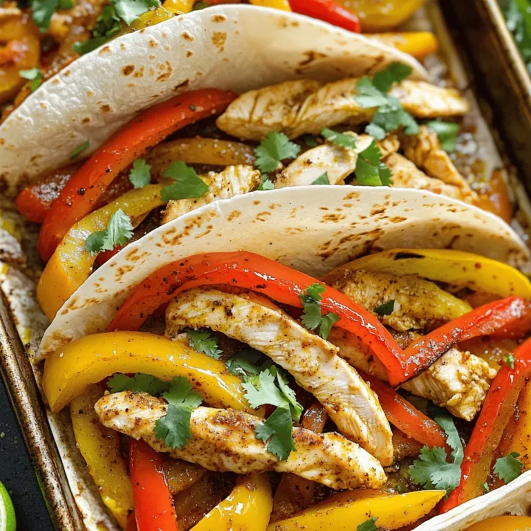 Chicken and Vegetables - 1.5 lbs boneless, skinless chicken breasts, sliced into thin strips - 2 bell peppers (one red, one yellow), sliced - 1 medium red onion, sliced - 3 cloves garlic, minced These fresh ingredients make the dish vibrant and tasty. The chicken provides protein, while the peppers and onion add color and crunch. Garlic gives depth and aroma. Seasoning and Cooking Essentials - 2 tablespoons olive oil - 2 tablespoons fajita seasoning (homemade or store-bought) - Juice of 1 lime - Salt and pepper to taste The olive oil helps everything cook evenly. Fajita seasoning brings that classic flavor. Lime juice adds a zesty kick, while salt and pepper enhance all the tastes. Garnishes and Serving Suggestions - Fresh cilantro, chopped (for garnish) - Tortillas (for serving) Cilantro adds freshness and makes your dish pop. Tortillas are a must for wrapping the fajitas. You can also serve with guacamole or salsa for added flavor. For the full recipe, check out the details above to guide your cooking journey! 1. Preheat your oven to 425°F (220°C). This high heat makes the chicken juicy and the veggies tender. 2. Line a large sheet pan with parchment paper. This helps with easy cleanup later. 3. Slice 1.5 lbs of boneless, skinless chicken breasts into thin strips. This helps the chicken cook evenly. 4. Slice 2 bell peppers, one red and one yellow, and 1 medium red onion. These add color and flavor. 5. Mince 3 cloves of garlic to bring out a delicious aroma. 1. In a big mixing bowl, combine the chicken, bell peppers, red onion, and minced garlic. 2. Drizzle 2 tablespoons of olive oil over the mixture. This helps the seasoning stick. 3. Add 2 tablespoons of fajita seasoning, juice of 1 lime, and salt and pepper to taste. 4. Toss everything together until the chicken and veggies are well coated. This step mixes the flavors nicely. 1. Spread the mixture evenly onto your prepared sheet pan. Make sure it’s in a single layer for even cooking. 2. Bake in the preheated oven for 20-25 minutes. Stir halfway through to ensure even cooking. 3. Check that the chicken is cooked through and the veggies are tender. The fajitas should smell amazing! 4. Let the pan cool for a few minutes before serving. Enjoy your hot and tasty meal wrapped in warm tortillas. For the full recipe, check out the delicious details. Achieving Optimal Cooking Time For the best chicken fajitas, aim for a cooking time of 20 to 25 minutes. This ensures that the chicken is juicy and tender while the veggies stay crisp. To check if the chicken is ready, use a meat thermometer. It should read 165°F. If you don’t have one, cut into a piece of chicken. It should be white and no longer pink inside. Ensuring Even Flavor Distribution To get great flavor in every bite, coat your chicken and veggies well with seasoning. Mix them in a bowl before spreading them on the sheet pan. Toss them thoroughly with the olive oil, fajita seasoning, lime juice, salt, and pepper. This helps ensure that every piece has that bold taste. Stir halfway through baking too for even cooking. Recommended Equipment You need a few key items to make this dish shine. A large sheet pan is essential for even cooking and easy cleanup. A mixing bowl helps combine the ingredients. A meat thermometer ensures your chicken is perfectly cooked. Helpful Utensils Having the right utensils makes cooking smoother. Use a sharp knife for slicing chicken and veggies. A spatula helps flip and serve the fajitas. Tongs are great for mixing and serving too. Garnishes for Visual Appeal Adding garnishes makes your dish look fun and fresh. Sprinkle chopped cilantro on top for a pop of green. You can also add lime wedges on the side for a zesty finish. Serving Style Suggestions Serve your fajitas in warm tortillas. You can place all the ingredients on a platter for a family-style meal. Let everyone build their own fajitas. This not only looks great but also makes eating more fun! For the complete recipe, check out the Full Recipe. {{image_2}} Protein Alternatives You can switch the chicken for other proteins. Shrimp, beef, or tofu work well. Shrimp cooks fast and adds a nice touch. Beef gives a richer flavor. For a vegan option, tofu absorbs spices well. Seasonal Vegetable Options Feel free to mix in seasonal veggies. Zucchini, corn, or asparagus can add color and taste. Use what you have on hand. This keeps the meal fresh and exciting. Spicy Enhancements If you like heat, add sliced jalapeños or cayenne pepper. You can also use a spicy marinade. This will kick the flavor up a notch. Marinades and Seasoning Alternatives Experiment with different marinades. A citrus-based marinade brings brightness. Or try a smoky chipotle seasoning for depth. Mixing and matching keeps the dish lively. Gluten-Free Alternatives To make this gluten-free, use corn tortillas. Check labels on seasonings, too. Many brands offer gluten-free options. Vegetarian/Vegan Substitutions For a vegetarian option, use black beans or lentils. They add protein and texture. Tofu or tempeh can also replace chicken for a vegan meal. Enjoy the full flavors without meat. For the full recipe, be sure to refer back to the main section. After cooking, let your fajitas cool. This step is key for safe storage. Place them in an airtight container. Store them in the fridge. They will stay fresh for up to three days. Make sure to label the container with the date. This helps you keep track of freshness. For reheating, I recommend using the oven. Preheat it to 350°F (175°C). Spread the fajitas on a baking sheet. Heat them for about 10-15 minutes. This method keeps the chicken juicy and the veggies crisp. If you use a microwave, place fajitas in a microwave-safe dish. Cover it with a damp paper towel. Heat in 30-second bursts to avoid overcooking. You can freeze fajitas before or after cooking. If freezing before cooking, place the mixture in a freezer bag. Remove as much air as possible. If freezing after cooking, let them cool and pack them in a container. To thaw, place the bag in the fridge overnight. For reheating, use the oven or microwave as mentioned above. This keeps the flavor and texture intact. How long do chicken fajitas take to cook? Chicken fajitas cook in about 20 to 25 minutes in the oven. Set the oven to 425°F (220°C). The chicken should be cooked through and the veggies tender. Can I use frozen chicken? Using frozen chicken is not the best choice for this recipe. It may not cook evenly and could take longer. Thaw the chicken first for best results. What can I serve with chicken fajitas? You can serve chicken fajitas with tortillas, guacamole, or salsa. Add fresh cilantro for flavor. A side salad also pairs well. Can I make fajitas in advance? Yes, you can prep chicken and veggies ahead of time. Store them in the fridge. Cook them when you are ready to eat. This saves time on busy nights. How do I know when the chicken is done? Check if the chicken is no longer pink inside. Use a meat thermometer to ensure it reaches 165°F (74°C). This keeps your meal safe and tasty. What can I use instead of fajita seasoning? If you lack fajita seasoning, mix chili powder, cumin, garlic powder, and paprika. This blend gives a similar flavor to your fajitas. Are there any low-carb alternatives for tortillas? Yes, you can use lettuce wraps for a low-carb option. They hold the filling well and add a fresh crunch. Zucchini or bell pepper slices also work great. For the complete cooking guide, check the Full Recipe for more details. To sum up, making sheet pan chicken fajitas is simple and fun. We covered the key ingredients, step-by-step cooking instructions, and great tips for success. You can customize your dish with various proteins and veggies to suit your taste. Remember to store leftovers properly and use reheating methods that keep flavors strong. Now, grab your ingredients and enjoy cooking a delicious meal that everyone will love!