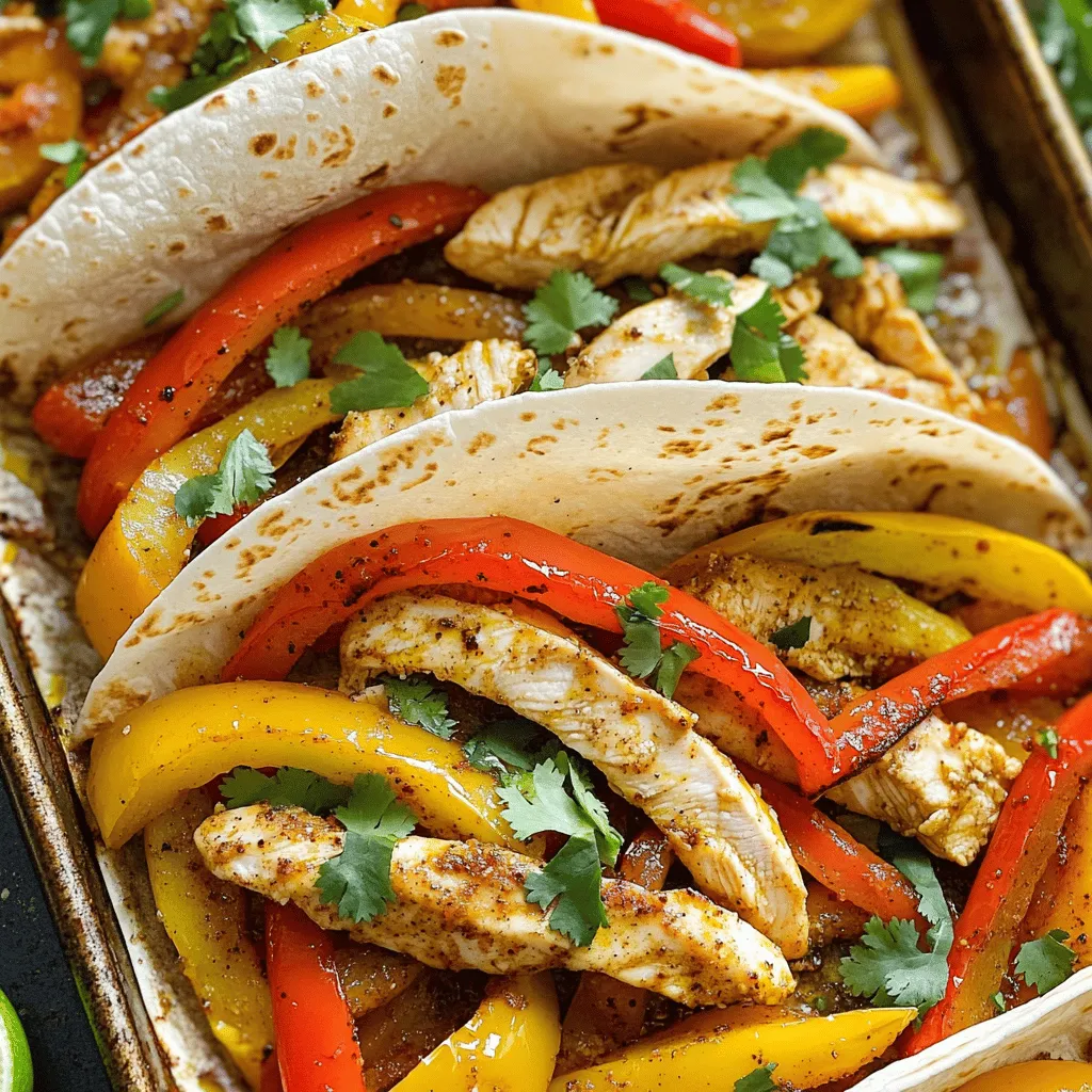 Chicken and Vegetables - 1.5 lbs boneless, skinless chicken breasts, sliced into thin strips - 2 bell peppers (one red, one yellow), sliced - 1 medium red onion, sliced - 3 cloves garlic, minced These fresh ingredients make the dish vibrant and tasty. The chicken provides protein, while the peppers and onion add color and crunch. Garlic gives depth and aroma. Seasoning and Cooking Essentials - 2 tablespoons olive oil - 2 tablespoons fajita seasoning (homemade or store-bought) - Juice of 1 lime - Salt and pepper to taste The olive oil helps everything cook evenly. Fajita seasoning brings that classic flavor. Lime juice adds a zesty kick, while salt and pepper enhance all the tastes. Garnishes and Serving Suggestions - Fresh cilantro, chopped (for garnish) - Tortillas (for serving) Cilantro adds freshness and makes your dish pop. Tortillas are a must for wrapping the fajitas. You can also serve with guacamole or salsa for added flavor. For the full recipe, check out the details above to guide your cooking journey! 1. Preheat your oven to 425°F (220°C). This high heat makes the chicken juicy and the veggies tender. 2. Line a large sheet pan with parchment paper. This helps with easy cleanup later. 3. Slice 1.5 lbs of boneless, skinless chicken breasts into thin strips. This helps the chicken cook evenly. 4. Slice 2 bell peppers, one red and one yellow, and 1 medium red onion. These add color and flavor. 5. Mince 3 cloves of garlic to bring out a delicious aroma. 1. In a big mixing bowl, combine the chicken, bell peppers, red onion, and minced garlic. 2. Drizzle 2 tablespoons of olive oil over the mixture. This helps the seasoning stick. 3. Add 2 tablespoons of fajita seasoning, juice of 1 lime, and salt and pepper to taste. 4. Toss everything together until the chicken and veggies are well coated. This step mixes the flavors nicely. 1. Spread the mixture evenly onto your prepared sheet pan. Make sure it’s in a single layer for even cooking. 2. Bake in the preheated oven for 20-25 minutes. Stir halfway through to ensure even cooking. 3. Check that the chicken is cooked through and the veggies are tender. The fajitas should smell amazing! 4. Let the pan cool for a few minutes before serving. Enjoy your hot and tasty meal wrapped in warm tortillas. For the full recipe, check out the delicious details. Achieving Optimal Cooking Time For the best chicken fajitas, aim for a cooking time of 20 to 25 minutes. This ensures that the chicken is juicy and tender while the veggies stay crisp. To check if the chicken is ready, use a meat thermometer. It should read 165°F. If you don’t have one, cut into a piece of chicken. It should be white and no longer pink inside. Ensuring Even Flavor Distribution To get great flavor in every bite, coat your chicken and veggies well with seasoning. Mix them in a bowl before spreading them on the sheet pan. Toss them thoroughly with the olive oil, fajita seasoning, lime juice, salt, and pepper. This helps ensure that every piece has that bold taste. Stir halfway through baking too for even cooking. Recommended Equipment You need a few key items to make this dish shine. A large sheet pan is essential for even cooking and easy cleanup. A mixing bowl helps combine the ingredients. A meat thermometer ensures your chicken is perfectly cooked. Helpful Utensils Having the right utensils makes cooking smoother. Use a sharp knife for slicing chicken and veggies. A spatula helps flip and serve the fajitas. Tongs are great for mixing and serving too. Garnishes for Visual Appeal Adding garnishes makes your dish look fun and fresh. Sprinkle chopped cilantro on top for a pop of green. You can also add lime wedges on the side for a zesty finish. Serving Style Suggestions Serve your fajitas in warm tortillas. You can place all the ingredients on a platter for a family-style meal. Let everyone build their own fajitas. This not only looks great but also makes eating more fun! For the complete recipe, check out the Full Recipe. {{image_2}} Protein Alternatives You can switch the chicken for other proteins. Shrimp, beef, or tofu work well. Shrimp cooks fast and adds a nice touch. Beef gives a richer flavor. For a vegan option, tofu absorbs spices well. Seasonal Vegetable Options Feel free to mix in seasonal veggies. Zucchini, corn, or asparagus can add color and taste. Use what you have on hand. This keeps the meal fresh and exciting. Spicy Enhancements If you like heat, add sliced jalapeños or cayenne pepper. You can also use a spicy marinade. This will kick the flavor up a notch. Marinades and Seasoning Alternatives Experiment with different marinades. A citrus-based marinade brings brightness. Or try a smoky chipotle seasoning for depth. Mixing and matching keeps the dish lively. Gluten-Free Alternatives To make this gluten-free, use corn tortillas. Check labels on seasonings, too. Many brands offer gluten-free options. Vegetarian/Vegan Substitutions For a vegetarian option, use black beans or lentils. They add protein and texture. Tofu or tempeh can also replace chicken for a vegan meal. Enjoy the full flavors without meat. For the full recipe, be sure to refer back to the main section. After cooking, let your fajitas cool. This step is key for safe storage. Place them in an airtight container. Store them in the fridge. They will stay fresh for up to three days. Make sure to label the container with the date. This helps you keep track of freshness. For reheating, I recommend using the oven. Preheat it to 350°F (175°C). Spread the fajitas on a baking sheet. Heat them for about 10-15 minutes. This method keeps the chicken juicy and the veggies crisp. If you use a microwave, place fajitas in a microwave-safe dish. Cover it with a damp paper towel. Heat in 30-second bursts to avoid overcooking. You can freeze fajitas before or after cooking. If freezing before cooking, place the mixture in a freezer bag. Remove as much air as possible. If freezing after cooking, let them cool and pack them in a container. To thaw, place the bag in the fridge overnight. For reheating, use the oven or microwave as mentioned above. This keeps the flavor and texture intact. How long do chicken fajitas take to cook? Chicken fajitas cook in about 20 to 25 minutes in the oven. Set the oven to 425°F (220°C). The chicken should be cooked through and the veggies tender. Can I use frozen chicken? Using frozen chicken is not the best choice for this recipe. It may not cook evenly and could take longer. Thaw the chicken first for best results. What can I serve with chicken fajitas? You can serve chicken fajitas with tortillas, guacamole, or salsa. Add fresh cilantro for flavor. A side salad also pairs well. Can I make fajitas in advance? Yes, you can prep chicken and veggies ahead of time. Store them in the fridge. Cook them when you are ready to eat. This saves time on busy nights. How do I know when the chicken is done? Check if the chicken is no longer pink inside. Use a meat thermometer to ensure it reaches 165°F (74°C). This keeps your meal safe and tasty. What can I use instead of fajita seasoning? If you lack fajita seasoning, mix chili powder, cumin, garlic powder, and paprika. This blend gives a similar flavor to your fajitas. Are there any low-carb alternatives for tortillas? Yes, you can use lettuce wraps for a low-carb option. They hold the filling well and add a fresh crunch. Zucchini or bell pepper slices also work great. For the complete cooking guide, check the Full Recipe for more details. To sum up, making sheet pan chicken fajitas is simple and fun. We covered the key ingredients, step-by-step cooking instructions, and great tips for success. You can customize your dish with various proteins and veggies to suit your taste. Remember to store leftovers properly and use reheating methods that keep flavors strong. Now, grab your ingredients and enjoy cooking a delicious meal that everyone will love!