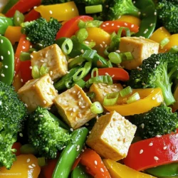 - 1 block (14 oz) firm tofu, drained and cubed - 2 tablespoons sesame oil - 2 cups broccoli florets - 1 red bell pepper, sliced - 1 yellow bell pepper, sliced - 1 cup snap peas, trimmed - 1 carrot, julienned - 3 green onions, chopped - 2 cloves garlic, minced - 1 tablespoon fresh ginger, grated - 3 tablespoons soy sauce (low sodium) - 1 tablespoon rice vinegar - 1 teaspoon chili flakes (optional) - Salt and pepper to taste - Sesame seeds for garnish To create a great vegetable stir fry, you need fresh and colorful ingredients. Start with firm tofu. It holds its shape well during cooking. Fresh vegetables add flavor and nutrition. I love using broccoli, bell peppers, snap peas, and carrots. These veggies bring a mix of color and crunch to the dish. Next, you need cooking oil. Sesame oil adds a lovely nutty taste. It also helps to fry the tofu and vegetables. Seasonings and sauces are key for flavor. Soy sauce provides saltiness, while rice vinegar adds some tang. You might want chili flakes for a kick. Before you cook, gather all these ingredients. Having everything ready makes cooking faster and easier. This way, you can focus on enjoying the process and creating a tasty meal. You can find the full recipe at the end of this section for detailed steps. Pressing and Cubing Tofu To start, you need to press the tofu. This step helps remove extra water. Wrap the tofu in a clean kitchen towel. Place a heavy object on top. Leave it for about 15 minutes. After pressing, cut the tofu into 1-inch cubes. This size helps it cook evenly and brown nicely. Cooking Tofu Until Golden Next, heat 1 tablespoon of sesame oil in a large skillet or wok. Use medium-high heat for the best results. Add the cubed tofu to the skillet. Cook until it turns a lovely golden brown. This should take about 10 minutes. Stir occasionally to avoid sticking. Once done, remove the tofu and set it aside. Stir-Frying Vegetables In the same skillet, add another tablespoon of sesame oil. Next, add minced garlic and grated ginger. Sauté for about 30 seconds until it smells great. Then, add the broccoli, bell peppers, snap peas, and carrot. Stir-fry these for about 5-7 minutes. You want them tender but still crisp. Combining All Ingredients Now, return the cooked tofu to the skillet. Pour in the soy sauce and rice vinegar. If you like a little heat, add chili flakes. Toss everything together well. Cook for an additional 2-3 minutes to heat it all through. Finally, season with salt and pepper to taste. Stir in the chopped green onions just before serving. For more details, check the Full Recipe. When you pick tofu, you will see two types: firm and extra firm. Firm tofu is great for stir fry. It holds its shape and absorbs flavors well. Extra firm tofu has less water. It provides a chewier texture, perfect for grilling or frying. For this recipe, use firm tofu. It works best in our colorful vegetable stir fry. Want crispy tofu? Here are some tips. First, press the tofu. This removes excess water. Wrap it in a towel, then place something heavy on top. Let it sit for about 15 minutes. Second, cook it in hot sesame oil. This gives it a lovely golden crust. Don’t overcrowd the pan. Cook in batches if needed. This ensures each piece becomes crispy. This stir fry pairs well with rice or noodles. White rice is a classic choice. It soaks up the flavors nicely. You can also use brown rice for a healthier option. If you love noodles, try soba or rice noodles. They add a different texture. Serve your stir fry hot and sprinkle sesame seeds on top for a lovely finish. Want more ideas? Check out the Full Recipe for other serving tips! {{image_2}} You can change the veggies in your stir fry. Use seasonal options for the best taste. In spring, try asparagus and snap peas. In summer, add zucchini and bell peppers. Fall brings butternut squash and Brussels sprouts. In winter, use sturdy greens like kale or bok choy. Mix and match to keep it fresh. If you want a different protein, try tempeh or seitan. Tempeh has a nutty taste and a firm texture. It cooks well and absorbs flavors. Seitan is also great. It has a chewy texture that mimics meat. Both options work well in this recipe, just like tofu. You can adjust the heat and sweetness to fit your taste. For spice, add more chili flakes or some sriracha. If you like it sweet, drizzle some honey or maple syrup. You can balance flavors easily. Experiment to find your perfect blend. Enjoy making this dish your own! To keep your vegetable stir fry fresh, store it in an airtight container. Let the dish cool to room temperature. Once cooled, cover it tightly and place it in the fridge. It’s best to eat leftovers within three days for the best taste. To reheat, use a skillet for the best texture. Heat the skillet over medium heat. Add a splash of water or a little oil to prevent sticking. Stir the mix gently until it's warmed through. You can also use a microwave, but this may make the tofu softer. Heat in short bursts and stir in between to keep everything even. You can freeze stir fry, but tofu may change texture. To freeze, place the stir fry in a freezer-safe bag. Squeeze out as much air as possible. Label the bag with the date. It can last up to three months. To thaw, move it to the fridge overnight. Reheat it in a skillet for the best results. Vegetable stir fry with tofu lasts about 3 to 5 days in the fridge. Store it in an airtight container to keep it fresh. This dish holds up well because the veggies stay crunchy. If you notice any off smells or changes in color, it’s best to throw it out. Yes, you can make this recipe ahead of time. Prepare the stir fry, then cool it quickly. Store it in the fridge in an airtight container. You can also chop the veggies and press the tofu the day before. When you are ready to eat, just heat it in a pan or microwave. The basic version of vegetable stir fry with tofu can be gluten-free. Use gluten-free soy sauce or tamari instead of regular soy sauce. Always check labels to ensure your ingredients are gluten-free. By making these swaps, you can enjoy this tasty dish without worries. In this blog post, we covered how to make a delicious vegetable stir fry with tofu. We discussed the key ingredients, step-by-step cooking methods, and helpful tips for the best flavor and texture. You learned how to select the right tofu, enhance your dish, and explore various options for ingredients. Enjoy experimenting with different veggies and flavors. This easy recipe is both nutritious and versatile. Whether you enjoy it right away or save it for later, stir fry can always impress!